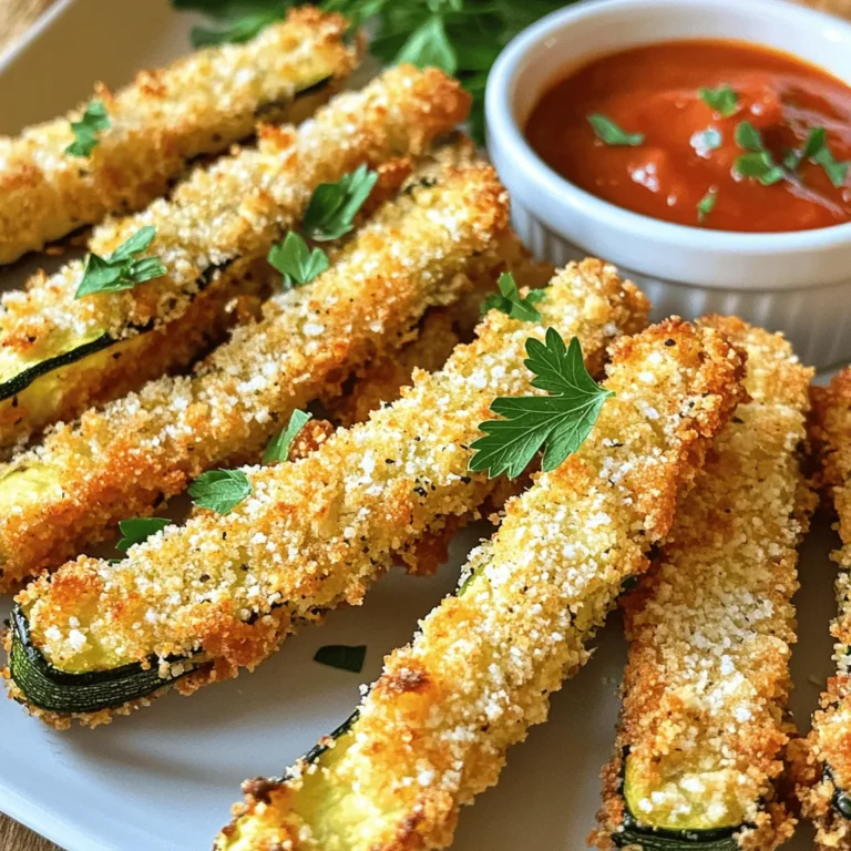 To make crispy Air Fryer Parmesan Zucchini Fries, you need simple ingredients. Here’s the list of what you will need: - Zucchinis - Parmesan cheese - Breadcrumbs - Seasonings - Egg - Cooking spray First, choose two medium zucchinis. Cut them into fry shapes, about 4-5 inches long. The zucchini gives a fresh taste. Next, grab half a cup of grated Parmesan cheese. This cheese adds a rich flavor and a nice crunch. For the crunch factor, use half a cup of breadcrumbs. You can use panko for extra crispiness or regular ones. Then, gather your seasonings. You will need one teaspoon each of garlic powder, onion powder, and Italian seasoning. Don't forget a pinch of salt and pepper to taste. You also need one large egg. It helps the coating stick to the zucchini. Lastly, you’ll need cooking spray. This is key for achieving that golden, crispy finish. With these ingredients ready, you are all set to create a tasty snack that is perfect for any occasion! First, set your air fryer to 400°F (200°C). Preheating helps the fries cook evenly. This step takes about 5 minutes. While it heats, you can prepare the rest. In a bowl, mix the following ingredients: - 1/2 cup grated Parmesan cheese - 1/2 cup breadcrumbs - 1 teaspoon garlic powder - 1 teaspoon onion powder - 1 teaspoon Italian seasoning - Salt and pepper to taste Stir well to blend all the flavors. In another bowl, beat one large egg. This egg will help the coating stick to the zucchini. Cut two medium zucchinis into fries. Each fry should be about 4-5 inches long. Dip each zucchini fry into the egg. Let the excess egg drip off. Then, coat it in the Parmesan mixture. Press lightly to ensure the coating sticks well. Place the coated fries in a single layer in the air fryer basket. Lightly spray them with cooking spray for extra crispiness. - Cooking time and temperature: Air fry the zucchini fries for 10-12 minutes. - Flipping guidelines: Flip the fries halfway through cooking. This ensures they brown evenly on both sides. Once golden brown and crispy, remove them from the air fryer. Let them cool for a couple of minutes before serving. Enjoy your healthy snack! To get that perfect crispiness, cooking spray is key. It helps the fries brown nicely and keeps them crunchy. Without it, the fries may turn out soggy. Use a light spray before cooking. When choosing between panko and regular breadcrumbs, I recommend panko. Panko is coarser and gives a better crunch. Regular breadcrumbs work, but they might not be as crispy. So, go for panko when you can! To make your zucchini fries even tastier, add some extra spices. Consider using paprika or cayenne pepper for a kick. Fresh herbs like basil or oregano can also brighten up the flavor. Just mix them into the breadcrumb mixture for a burst of taste. Presentation makes a big difference! Serve the fries on a nice platter. Add a small bowl of marinara sauce or ranch dressing for dipping. A sprinkle of fresh parsley on top adds a touch of color and makes the dish pop. This simple step elevates your snack from good to great! {{image_2}} For a vegan option, swap the egg with a flaxseed mixture. Combine 1 tablespoon of ground flaxseed with 2.5 tablespoons of water. Let it sit for a few minutes until it thickens. This mixture helps the coating stick just like the egg does. You can also use nutritional yeast instead of Parmesan for a cheesy flavor. If you're looking for a gluten-free option, choose gluten-free breadcrumbs. Many stores sell these, or you can make your own from gluten-free bread. This keeps your fries crispy and tasty without any gluten. To make spicy zucchini fries, add cayenne pepper or chili powder to your seasoning mix. Start with 1/4 teaspoon and adjust to your taste. This adds a nice kick to the fries, perfect for spice lovers. For cheesy zucchini fries, mix in extra cheese to your coating. You can add cheddar or mozzarella to the Parmesan. This gives the fries a rich, cheesy flavor. Just be careful not to overload them, as it may affect the crispiness. To store leftover zucchini fries, let them cool first. Place them in an airtight container. Keep them in the fridge for up to three days. If you want to keep them longer, consider freezing. To keep zucchini fries crispy when reheating, use the air fryer. Preheat it to 350°F (175°C). Place the fries in a single layer. Heat them for about 5-7 minutes. This method helps restore their crunch. You can freeze zucchini fries for up to three months. For best results, freeze them uncooked. Arrange the uncooked fries in a single layer on a baking sheet. Freeze until solid, then transfer to a freezer bag. When ready to cook, you can air fry them straight from the freezer. Adjust the cooking time to about 15-18 minutes. Yes, you can! Try using carrots, sweet potatoes, or eggplant. Each veggie adds a unique flavor and texture. Cut them into fry shapes like the zucchini. Adjust the cooking time, as some veggies may take longer or shorter to cook. You can use a mixture of flour and water instead. Mix one tablespoon of flour with two tablespoons of water to create a paste. Dip the zucchini fries into this mixture before coating them with the breadcrumb mix. This helps the coating stick without using egg. To ensure crispiness, follow these tips: - Use cooking spray to coat the fries lightly. - Avoid overcrowding the air fryer basket, which traps steam. - Flip the fries halfway through cooking to get even crispiness. - Consider using panko breadcrumbs, as they provide a crunchier texture. Zucchini fries taste great with many sauces! Here are some popular choices: - Marinara sauce adds a classic touch. - Ranch dressing gives a creamy, cool contrast. - Garlic aioli offers a flavorful kick. - Spicy ketchup can add a fun twist. Experiment with your favorites for added fun! You learned how to make crispy, tasty zucchini fries using simple ingredients. We covered the steps, from prepping your vegetables to air frying them just right. I also shared tips on flavor and variations to keep meals exciting. Storing and reheating your fries can keep them fresh for later. Feel free to experiment with different veggies and seasonings to find your perfect match. Enjoy these easy, healthy bites!