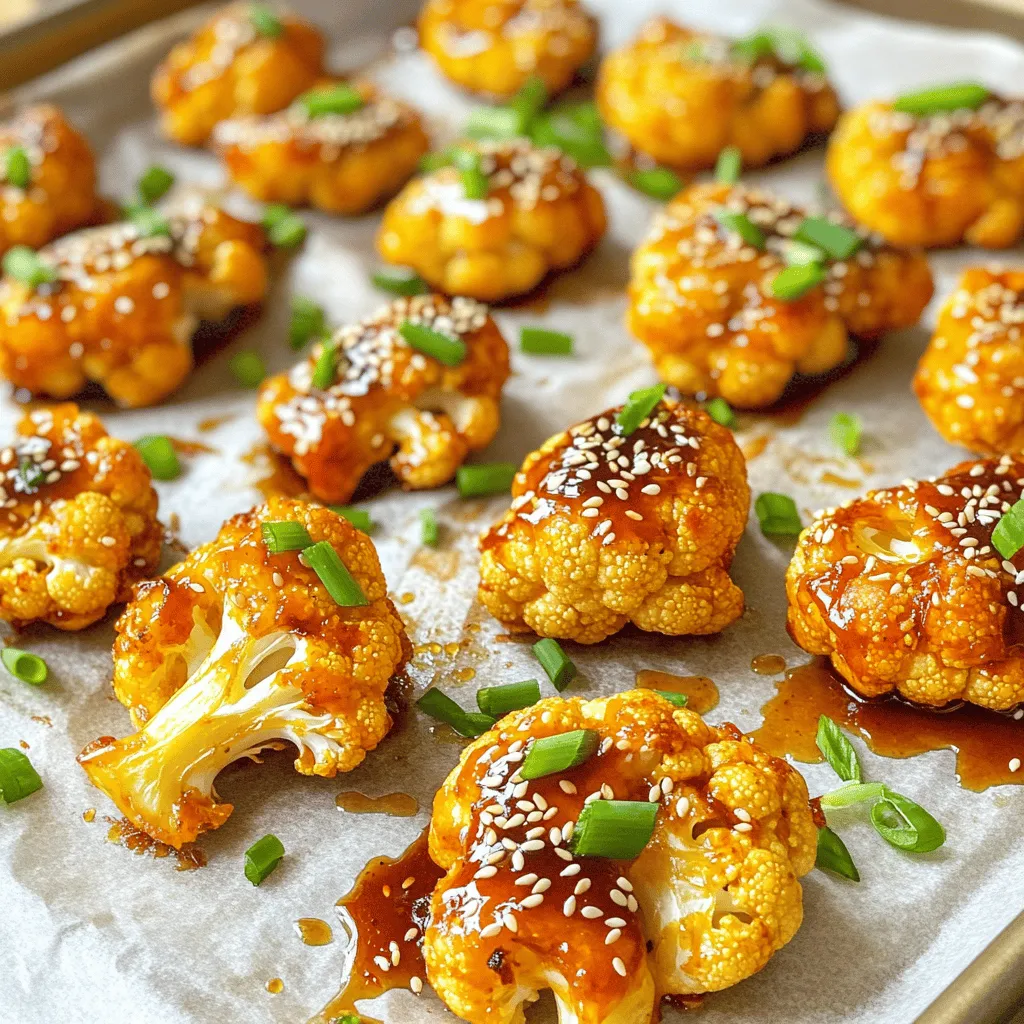 - 1 large head of cauliflower - Gochujang chili paste - Honey or maple syrup - Soy sauce - Sesame oil - Minced garlic - Fresh ginger - Rice vinegar - Sesame seeds - Chopped green onions - Salt and pepper to taste - You can swap honey with agave syrup. - Use tamari for a gluten-free option. Korean Baked Cauliflower is easy and fun to make. First, get your main ingredients. You need one big head of cauliflower. Cut it into small florets. Then, gather your flavor boosters. Gochujang is key for heat. You can find it in most stores. Honey or maple syrup adds sweetness. Soy sauce brings umami, and sesame oil adds richness. Next, we need some extra goodies. Minced garlic gives a nice kick. Fresh ginger adds warmth. Rice vinegar helps balance the flavors. Don't forget sesame seeds for crunch. Chopped green onions make it pretty and fresh. Lastly, season it right. Salt and pepper will enhance the taste. You can also adjust the heat. If you want it hotter, add more gochujang. If you're sensitive to spice, use less. You can even substitute some ingredients to fit your needs. Try tamari instead of soy sauce for a gluten-free dish. Enjoy cooking this tasty and simple recipe! 1. Prepping the oven and baking sheet Start by preheating your oven to 425°F (220°C). This heat will make your cauliflower crispy. Next, line a baking sheet with parchment paper. This keeps the cauliflower from sticking. 2. Mixing the marinade ingredients In a large mixing bowl, combine the marinade. Whisk together 3 tablespoons of gochujang, 2 tablespoons of honey or maple syrup, 2 tablespoons of soy sauce, and 1 tablespoon of sesame oil. Then, add 2 cloves of minced garlic, 1 tablespoon of grated fresh ginger, and 2 tablespoons of rice vinegar. Don’t forget to add salt and pepper to taste. Mix until everything is well blended. 1. Tossing florets in marinade Take your large head of cauliflower, cut into florets. Place the florets into the bowl with the marinade. Toss them gently until each piece is well coated. This step is key for flavor. 2. Spreading on the baking sheet Once coated, spread the cauliflower evenly on the prepared baking sheet. Make sure to lay them in a single layer. This helps them cook evenly and get that nice crisp. 1. Recommended baking time and temperature Put the baking sheet in your preheated oven. Bake for about 25-30 minutes. The cauliflower should turn tender and slightly crispy on the edges. 2. Importance of stirring halfway through Halfway through baking, stir the cauliflower. This ensures that all sides get that golden color. It prevents some pieces from cooking too much while others are still raw. To get that crispy texture, try these tips: - Cut the cauliflower into small florets. Smaller pieces cook more evenly. - Toss the florets well in the marinade. Make sure every piece is coated. - Spread the florets in a single layer on the baking sheet. This helps them crisp up. To avoid mushy cauliflower, follow this advice: - Don’t overbake; keep an eye on the time. Aim for 25-30 minutes. - Stir halfway through baking. This helps them cook evenly. To boost the flavor of your Korean Baked Cauliflower, consider these additions: - Add a pinch of smoked paprika for a smoky twist. - Mix in some chili flakes for extra heat. For marinating time, here are my suggestions: - Let the cauliflower sit in the marinade for at least 15 minutes. - For more flavor, marinate for up to an hour. Pair your Korean Baked Cauliflower with these ideas: - Serve it as a side with rice or noodles. - Enjoy it with grilled chicken or tofu for a complete meal. For presentation tips: - Use a colorful plate to make it pop. - Sprinkle extra sesame seeds and green onions on top before serving. {{image_2}} You can change the taste of Korean Baked Cauliflower easily. For a spicier dish, add extra chili to the marinade. This gives a kick and heat. You can also play with sweetness. Try using different syrups like agave or brown sugar. This makes the dish more sweet and caramelized. You can make this dish fit many diets. For a vegan option, use maple syrup instead of honey. Be sure to choose gluten-free soy sauce if you need it. You can also tweak it for low-carb or keto diets. Replace honey with a sugar substitute like erythritol. This keeps it tasty while lowering carbs. If you want a healthier choice, try air frying the cauliflower. This method can cut down on oil and keep it crispy. Just adjust the time to about 15-20 minutes. Grilling cauliflower is another great option. It adds a smoky flavor that complements the spices well. Just make sure to watch it closely on the grill. To keep your Korean baked cauliflower fresh, follow these tips: - Refrigerate: Place the cooled cauliflower in an airtight container. - Avoid moisture: Make sure to let it cool before sealing. - Use within 3-4 days: This keeps it tasty and safe to eat. If you want to freeze it: - Spread on a tray: Freeze the florets first to prevent clumping. - Transfer to a bag: Once frozen, move them to a freezer-safe bag. - Use within 2-3 months: This will keep the flavor intact. You can reheat your leftovers in two ways: the oven or the microwave. - Oven: Preheat to 350°F (175°C). Place cauliflower on a baking sheet. Heat for about 10-15 minutes, stirring once. - Microwave: Heat for 2-3 minutes, checking halfway through. To keep the texture: - Oven gives a crispy edge. - Microwave keeps it soft but may lose some crispness. In the fridge, your Korean baked cauliflower lasts about 3-4 days. Signs of spoilage include: - Off smell. - Slimy texture. - Discoloration or mold. If you notice any of these, toss it out. Enjoy your delicious dish safely! You can serve Korean Baked Cauliflower as a side dish or a main course. Here are some tasty ideas: - Rice: Steamed white or brown rice pairs well. - Noodles: Try it with soba or udon noodles. - Salad: A fresh green salad adds crunch. - Kimchi: The spicy, tangy taste of kimchi complements this dish. - Grilled Meats: Serve with chicken, beef, or tofu for a full meal. - Dipping Sauce: A soy sauce or sesame dipping sauce works great. Yes, you can use frozen cauliflower. Frozen cauliflower is convenient and saves time. Here are some tips: - Thaw First: Let it thaw and drain any excess water before cooking. This helps to avoid sogginess. - Cooking Time: You may need to adjust the baking time since frozen florets can cook faster. Fresh cauliflower gives a better texture. However, frozen works in a pinch. The spice level comes from gochujang, which is Korean chili paste. It can be sweet and spicy. Here’s how to adjust the heat: - Mild: Use less gochujang or mix with more honey. - Spicy: Add more gochujang for extra heat. - Taste Test: Always taste the marinade before coating the cauliflower. This way, you can find the right heat for you! In this blog, I covered how to make Korean Baked Cauliflower. You learned about the key ingredients, including gochujang, honey, and sesame oil. I walked you through the preparation and baking steps, along with tips for achieving the perfect texture. This dish is versatile, with options for spice levels and cooking methods. Remember to store leftovers properly and enjoy them later. I'm excited for you to try this easy and tasty recipe! Let the flavors shine in your kitchen.