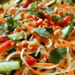 - 8 oz rice noodles - 1 cup shredded carrots - 1 red bell pepper, sliced - 1 cucumber, julienned - 1/4 cup green onions, chopped - 1/4 cup fresh cilantro, chopped Rice noodles are the base of this dish. They soak up the sauce well. Fresh vegetables add crunch and color. I love using shredded carrots, red bell pepper, and cucumber. They bring a mix of flavors and textures. Green onions and cilantro give it a fresh kick. - 1/2 cup creamy peanut butter - 2 tablespoons soy sauce - 2 tablespoons lime juice - 1 tablespoon honey - 1 tablespoon sriracha (adjust to taste) - 1 tablespoon sesame oil - 1/4 cup chopped peanuts for garnish The dressing is key to this salad. Creamy peanut butter forms the base. Soy sauce adds saltiness, while lime juice brings a tangy twist. Honey adds sweetness and balances the heat from sriracha. Sesame oil gives a nice finish. Chopped peanuts on top add crunch and flavor. To start, bring a large pot of water to a boil. Add 8 oz of rice noodles to the pot. Cook the noodles for about 5-7 minutes, or until they are tender. Make sure to check the package for exact times. Once cooked, drain the noodles and rinse them under cold water. This stops the cooking and keeps them from sticking together. While your noodles cook, it's time to chop your veggies. Grab your fresh ingredients and start with the carrots. Use a grater to shred 1 cup of carrots. Next, take the red bell pepper and slice it thinly. For the cucumber, use a knife to julienne it into thin strips. Finally, chop 1/4 cup each of green onions and fresh cilantro. When picking vegetables, look for bright colors and firm textures. Fresh veggies make your salad pop! Now, let's whip up that tasty peanut dressing. In a mixing bowl, add 1/2 cup of creamy peanut butter, 2 tablespoons of soy sauce, 2 tablespoons of lime juice, 1 tablespoon of honey, 1 tablespoon of sriracha, and 1 tablespoon of sesame oil. Whisk these ingredients together until smooth. If the dressing feels too thick, just add a teaspoon of warm water. This helps you reach the perfect consistency for drizzling. You can easily change this recipe to fit your taste. Here are a few ideas: - Ingredient substitutions: If you don't have rice noodles, try using soba or udon noodles. For a gluten-free option, choose rice vermicelli. You can swap the veggies too. Use bell peppers, snap peas, or edamame for variety. For a crunch, add water chestnuts or radishes. - Adjusting spice levels: If you like it less spicy, cut back on the sriracha. Start with half a tablespoon and add more if needed. You can also add a touch of sugar to balance the heat if it gets too spicy. How you serve the dish makes a big difference. Here are some fun ways to present your salad: - Serving ideas: Divide the salad into bowls or plates. You can serve it cold or at room temperature. For a family-style meal, place it all in one large bowl for sharing. - Garnishing with peanuts and herbs: Top each serving with chopped peanuts for a crunchy bite. Add fresh cilantro or basil for a pop of color. You could even squeeze lime wedges on top for added zest. These tips will help you make this dish your own while keeping it tasty and fun! {{image_2}} You can add proteins to make this dish heartier. Try chicken or shrimp for meat options. Grilled tofu or tempeh works well for plant-based choices. Cook the proteins separately, then mix them with the noodles and veggies. This boost makes the salad filling and satisfying. While rice noodles are great, you can switch them up. Soba noodles or whole wheat pasta are tasty alternatives. If you want gluten-free, try zucchini noodles or even quinoa. Each type of noodle changes the texture and flavor, so feel free to experiment! To make your salad even more exciting, add spices and toppings. Crushed red pepper flakes give a nice kick. You might also sprinkle sesame seeds for crunch. Fresh herbs like mint or basil can brighten the dish. These simple tweaks will elevate your spicy peanut noodle salad. To store your Spicy Peanut Noodle Salad, place it in an airtight container. This keeps the flavors fresh and prevents spills. Make sure the salad is cool before sealing. If you have extra dressing, store it separately. This helps keep the noodles from getting soggy. You can also add fresh toppings later for a crunchier bite. If you want to enjoy the noodles warm, heat them in a pan. Use low heat and add a splash of water. This will help steam the noodles without drying them out. Stir gently to avoid clumping. You can also microwave them for about 30 seconds. Just make sure to cover them to keep moisture in. The salad stays fresh in the fridge for up to three days. After that, the veggies lose their crunch, and the flavors fade. Always check for any off-smells or changes in color before eating. If it looks or smells strange, it’s best to toss it out. This dish takes just 15 minutes to make. You begin by boiling the water. Cook the rice noodles for 5-7 minutes. While they cook, you can chop the veggies. Once the noodles are ready, mix them with your fresh ingredients and the peanut dressing. It’s a fast and tasty meal! Yes, you can prepare this salad in advance. Make the noodles and chop the veggies ahead. Store them in the fridge separately. You can mix them with the dressing just before serving. This keeps the noodles and veggies fresh and crunchy. It’s perfect for meal prep or lunch! If you have nut allergies, you can try sun butter or tahini. Both give a nice flavor without nuts. You can also use almond butter if you prefer. Just be aware of any allergies. Choose what fits your taste and needs best! This blog post covered making a Spicy Peanut Noodle Salad. We discussed the main ingredients like rice noodles and fresh veggies. I shared how to cook the noodles and prepare the dressing. You can customize the dish with proteins and different noodles. Remember to store leftovers well to keep them fresh. This salad is adaptable and fun to make. Try new flavors and ingredients to make it your own. Enjoy your cooking adventure!