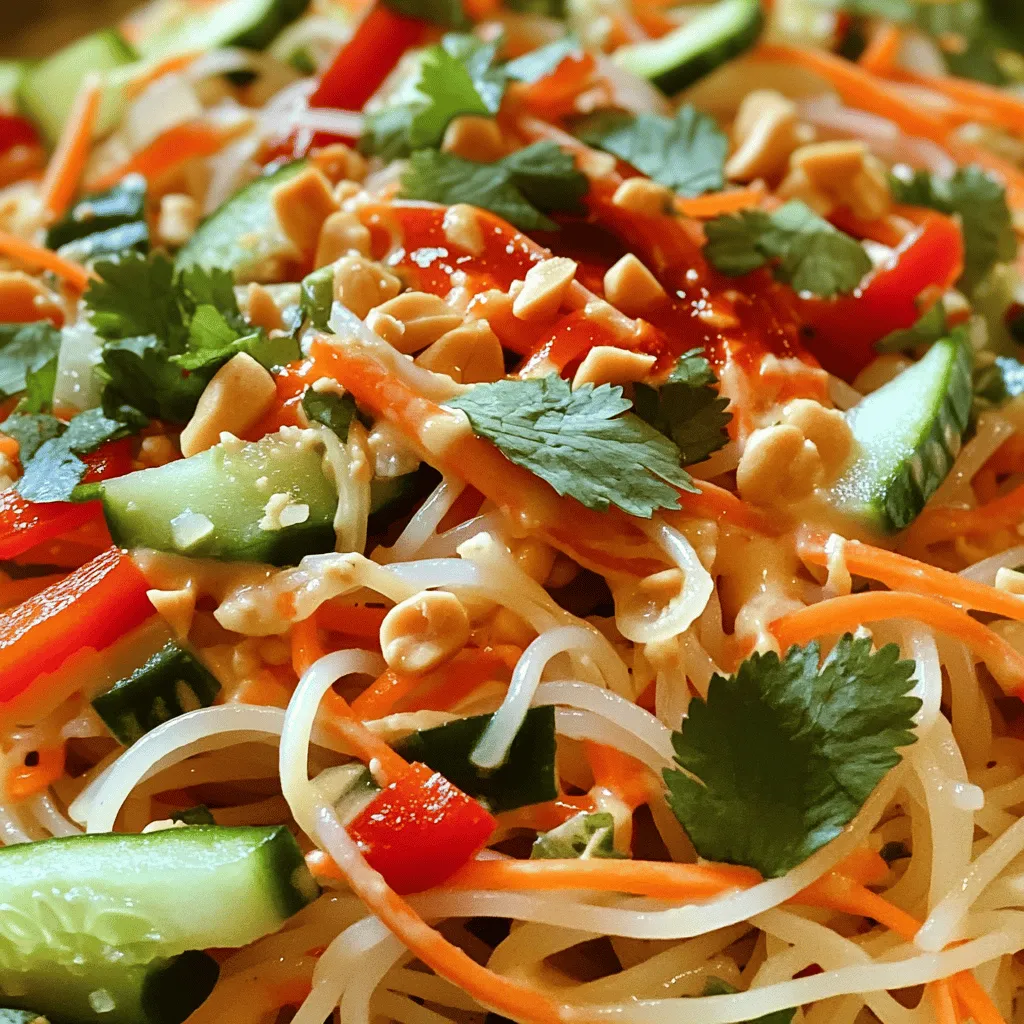 - 8 oz rice noodles - 1 cup shredded carrots - 1 red bell pepper, sliced - 1 cucumber, julienned - 1/4 cup green onions, chopped - 1/4 cup fresh cilantro, chopped Rice noodles are the base of this dish. They soak up the sauce well. Fresh vegetables add crunch and color. I love using shredded carrots, red bell pepper, and cucumber. They bring a mix of flavors and textures. Green onions and cilantro give it a fresh kick. - 1/2 cup creamy peanut butter - 2 tablespoons soy sauce - 2 tablespoons lime juice - 1 tablespoon honey - 1 tablespoon sriracha (adjust to taste) - 1 tablespoon sesame oil - 1/4 cup chopped peanuts for garnish The dressing is key to this salad. Creamy peanut butter forms the base. Soy sauce adds saltiness, while lime juice brings a tangy twist. Honey adds sweetness and balances the heat from sriracha. Sesame oil gives a nice finish. Chopped peanuts on top add crunch and flavor. To start, bring a large pot of water to a boil. Add 8 oz of rice noodles to the pot. Cook the noodles for about 5-7 minutes, or until they are tender. Make sure to check the package for exact times. Once cooked, drain the noodles and rinse them under cold water. This stops the cooking and keeps them from sticking together. While your noodles cook, it's time to chop your veggies. Grab your fresh ingredients and start with the carrots. Use a grater to shred 1 cup of carrots. Next, take the red bell pepper and slice it thinly. For the cucumber, use a knife to julienne it into thin strips. Finally, chop 1/4 cup each of green onions and fresh cilantro. When picking vegetables, look for bright colors and firm textures. Fresh veggies make your salad pop! Now, let's whip up that tasty peanut dressing. In a mixing bowl, add 1/2 cup of creamy peanut butter, 2 tablespoons of soy sauce, 2 tablespoons of lime juice, 1 tablespoon of honey, 1 tablespoon of sriracha, and 1 tablespoon of sesame oil. Whisk these ingredients together until smooth. If the dressing feels too thick, just add a teaspoon of warm water. This helps you reach the perfect consistency for drizzling. You can easily change this recipe to fit your taste. Here are a few ideas: - Ingredient substitutions: If you don't have rice noodles, try using soba or udon noodles. For a gluten-free option, choose rice vermicelli. You can swap the veggies too. Use bell peppers, snap peas, or edamame for variety. For a crunch, add water chestnuts or radishes. - Adjusting spice levels: If you like it less spicy, cut back on the sriracha. Start with half a tablespoon and add more if needed. You can also add a touch of sugar to balance the heat if it gets too spicy. How you serve the dish makes a big difference. Here are some fun ways to present your salad: - Serving ideas: Divide the salad into bowls or plates. You can serve it cold or at room temperature. For a family-style meal, place it all in one large bowl for sharing. - Garnishing with peanuts and herbs: Top each serving with chopped peanuts for a crunchy bite. Add fresh cilantro or basil for a pop of color. You could even squeeze lime wedges on top for added zest. These tips will help you make this dish your own while keeping it tasty and fun! {{image_2}} You can add proteins to make this dish heartier. Try chicken or shrimp for meat options. Grilled tofu or tempeh works well for plant-based choices. Cook the proteins separately, then mix them with the noodles and veggies. This boost makes the salad filling and satisfying. While rice noodles are great, you can switch them up. Soba noodles or whole wheat pasta are tasty alternatives. If you want gluten-free, try zucchini noodles or even quinoa. Each type of noodle changes the texture and flavor, so feel free to experiment! To make your salad even more exciting, add spices and toppings. Crushed red pepper flakes give a nice kick. You might also sprinkle sesame seeds for crunch. Fresh herbs like mint or basil can brighten the dish. These simple tweaks will elevate your spicy peanut noodle salad. To store your Spicy Peanut Noodle Salad, place it in an airtight container. This keeps the flavors fresh and prevents spills. Make sure the salad is cool before sealing. If you have extra dressing, store it separately. This helps keep the noodles from getting soggy. You can also add fresh toppings later for a crunchier bite. If you want to enjoy the noodles warm, heat them in a pan. Use low heat and add a splash of water. This will help steam the noodles without drying them out. Stir gently to avoid clumping. You can also microwave them for about 30 seconds. Just make sure to cover them to keep moisture in. The salad stays fresh in the fridge for up to three days. After that, the veggies lose their crunch, and the flavors fade. Always check for any off-smells or changes in color before eating. If it looks or smells strange, it’s best to toss it out. This dish takes just 15 minutes to make. You begin by boiling the water. Cook the rice noodles for 5-7 minutes. While they cook, you can chop the veggies. Once the noodles are ready, mix them with your fresh ingredients and the peanut dressing. It’s a fast and tasty meal! Yes, you can prepare this salad in advance. Make the noodles and chop the veggies ahead. Store them in the fridge separately. You can mix them with the dressing just before serving. This keeps the noodles and veggies fresh and crunchy. It’s perfect for meal prep or lunch! If you have nut allergies, you can try sun butter or tahini. Both give a nice flavor without nuts. You can also use almond butter if you prefer. Just be aware of any allergies. Choose what fits your taste and needs best! This blog post covered making a Spicy Peanut Noodle Salad. We discussed the main ingredients like rice noodles and fresh veggies. I shared how to cook the noodles and prepare the dressing. You can customize the dish with proteins and different noodles. Remember to store leftovers well to keep them fresh. This salad is adaptable and fun to make. Try new flavors and ingredients to make it your own. Enjoy your cooking adventure!