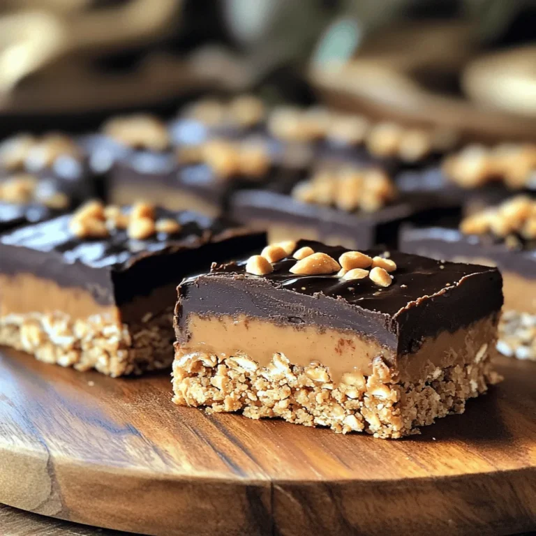 - 1 cup natural peanut butter (smooth or chunky) - 1 cup rolled oats - 1/2 cup honey or maple syrup - 1/2 cup cocoa powder - 1/4 teaspoon salt - 1 teaspoon vanilla extract - 1/2 cup dark chocolate chips - 2 tablespoons coconut oil (optional) To make these no-bake chocolate peanut butter bars, gather your ingredients first. You want to use natural peanut butter for the best taste and texture. Choose smooth or chunky based on your preference. Rolled oats provide a nice chew. For sweetness, honey or maple syrup works well. Cocoa powder adds rich chocolate flavor. Don't forget a pinch of salt to balance the sweetness. Vanilla extract brings out the flavors. Dark chocolate chips will top the bars and give a nice finish. If you want extra creaminess, coconut oil is a great option. You can use it or leave it out, depending on your taste. These simple ingredients come together to make a treat that’s both tasty and easy to prepare. Plus, you can feel good knowing you made them from scratch! - In a large bowl, combine: - 1 cup natural peanut butter (smooth or chunky) - 1 cup rolled oats - 1/2 cup honey or maple syrup - 1/2 cup cocoa powder - 1/4 teaspoon salt - 1 teaspoon vanilla extract - Stir the mix until it reaches a thick consistency. It should hold together well. - If you want creaminess, melt 2 tablespoons of coconut oil in the microwave. - Once melted, add it to the peanut butter mixture and stir well. - Line an 8x8-inch baking pan with parchment paper, leaving some paper hanging over the edges. - Pour the peanut butter mixture into the pan. - Press it down evenly using a spatula or your hands. Make it tightly packed. - In a microwave-safe bowl, melt 1/2 cup dark chocolate chips. Stir often to avoid burning. - Pour the melted chocolate over the pressed mixture. Spread it evenly with a spatula. Now, you can refrigerate your bars for at least 2 hours or until they set. Enjoy! To get the perfect texture, mix all ingredients well. Start with the peanut butter and oats. Stir until the mixture is thick and sticky. If you like, you can use different types of peanut butter. Smooth peanut butter gives a creamier texture. Chunky peanut butter adds a nice crunch. You can even try almond or cashew butter for a twist. When melting chocolate, avoid high heat. Use a microwave and heat in short bursts. Stir the chocolate every 20 seconds. This helps prevent burning. If dark chocolate isn’t your favorite, you can use milk chocolate or even white chocolate. Each will change the flavor but keep it delicious. Arrange the bars on a pretty platter for serving. You can drizzle extra melted chocolate over the top. This adds a shiny look. For extra crunch, sprinkle crushed peanuts on top. You can also serve them with fresh fruit or a scoop of ice cream for a fun twist. {{image_2}} You can switch honey or maple syrup for agave syrup. Agave syrup is sweeter, so use less. For a low-carb option, try stevia or monk fruit. These options will change the flavor slightly but still taste great. Want to mix things up? You can add nuts or seeds. Chopped almonds, walnuts, or sunflower seeds add crunch. Spices like cinnamon or a pinch of sea salt can enhance the taste. Just a dash of salt can balance the sweetness. To make these bars vegan, swap honey for maple syrup or agave syrup. Use dairy-free chocolate chips to keep everything plant-based. For a gluten-free version, ensure your oats are labeled gluten-free. These small changes let everyone enjoy the bars! To keep your no-bake chocolate peanut butter bars fresh, use an airtight container. This helps to prevent them from drying out. You can stack the bars, but place parchment paper between layers. This keeps them from sticking together. Store the bars in a cool, dry place. An ideal temperature is around 70°F (21°C). Avoid areas with direct sunlight or heat, as this can cause the chocolate on top to melt. These bars last about one week at room temperature. However, they taste best when stored in the fridge. In the fridge, they can stay fresh for up to two weeks. Refrigeration helps the bars set well and keeps them firm. If you want to store them longer, consider freezing them. They can last up to three months in the freezer. Just wrap them tightly in plastic wrap, then place them in a freezer-safe bag. Yes, you can use other nut butters. Almond, cashew, or sunflower seed butter work well. Each nut butter adds a unique flavor. Almond butter is milder, while cashew butter is creamy and sweet. Sunflower seed butter is nut-free, making it great for allergies. Just keep in mind that the taste will change depending on your choice. The bars need at least 2 hours to set in the fridge. This time allows them to firm up nicely. If you want them really cold, you can leave them longer. Just remember, the longer they chill, the better the texture becomes. Yes, you can freeze these bars. To freeze, wrap them tightly in plastic wrap or foil. Place them in an airtight container. They can last up to three months in the freezer. When you want to eat them, let them thaw in the fridge for a few hours. This way, they keep their great taste and texture. In this blog post, we covered how to make no-bake chocolate peanut butter bars. We explored the key ingredients, detailed step-by-step instructions, and shared tips for best results. You learned about variations to suit different diets and how to store your bars for freshness. These bars are easy to make and delicious. With a few simple changes, you can adjust the recipe to fit your taste. Now, it's time to enjoy your homemade treats!