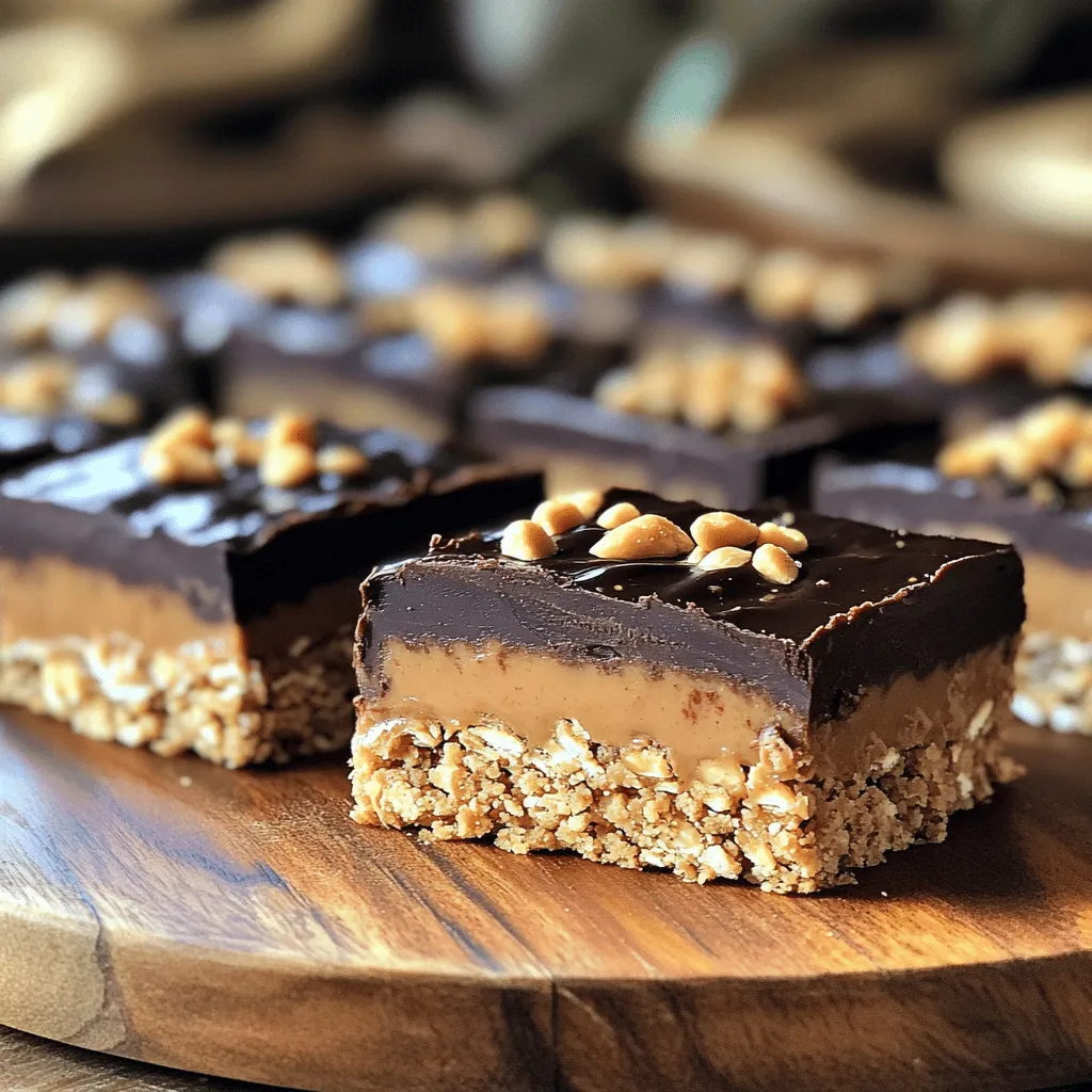 - 1 cup natural peanut butter (smooth or chunky) - 1 cup rolled oats - 1/2 cup honey or maple syrup - 1/2 cup cocoa powder - 1/4 teaspoon salt - 1 teaspoon vanilla extract - 1/2 cup dark chocolate chips - 2 tablespoons coconut oil (optional) To make these no-bake chocolate peanut butter bars, gather your ingredients first. You want to use natural peanut butter for the best taste and texture. Choose smooth or chunky based on your preference. Rolled oats provide a nice chew. For sweetness, honey or maple syrup works well. Cocoa powder adds rich chocolate flavor. Don't forget a pinch of salt to balance the sweetness. Vanilla extract brings out the flavors. Dark chocolate chips will top the bars and give a nice finish. If you want extra creaminess, coconut oil is a great option. You can use it or leave it out, depending on your taste. These simple ingredients come together to make a treat that’s both tasty and easy to prepare. Plus, you can feel good knowing you made them from scratch! - In a large bowl, combine: - 1 cup natural peanut butter (smooth or chunky) - 1 cup rolled oats - 1/2 cup honey or maple syrup - 1/2 cup cocoa powder - 1/4 teaspoon salt - 1 teaspoon vanilla extract - Stir the mix until it reaches a thick consistency. It should hold together well. - If you want creaminess, melt 2 tablespoons of coconut oil in the microwave. - Once melted, add it to the peanut butter mixture and stir well. - Line an 8x8-inch baking pan with parchment paper, leaving some paper hanging over the edges. - Pour the peanut butter mixture into the pan. - Press it down evenly using a spatula or your hands. Make it tightly packed. - In a microwave-safe bowl, melt 1/2 cup dark chocolate chips. Stir often to avoid burning. - Pour the melted chocolate over the pressed mixture. Spread it evenly with a spatula. Now, you can refrigerate your bars for at least 2 hours or until they set. Enjoy! To get the perfect texture, mix all ingredients well. Start with the peanut butter and oats. Stir until the mixture is thick and sticky. If you like, you can use different types of peanut butter. Smooth peanut butter gives a creamier texture. Chunky peanut butter adds a nice crunch. You can even try almond or cashew butter for a twist. When melting chocolate, avoid high heat. Use a microwave and heat in short bursts. Stir the chocolate every 20 seconds. This helps prevent burning. If dark chocolate isn’t your favorite, you can use milk chocolate or even white chocolate. Each will change the flavor but keep it delicious. Arrange the bars on a pretty platter for serving. You can drizzle extra melted chocolate over the top. This adds a shiny look. For extra crunch, sprinkle crushed peanuts on top. You can also serve them with fresh fruit or a scoop of ice cream for a fun twist. {{image_2}} You can switch honey or maple syrup for agave syrup. Agave syrup is sweeter, so use less. For a low-carb option, try stevia or monk fruit. These options will change the flavor slightly but still taste great. Want to mix things up? You can add nuts or seeds. Chopped almonds, walnuts, or sunflower seeds add crunch. Spices like cinnamon or a pinch of sea salt can enhance the taste. Just a dash of salt can balance the sweetness. To make these bars vegan, swap honey for maple syrup or agave syrup. Use dairy-free chocolate chips to keep everything plant-based. For a gluten-free version, ensure your oats are labeled gluten-free. These small changes let everyone enjoy the bars! To keep your no-bake chocolate peanut butter bars fresh, use an airtight container. This helps to prevent them from drying out. You can stack the bars, but place parchment paper between layers. This keeps them from sticking together. Store the bars in a cool, dry place. An ideal temperature is around 70°F (21°C). Avoid areas with direct sunlight or heat, as this can cause the chocolate on top to melt. These bars last about one week at room temperature. However, they taste best when stored in the fridge. In the fridge, they can stay fresh for up to two weeks. Refrigeration helps the bars set well and keeps them firm. If you want to store them longer, consider freezing them. They can last up to three months in the freezer. Just wrap them tightly in plastic wrap, then place them in a freezer-safe bag. Yes, you can use other nut butters. Almond, cashew, or sunflower seed butter work well. Each nut butter adds a unique flavor. Almond butter is milder, while cashew butter is creamy and sweet. Sunflower seed butter is nut-free, making it great for allergies. Just keep in mind that the taste will change depending on your choice. The bars need at least 2 hours to set in the fridge. This time allows them to firm up nicely. If you want them really cold, you can leave them longer. Just remember, the longer they chill, the better the texture becomes. Yes, you can freeze these bars. To freeze, wrap them tightly in plastic wrap or foil. Place them in an airtight container. They can last up to three months in the freezer. When you want to eat them, let them thaw in the fridge for a few hours. This way, they keep their great taste and texture. In this blog post, we covered how to make no-bake chocolate peanut butter bars. We explored the key ingredients, detailed step-by-step instructions, and shared tips for best results. You learned about variations to suit different diets and how to store your bars for freshness. These bars are easy to make and delicious. With a few simple changes, you can adjust the recipe to fit your taste. Now, it's time to enjoy your homemade treats!
