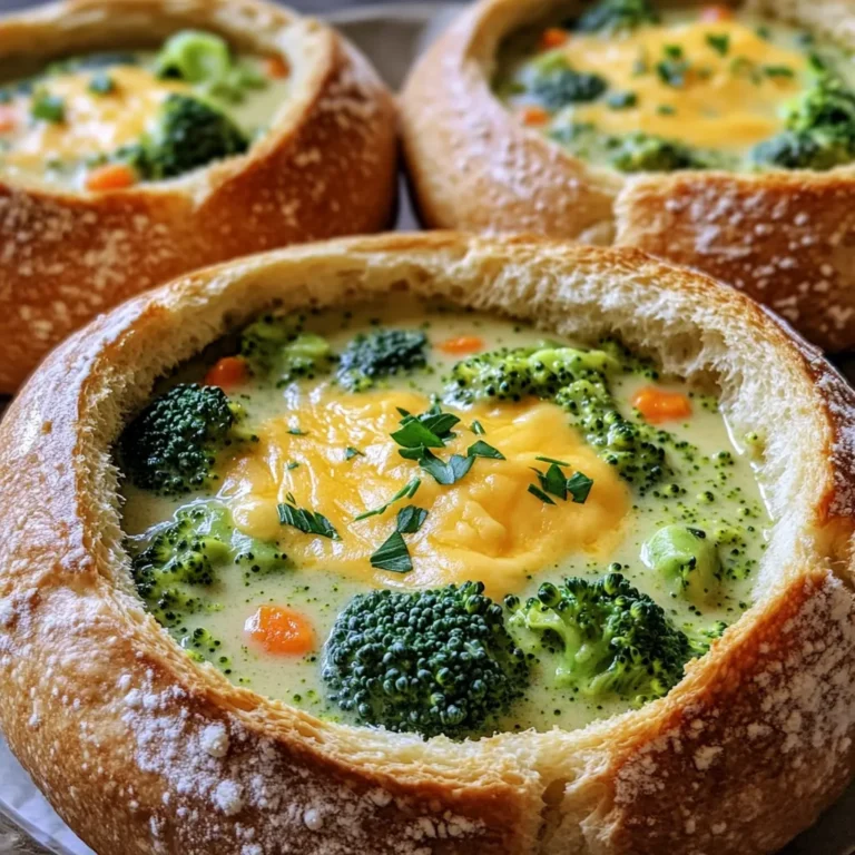 - 1 large head of broccoli, chopped into florets - 1 cup carrots, diced - 1 medium onion, chopped - 2 cloves garlic, minced - 4 cups vegetable broth - 1 cup heavy cream - 2 cups sharp cheddar cheese, shredded - 2 tablespoons olive oil - 1 tablespoon butter - 1 teaspoon salt - 1/2 teaspoon black pepper - 1/2 teaspoon nutmeg - 4 large round bread loaves (like sourdough or boule) To make this soup, you need fresh vegetables. The broccoli and carrots add color and taste. The onion and garlic bring in flavor. For the broth, use vegetable broth, which makes the soup rich and hearty. Heavy cream gives the soup its creamy texture. Sharp cheddar cheese adds a nice bite. You also need some basic seasonings. Olive oil and butter are key for cooking the vegetables. Salt, black pepper, and nutmeg enhance all the flavors. Finally, choose your bread wisely. Sourdough or boule works best. They hold up well and taste great with the soup. This combination of ingredients will create a delicious, warm meal in a bread bowl. First, preheat your oven to 350°F (175°C). This helps crisp the bread bowls. Next, take your large round bread loaves and cut off the tops. Make sure to leave about 1 inch of bread on the sides and bottom. This keeps the soup from leaking out. Hollow out the insides gently with your hands or a spoon. Brush the insides with olive oil and sprinkle a little salt. This adds flavor and helps toast them. Place the bread bowls on a baking sheet and bake for about 10 minutes. You want them to be slightly toasted, not too hard. Set them aside to cool. In a large pot, heat 2 tablespoons of olive oil and 1 tablespoon of butter over medium heat. Once hot, add the chopped onion and minced garlic. Sauté these until the onion turns translucent, which takes about 3-4 minutes. Now, stir in the chopped broccoli and diced carrots. Cook this mixture for another 5 minutes. Stir occasionally so nothing burns. The veggies should soften a bit and smell great. Next, pour in 4 cups of vegetable broth and bring it to a boil. Once boiling, reduce the heat to low. Let it simmer for about 15 minutes, or until the broccoli and carrots are tender. Use an immersion blender to blend the soup until creamy. You can also carefully transfer the soup to a blender, blend it, and then return it to the pot. Stir in 1 cup of heavy cream, 2 cups of shredded cheddar cheese, 1 teaspoon of salt, 1/2 teaspoon of black pepper, and 1/2 teaspoon of nutmeg. Keep stirring until the cheese melts and the soup is smooth. Now it's time to serve! Ladle the creamy broccoli cheddar soup into your toasted bread bowls. For a nice touch, add some extra shredded cheese, croutons, or chopped parsley on top. These toppings add flavor and make your dish look great. Enjoy every spoonful of this warm, cheesy delight! To make your soup creamy, an immersion blender works best. It blends right in the pot, so you avoid extra dishes. I love it for its ease. If you don’t have one, a regular blender is fine. Just be careful when transferring hot soup. Blend until it's smooth for that creamy texture you want. Add fresh herbs for more flavor. I suggest thyme or rosemary. They pair well with cheese and broccoli. You can also sprinkle in some paprika or cayenne for a kick. These simple additions make your soup exciting and fun to eat. You can make this soup ahead of time. Just store it in the fridge for up to 3 days. When you’re ready to eat, heat it gently on the stove. Stir often to keep it creamy. Avoid boiling to prevent separation. Enjoy your warm soup in a cozy bread bowl! {{image_2}} You can add proteins to make your soup heartier. Chicken is a great choice. Simply cook and shred some chicken before adding it to the pot. This will add flavor and nutrition. Beans are another option. Chickpeas or white beans work well. They blend nicely into the soup and boost protein. If you want a vegan version, you can swap out the cream and cheese. Use coconut cream or cashew cream instead of heavy cream. For cheese, try nutritional yeast. It gives a cheesy flavor without any dairy. These substitutes keep the soup rich and tasty without animal products. Feel free to add more veggies for extra color and nutrients. Spinach or kale can be great additions. They cook quickly and add a nice contrast. You could also add bell peppers for sweetness. Just chop them up and toss them in with the broccoli and carrots. To store leftover soup, let it cool first. Use an airtight container for best results. Place the soup in the fridge. It stays fresh for about three to four days. When you’re ready to eat, reheat it on the stove. Stir often for even heating. You can also microwave it in a bowl. Just cover it with a paper towel to avoid splatters. You can freeze this soup for later. First, let it cool completely. Then, use freezer-safe containers. Leave some space at the top for expansion. The soup can last up to three months in the freezer. To defrost, move it to the fridge overnight. When ready to eat, reheat on the stove over low heat. Stir until it’s warm and creamy again. To keep bread bowls fresh, store them in a paper bag. This keeps them from getting too moist. Avoid plastic bags, as they trap humidity. If you have extra bowls, freeze them in a freezer-safe bag. Just make sure they are sealed well. When you want to use them, let them thaw at room temperature. Then, warm them in the oven for a few minutes before serving. This keeps them crusty and delicious. Yes, you can use frozen broccoli. It works well in this soup. Frozen broccoli is already blanched, so it cooks faster. Just add it to the pot with the carrots after sautéing the onion and garlic. This will save time and still give you a nice texture. If you want a dairy-free option, try coconut milk or cashew cream. Both add creaminess. You can also use unsweetened almond milk with a bit of cornstarch for thickness. Just remember, these alternatives may change the flavor slightly. Adjust seasoning to keep the soup tasty. To keep your bread bowls firm, toast them well before adding the soup. Brush the insides with olive oil and sprinkle salt for extra flavor. You can also serve the soup hot but not boiling. This helps the bread maintain its shape and keeps it from getting mushy too quickly. This blog post covered a delightful soup recipe served in bread bowls. We explored fresh ingredients like broccoli, carrots, and garlic, plus creamy broth and cheese. I shared tips for cooking and blending to achieve the perfect texture. You can also customize the soup with proteins or make it vegan. Ultimately, this recipe is all about bringing warmth and comfort to your table. Enjoy the fun of making and serving it in bread bowls, and remember to share it with friends!