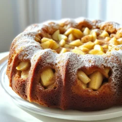 To make the Apple Cider Donut Bundt Cake, gather these key ingredients: - 2 cups apple cider - 1 cup granulated sugar - 1/2 cup brown sugar, packed - 1/2 cup unsalted butter, softened - 3 large eggs - 1 teaspoon vanilla extract - 3 cups all-purpose flour - 1 tablespoon baking powder - 1 teaspoon baking soda - 1 teaspoon ground cinnamon - 1/2 teaspoon ground nutmeg - 1/2 teaspoon salt - 1 cup diced apples (preferably Granny Smith) - 1/2 cup powdered sugar (for dusting) Each ingredient plays a role in making this cake moist and flavorful. The apple cider adds a rich, sweet taste. The sugars help create a lovely caramelization on the crust. Butter gives the cake its creamy texture, while eggs bind everything together. The flour forms the base of the cake, and the baking powder and soda provide rise. The spices, cinnamon and nutmeg, lend a warm aroma, perfect for fall. Diced apples add freshness and a bit of tartness, balancing the sweetness. Finally, powdered sugar on top gives a delightful finish. Make sure to use fresh ingredients for the best flavor. Enjoy the process of gathering these items; it sets the stage for a wonderful baking experience. 1. Preheating the oven Start by preheating your oven to 350°F (175°C). This step is key for even baking. 2. Reducing apple cider In a medium saucepan, pour 2 cups of apple cider. Bring it to a boil over medium-high heat. Once boiling, lower the heat. Let it simmer until it reduces to 1 cup. This should take about 15-20 minutes. After that, let it cool slightly. 3. Mixing wet ingredients In a large bowl, combine 1 cup of granulated sugar, 1/2 cup of brown sugar, and 1/2 cup of softened unsalted butter. Use an electric mixer on medium speed. Beat until the mixture is light and fluffy, which should take about 2-3 minutes. Then, add 3 large eggs one at a time, mixing well after each. Finally, stir in 1 teaspoon of vanilla extract and the cooled apple cider. 1. Whisking flour and spices In another bowl, whisk together 3 cups of all-purpose flour, 1 tablespoon of baking powder, 1 teaspoon of baking soda, 1 teaspoon of ground cinnamon, 1/2 teaspoon of ground nutmeg, and 1/2 teaspoon of salt. This blend of dry ingredients adds flavor and structure. 2. Folding in apples Slowly add the dry mixture to the wet ingredients. Mix until just combined; be careful not to overmix. Gently fold in 1 cup of diced apples, ensuring they are evenly distributed throughout the batter. 1. Pouring batter into bundt pan Carefully pour the batter into your prepared bundt pan. Use a spatula to smooth the top. This helps the cake rise evenly. 2. The baking time and testing for doneness Bake the cake in the oven for 45-50 minutes. When the time is up, insert a toothpick into the center. If it comes out clean, the cake is done. Let it cool in the pan for 10-15 minutes before inverting it onto a wire rack. This allows the cake to cool completely before serving. To get the best bundt cake, grease your pan well. Use butter or cooking spray. This helps the cake slide out easily after baking. Next, avoid overmixing your batter. Mix just until the dry ingredients blend in. This keeps your cake light and fluffy. The choice of apples matters. I recommend using Granny Smith apples. They add a nice tartness that balances the sweetness of the cake. If you want, adjust the spices. Add more cinnamon or nutmeg if you love those flavors. A little extra can really enhance the taste. For serving, think about how to make it pretty. Place slices on a rustic wooden platter. Add thin apple slices and a sprinkle of cinnamon on top. This makes it look inviting. Pair the cake with hot cider or a warm cup of coffee. These drinks complement the flavors and make a cozy treat. {{image_2}} You can change the taste of the Apple Cider Donut Bundt Cake by adding nuts or dried fruits. Chopped walnuts or pecans bring a nice crunch. Dried cranberries or raisins add a sweet touch. You can also try adding spices like ginger or cloves. This gives the cake a warm, cozy flavor. If you need a gluten-free option, use a gluten-free flour blend. Make sure it has a good mix of starches and proteins. For a plant-based cake, swap eggs with applesauce or flaxseed meal. Use a plant-based butter for the right texture. These changes keep the cake moist and tasty. You can make this cake into cupcakes or mini bundts for a fun twist. Bake them for about 20-25 minutes. For an extra treat, consider adding a glaze or frosting. A simple vanilla glaze or cream cheese frosting pairs well. These options add sweetness and make each bite special. To keep your Apple Cider Donut Bundt Cake fresh, store it in the fridge. Wrap the cake tightly in plastic wrap or place it in an airtight container. This helps lock in moisture and flavor. It’s best to store it in the fridge if you do not finish it in one sitting. This way, you can enjoy a slice whenever you want! If you want to save your cake for later, freezing is a great option. First, let the cake cool completely. Then, wrap it in plastic wrap and foil. This prevents freezer burn. Place the wrapped cake in a freezer bag or container. When ready to enjoy, thaw it in the fridge overnight. For a quicker thaw, leave it at room temperature for a few hours. The cake stays fresh for about 5 days in the fridge. If you freeze it, it can last up to 3 months. Just remember, the sooner you eat it, the better it tastes! Enjoying it while it's fresh keeps those apple flavors bright and delicious. You want crisp and tart apples. I recommend using Granny Smith apples. They add a nice balance of flavor. Other options are Honeycrisp and Fuji. These apples stand up well when baked. They keep their shape and add great taste. Yes, you can make this cake a day ahead. Just let it cool completely first. Wrap it in plastic wrap and store it at room temperature. This helps the flavors blend even more. You can dust it with powdered sugar before serving. Greasing the bundt pan is key. Use unsalted butter or cooking spray. Make sure to coat every corner and edge. Then, dust it with flour. Tap out any excess flour. This way, your cake will slide out easily. You can use apple juice if needed. However, apple cider gives a richer flavor. For a fun twist, try using spiced cider. It adds warmth and spice to the cake. If you want a non-apple option, use a mild fruit juice. Check for doneness with a toothpick. Insert it into the center of the cake. If it comes out clean, the cake is ready. You can also gently press the top. If it springs back, it is done. The edges should be golden brown too. This blog post covered everything you need to make an apple cider cake. We reviewed essential ingredients, step-by-step instructions, and helpful tips for baking. You can customize this cake with variations or even serve it in different ways. Remember to store it properly to keep it fresh. With this guide, you can bake a delicious cake that impresses your family and friends. Enjoy the baking journey and share your tasty results!