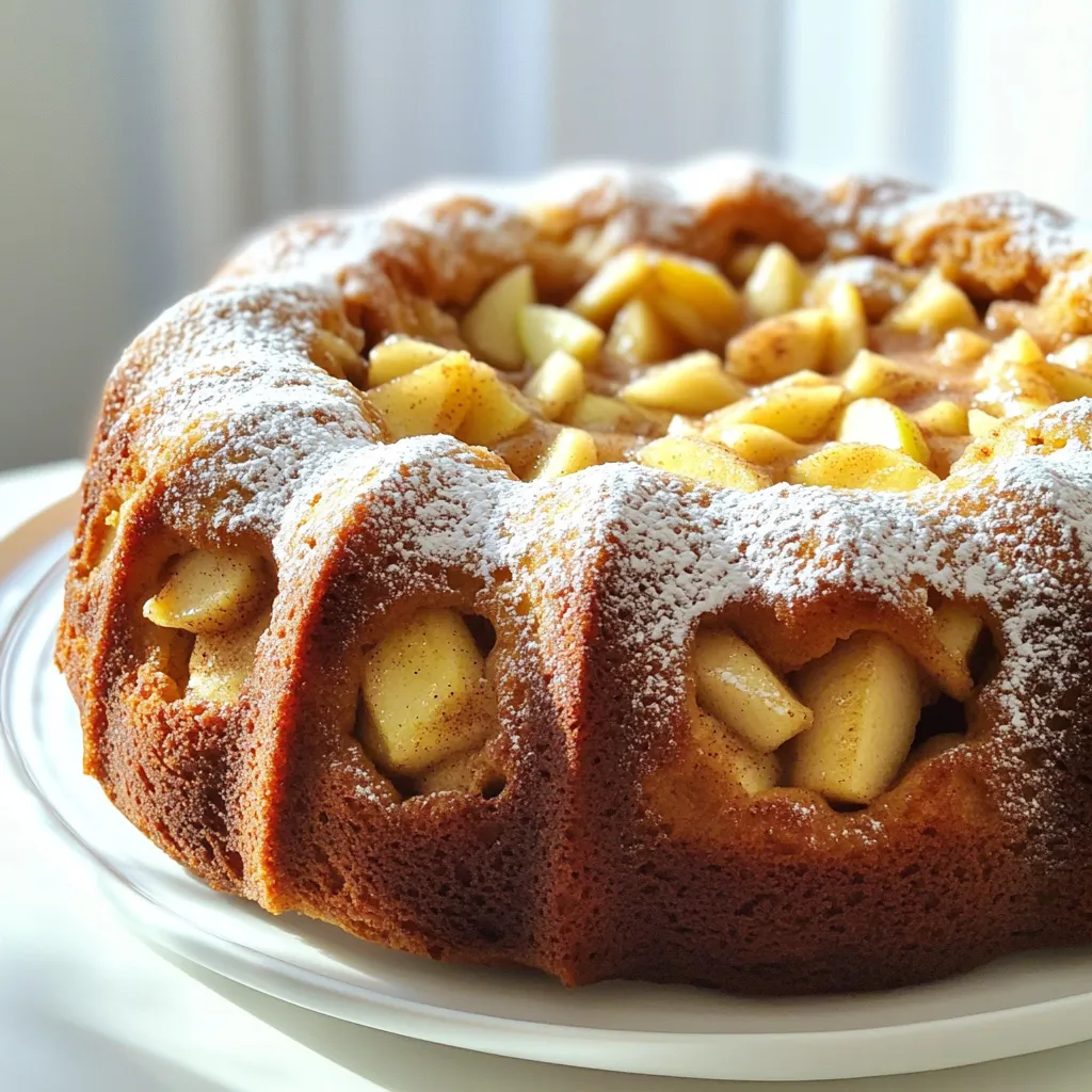 To make the Apple Cider Donut Bundt Cake, gather these key ingredients: - 2 cups apple cider - 1 cup granulated sugar - 1/2 cup brown sugar, packed - 1/2 cup unsalted butter, softened - 3 large eggs - 1 teaspoon vanilla extract - 3 cups all-purpose flour - 1 tablespoon baking powder - 1 teaspoon baking soda - 1 teaspoon ground cinnamon - 1/2 teaspoon ground nutmeg - 1/2 teaspoon salt - 1 cup diced apples (preferably Granny Smith) - 1/2 cup powdered sugar (for dusting) Each ingredient plays a role in making this cake moist and flavorful. The apple cider adds a rich, sweet taste. The sugars help create a lovely caramelization on the crust. Butter gives the cake its creamy texture, while eggs bind everything together. The flour forms the base of the cake, and the baking powder and soda provide rise. The spices, cinnamon and nutmeg, lend a warm aroma, perfect for fall. Diced apples add freshness and a bit of tartness, balancing the sweetness. Finally, powdered sugar on top gives a delightful finish. Make sure to use fresh ingredients for the best flavor. Enjoy the process of gathering these items; it sets the stage for a wonderful baking experience. 1. Preheating the oven Start by preheating your oven to 350°F (175°C). This step is key for even baking. 2. Reducing apple cider In a medium saucepan, pour 2 cups of apple cider. Bring it to a boil over medium-high heat. Once boiling, lower the heat. Let it simmer until it reduces to 1 cup. This should take about 15-20 minutes. After that, let it cool slightly. 3. Mixing wet ingredients In a large bowl, combine 1 cup of granulated sugar, 1/2 cup of brown sugar, and 1/2 cup of softened unsalted butter. Use an electric mixer on medium speed. Beat until the mixture is light and fluffy, which should take about 2-3 minutes. Then, add 3 large eggs one at a time, mixing well after each. Finally, stir in 1 teaspoon of vanilla extract and the cooled apple cider. 1. Whisking flour and spices In another bowl, whisk together 3 cups of all-purpose flour, 1 tablespoon of baking powder, 1 teaspoon of baking soda, 1 teaspoon of ground cinnamon, 1/2 teaspoon of ground nutmeg, and 1/2 teaspoon of salt. This blend of dry ingredients adds flavor and structure. 2. Folding in apples Slowly add the dry mixture to the wet ingredients. Mix until just combined; be careful not to overmix. Gently fold in 1 cup of diced apples, ensuring they are evenly distributed throughout the batter. 1. Pouring batter into bundt pan Carefully pour the batter into your prepared bundt pan. Use a spatula to smooth the top. This helps the cake rise evenly. 2. The baking time and testing for doneness Bake the cake in the oven for 45-50 minutes. When the time is up, insert a toothpick into the center. If it comes out clean, the cake is done. Let it cool in the pan for 10-15 minutes before inverting it onto a wire rack. This allows the cake to cool completely before serving. To get the best bundt cake, grease your pan well. Use butter or cooking spray. This helps the cake slide out easily after baking. Next, avoid overmixing your batter. Mix just until the dry ingredients blend in. This keeps your cake light and fluffy. The choice of apples matters. I recommend using Granny Smith apples. They add a nice tartness that balances the sweetness of the cake. If you want, adjust the spices. Add more cinnamon or nutmeg if you love those flavors. A little extra can really enhance the taste. For serving, think about how to make it pretty. Place slices on a rustic wooden platter. Add thin apple slices and a sprinkle of cinnamon on top. This makes it look inviting. Pair the cake with hot cider or a warm cup of coffee. These drinks complement the flavors and make a cozy treat. {{image_2}} You can change the taste of the Apple Cider Donut Bundt Cake by adding nuts or dried fruits. Chopped walnuts or pecans bring a nice crunch. Dried cranberries or raisins add a sweet touch. You can also try adding spices like ginger or cloves. This gives the cake a warm, cozy flavor. If you need a gluten-free option, use a gluten-free flour blend. Make sure it has a good mix of starches and proteins. For a plant-based cake, swap eggs with applesauce or flaxseed meal. Use a plant-based butter for the right texture. These changes keep the cake moist and tasty. You can make this cake into cupcakes or mini bundts for a fun twist. Bake them for about 20-25 minutes. For an extra treat, consider adding a glaze or frosting. A simple vanilla glaze or cream cheese frosting pairs well. These options add sweetness and make each bite special. To keep your Apple Cider Donut Bundt Cake fresh, store it in the fridge. Wrap the cake tightly in plastic wrap or place it in an airtight container. This helps lock in moisture and flavor. It’s best to store it in the fridge if you do not finish it in one sitting. This way, you can enjoy a slice whenever you want! If you want to save your cake for later, freezing is a great option. First, let the cake cool completely. Then, wrap it in plastic wrap and foil. This prevents freezer burn. Place the wrapped cake in a freezer bag or container. When ready to enjoy, thaw it in the fridge overnight. For a quicker thaw, leave it at room temperature for a few hours. The cake stays fresh for about 5 days in the fridge. If you freeze it, it can last up to 3 months. Just remember, the sooner you eat it, the better it tastes! Enjoying it while it's fresh keeps those apple flavors bright and delicious. You want crisp and tart apples. I recommend using Granny Smith apples. They add a nice balance of flavor. Other options are Honeycrisp and Fuji. These apples stand up well when baked. They keep their shape and add great taste. Yes, you can make this cake a day ahead. Just let it cool completely first. Wrap it in plastic wrap and store it at room temperature. This helps the flavors blend even more. You can dust it with powdered sugar before serving. Greasing the bundt pan is key. Use unsalted butter or cooking spray. Make sure to coat every corner and edge. Then, dust it with flour. Tap out any excess flour. This way, your cake will slide out easily. You can use apple juice if needed. However, apple cider gives a richer flavor. For a fun twist, try using spiced cider. It adds warmth and spice to the cake. If you want a non-apple option, use a mild fruit juice. Check for doneness with a toothpick. Insert it into the center of the cake. If it comes out clean, the cake is ready. You can also gently press the top. If it springs back, it is done. The edges should be golden brown too. This blog post covered everything you need to make an apple cider cake. We reviewed essential ingredients, step-by-step instructions, and helpful tips for baking. You can customize this cake with variations or even serve it in different ways. Remember to store it properly to keep it fresh. With this guide, you can bake a delicious cake that impresses your family and friends. Enjoy the baking journey and share your tasty results!