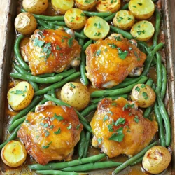 To make this dish, you need key ingredients that bring flavor and texture. Here they are: - 4 bone-in, skin-on chicken thighs - 1/4 cup honey - 1/4 cup Dijon mustard - 2 tablespoons olive oil - 2 cloves garlic, minced - 1 teaspoon smoked paprika - 1 teaspoon salt - 1/2 teaspoon black pepper These ingredients create a sweet and tangy glaze on the chicken. The bone-in thighs keep the meat juicy, while the skin crisps nicely in the oven. I like to include fresh veggies for a complete meal. Here’s what you’ll need: - 1 pound baby potatoes, halved - 1 cup green beans, trimmed The potatoes add heft to the dish, and the green beans bring a nice crunch. Their flavors blend well with the chicken and honey mustard glaze. For a fresh finish, I suggest adding a sprinkle of: - Fresh parsley, chopped This garnish not only adds color but also a burst of flavor. It makes the dish look appealing and brightens the taste. Start by gathering all your ingredients. You'll need four chicken thighs, honey, Dijon mustard, olive oil, garlic, smoked paprika, salt, and black pepper. For the veggies, grab baby potatoes and green beans. Next, preheat your oven to 425°F (220°C). This heat will help everything cook evenly and get that nice, golden finish. Then, in a medium bowl, whisk together the honey, Dijon mustard, olive oil, minced garlic, smoked paprika, salt, and black pepper. Mix it until smooth and combined. Place the chicken thighs in a large bowl or a resealable bag. Pour half of the honey mustard mixture over the chicken. Cover the bowl or seal the bag, then let it marinate for at least 30 minutes in the fridge. If you have time, marinate overnight for more flavor. While the chicken marinates, prepare the baby potatoes. Cut them in half and toss them with olive oil, salt, and pepper. Make sure they are well coated. This step adds a lot of flavor and helps them roast nicely. After marinating, take the chicken out. On a large sheet pan, lay the chicken thighs skin-side up in the center. Scatter the seasoned baby potatoes around them. Roast the pan in the oven for 20 minutes. After that time, take it out carefully. Add the green beans around the chicken and potatoes. Drizzle the remaining honey mustard mixture over everything. Put the sheet pan back in the oven for another 15 to 20 minutes. Check that the chicken's internal temperature is 165°F (74°C) and that the veggies are tender. Once cooked, let everything rest for 5 minutes before you serve. This helps the juices settle back into the meat. Finally, garnish with fresh parsley for a pop of color and flavor. Enjoy your savory dish! Marinating chicken is key to great flavor. I recommend using a resealable plastic bag. Pour the honey mustard mix over the chicken thighs, then seal it tight. This way, the chicken will soak up all the tasty sauce. Marinate for at least 30 minutes. For even more flavor, let it sit overnight in the fridge. To get the best veggies, cut baby potatoes in half. Toss them with olive oil, salt, and pepper. This helps them roast nicely. Add green beans halfway through cooking. This way, they stay bright and crisp. Keep an eye on both the chicken and vegetables. They should cook until tender and golden. For a beautiful meal, serve the chicken and veggies on a large plate. Drizzle any leftover honey mustard sauce on top for extra flavor. Garnish with fresh parsley to add color. You can also pair the dish with a side salad or crusty bread. This combination makes a hearty and satisfying dinner. {{image_2}} You can swap honey for maple syrup. It adds a nice sweetness. If you prefer a tangy kick, try apple cider vinegar instead of mustard. This change gives a different flavor profile to the dish. You can add other veggies to the pan. Carrots, bell peppers, and zucchini are great choices. Cut them to similar sizes for even cooking. Mixing colors makes the dish look vibrant and appetizing. If you want to grill, marinate the chicken as usual. Then, grill on medium heat for about 6 to 7 minutes per side. You can also use an air fryer. Set it to 375°F (190°C) and cook for about 25 minutes. Both methods keep the chicken juicy and flavorful. To store your leftovers, let the chicken and veggies cool down first. Place them in an airtight container. You can keep them in the fridge for up to three days. This method helps keep the flavors fresh. Make sure to seal the container tightly. When you want to enjoy your leftovers, preheat your oven to 350°F (175°C). Place the chicken and veggies on a baking sheet. Heat for about 15-20 minutes or until warm. You can also use a microwave. Just cover the dish and heat in short bursts. Stir in between to avoid hot spots. If you want to save some for later, freezing is a great option. First, let everything cool completely. Then, place the chicken and veggies in a freezer-safe bag. Squeeze out the air and seal it well. You can freeze it for up to three months. To eat, just thaw in the fridge overnight and reheat. Yes, you can use boneless chicken thighs. They will cook faster than bone-in thighs. Adjust the cooking time to about 25-30 minutes. Check for a nice golden color on the outside. Boneless thighs will still soak up the honey mustard flavor well. You can serve it with rice, quinoa, or a fresh salad. The chicken pairs well with crusty bread too. For extra veggies, add roasted carrots or asparagus. Each option adds a nice touch to your meal. To know if your chicken is cooked, use a meat thermometer. Check that the internal temperature is at least 165°F (74°C). This ensures it is safe to eat. If you don't have a thermometer, cut into the chicken. The juices should run clear, and the meat should not be pink. Absolutely! You can marinate the chicken thighs a day ahead. Just keep them in the fridge until you are ready to cook. You can also chop the veggies in advance. This saves time and makes cooking easier on the day you plan to serve it. Honey mustard chicken thighs offer a tasty meal that's easy to make. We discussed essential ingredients, preparation steps, and tips for marinating and roasting the chicken. Variations let you switch things up to suit your taste. Plus, proper storage and reheating keep leftovers fresh. In simple terms, this dish is both flexible and forgiving. Enjoy creating a flavorful meal that fits your needs. Happy cooking!