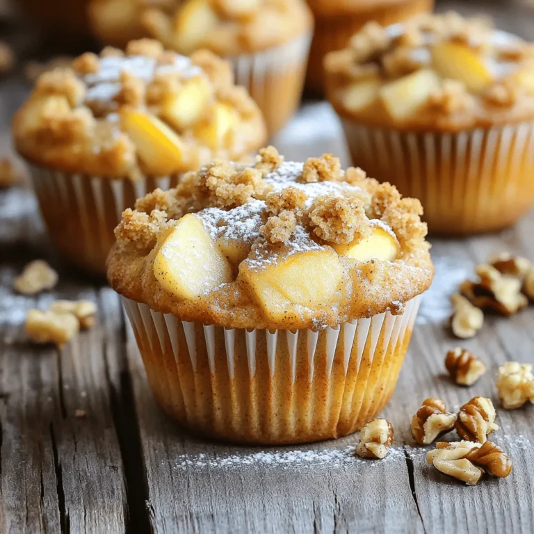 - 2 cups all-purpose flour - 1 cup granulated sugar - 1 tablespoon baking powder - 1/2 teaspoon baking soda - 1/2 teaspoon salt - 1 teaspoon ground cinnamon - 1/2 teaspoon ground nutmeg The dry ingredients form the base of the muffins. Flour adds structure, while sugar offers sweetness. Baking powder and baking soda are key for rise. Salt enhances flavor, and spices like cinnamon and nutmeg bring warmth. - 1/2 cup unsalted butter, melted - 1 large egg - 1 cup buttermilk (or milk with 1 tablespoon vinegar) For the wet ingredients, melted butter adds richness. The egg binds the mix together. Buttermilk gives the muffins a tender crumb and a slight tang. If you don’t have buttermilk, mix regular milk with vinegar for a quick substitute. - 2 cups apples, peeled and finely chopped (about 2 medium apples) - 1/2 cup chopped walnuts or pecans (optional) Apples add moisture and natural sweetness. You can use any variety, but I prefer Granny Smith for a tart kick. Nuts add crunch and flavor, but they’re optional. Feel free to skip them if you prefer a nut-free muffin. - 1/2 cup all-purpose flour - 1/2 cup brown sugar - 1/4 cup unsalted butter, cold and cubed - 1/2 teaspoon ground cinnamon - Pinch of salt The crumble topping is what makes these muffins bakery style. Flour and brown sugar create a sweet, crumbly texture. Cold butter ensures the topping stays crisp. Ground cinnamon ties everything together with warmth. A pinch of salt balances the sweetness. - Preheat your oven to 375°F (190°C) and prepare the muffin tin. - In a large bowl, combine the dry ingredients: flour, sugar, baking powder, baking soda, salt, cinnamon, and nutmeg. - In another bowl, mix the wet ingredients: melted butter, egg, and buttermilk until well combined. - Pour the wet mixture into the dry mixture. Gently stir until just combined. A few lumps are okay. - Fold in the chopped apples and optional nuts. - For the crumble topping, mix flour, brown sugar, cold butter, cinnamon, and a pinch of salt. Use your fingers to combine until it forms coarse crumbs. - Spoon the muffin batter into the prepared muffin tin, filling each cup about 2/3 full. - Generously sprinkle the crumble topping over each muffin. - Bake in the preheated oven for 20-25 minutes. Check for doneness by inserting a toothpick into the center. If it comes out clean, they’re done. - Let the muffins cool in the pan for about 5 minutes. Then transfer them to a wire rack to cool completely. Minimizing overmixing is key. Stir the wet and dry mix gently. You want to combine them just enough. A few lumps in the batter are okay. This keeps your muffins soft and light. For a fluffy muffin, use room temperature butter and eggs. They mix better and create air pockets. You can also fold the apples in last. This adds some structure and helps keep them from sinking. To enhance flavor, try adding spices like cardamom or ginger. These give a warm touch to your muffins. You can swap apples for other fruits. Pears or berries work well and add a twist. Just make sure to adjust sugar levels based on sweetness. Serve these muffins warm for the best taste. A light dusting of powdered sugar adds a nice touch. For a treat, pair them with vanilla ice cream. You can also display them on a cake stand. This makes for a lovely presentation at any gathering. {{image_2}} You can switch up the nuts in these muffins. Try using almonds or hazelnuts instead of walnuts or pecans. You can also mix in dried fruits like raisins or cranberries for added flavor. For a gluten-free version, substitute the all-purpose flour with a gluten-free blend. Just make sure it has a 1:1 ratio for best results. If you want a dairy-free option, replace the buttermilk with almond milk or coconut milk. You can add a tablespoon of vinegar to mimic buttermilk. For vegan muffins, swap the egg for a flax egg. Mix one tablespoon of ground flaxseed with three tablespoons of water and let it sit for a few minutes to thicken. This will help bind the ingredients together. Seasonal fruits like pears or cranberries can add unique flavors. You can also sprinkle in some pumpkin spice during fall, or use fresh blueberries in summer. Spice things up with cinnamon, nutmeg, or cardamom for a warm flavor. These small changes can make your muffins stand out! To keep your muffins fresh, store them at room temperature. Place them in an airtight container. You can also wrap them in plastic wrap. This helps keep the muffins soft and moist. Make sure to eat them within 2-3 days for the best taste. If you want to save muffins for later, freezing is a great option. Let the muffins cool completely before freezing. Wrap each muffin in plastic wrap, then place them in a freezer bag. This keeps out air and prevents freezer burn. To reheat, take a muffin out and let it thaw at room temperature. You can also warm it in the microwave for about 15-20 seconds. Bakery style apple crumble muffins can last a while if stored right. At room temperature, they stay fresh for about 2-3 days. In the fridge, they can last up to a week. When frozen, they can keep for up to 3 months. Always check for any signs of spoilage before eating. You can swap all-purpose flour for whole wheat or almond flour. Whole wheat flour adds a nutty taste and more fiber. It may make the muffins denser. Almond flour is gluten-free and gives a moist texture. However, it can change the muffins' structure. Adjust the liquid if needed to keep the batter right. Check if the muffins are done by inserting a toothpick into the center. If it comes out clean or with a few moist crumbs, they are ready. Another sign is a golden-brown top. The muffins should spring back when lightly touched. You can prepare the muffin batter ahead of time. Store it in the fridge for up to 24 hours. This can save you time on busy mornings. Just remember, the muffins may rise less if the batter sits too long. Mix in the apples just before baking for the best results. To reheat your muffins, use the oven or microwave. For the oven, preheat to 350°F (175°C). Wrap the muffins in foil to keep them moist. Heat for about 10 minutes. In the microwave, place them on a plate. Heat in 10-second bursts until warm. Enjoy them fresh again! You now have a complete guide to making delicious muffins. We covered key ingredients, step-by-step instructions, and handy tips. Remember, the right mix of wet and dry ingredients makes a great muffin. With options for flavors and storage, you can enjoy them fresh or save for later. Don’t forget to experiment with fillings and toppings to suit your taste. Happy baking!