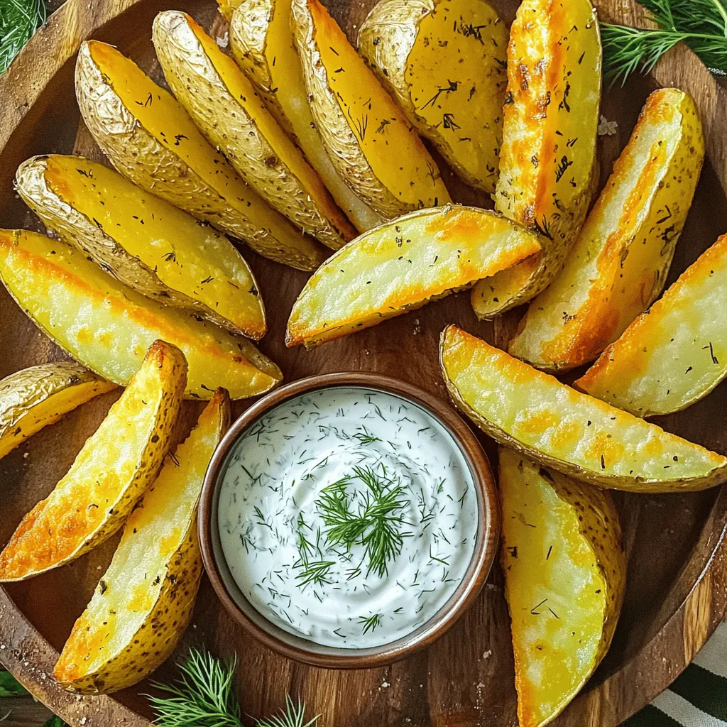 To make tasty potato wedges, you need: - 4 medium russet potatoes, washed and cut into wedges - 2 tablespoons olive oil - 1 teaspoon garlic powder - 1 teaspoon paprika - 1 teaspoon dried oregano - Salt and pepper to taste These simple ingredients create a crunchy, flavorful base for your dish. Russet potatoes work best because they are starchy and create a crisp texture. For a creamy ranch dip, gather these items: - ½ cup Greek yogurt - 1 tablespoon dried dill - 1 teaspoon onion powder - 1 teaspoon lemon juice - Salt and pepper to taste Using Greek yogurt makes the ranch healthier yet still creamy. You can adjust the dill and onion powder to match your taste. Feel free to add extra flavors with these options: - Fresh parsley for garnish - Additional spices like cayenne pepper for heat - Grated Parmesan cheese for a savory twist These additions can elevate your potato wedges and make them even more delicious. Explore different combinations to find your favorite flavor profile! First, set your air fryer to 400°F (200°C). This step helps get a nice crisp. Preheat for about 5 minutes. A hot air fryer cooks the wedges evenly. Wash 4 medium russet potatoes. Cut them into wedges. Soak the wedges in cold water for 30 minutes. Soaking removes extra starch and makes them crispier. After soaking, drain and pat them dry. In a large bowl, combine the potato wedges with: - 2 tablespoons olive oil - 1 teaspoon garlic powder - 1 teaspoon paprika - 1 teaspoon dried oregano - Salt and pepper to taste Toss them until all the wedges are coated well. This step adds flavor and helps with browning. Place the seasoned wedges in the air fryer basket. Make sure they are in a single layer. This helps them cook evenly. You may need to cook in batches if your air fryer is small. Cook for 15-20 minutes. Shake the basket halfway through. This helps all sides get crispy. Look for a golden brown color on the outside. While the wedges cook, prepare the ranch dip. In a small bowl, mix together: - ½ cup Greek yogurt - 1 tablespoon dried dill - 1 teaspoon onion powder - 1 teaspoon lemon juice - Salt and pepper to taste Stir until the mixture is smooth. Adjust the seasoning based on your taste. This dip pairs perfectly with the crispy wedges. After the wedges finish cooking, let them cool for a minute. Then, serve them on a platter with the ranch dip in the center. Enjoy your tasty creation! To get crispy potato wedges, start by soaking them. Soak the cut wedges in cold water for 30 minutes. This removes extra starch, which helps them crisp up. After soaking, drain and dry them well. You want no moisture left. Toss the wedges with olive oil and seasonings, ensuring they are coated evenly. Place them in a single layer in the air fryer. Air needs to circulate for even cooking. Shake the basket halfway through cooking for best results. Cooking at 400°F gives that perfect golden brown finish. Seasoning is key to tasty wedges. I like to use garlic powder, paprika, and oregano. These spices add depth and flavor. Always taste your mix before tossing it with the wedges. Adjust the salt and pepper to your liking. You can also experiment with other spices, like chili powder or cumin, for unique flavors. Make sure every wedge is coated well. This helps each bite be flavorful. For serving, present the wedges on a large platter. Add a bowl of ranch dip in the center. This dip is made with Greek yogurt, dill, and lemon juice. It’s creamy and tangy, perfect for dipping. Garnish the platter with fresh parsley for color. You can also serve with fresh veggies for a crunch. These wedges are great as a snack or side dish. Enjoy them with friends or family! {{image_2}} You can use many types of potatoes for wedges. Russet potatoes work great because they are starchy and fluffy. Yukon Gold potatoes are another good choice. They have a creamy texture and a buttery flavor. Sweet potatoes can add a nice twist, bringing natural sweetness and color. Experiment with different types to find your favorite. You can change the flavor of your potato wedges easily. For a spicy kick, add cayenne pepper or chili powder. If you love herbs, try rosemary or thyme. You can also mix in cheese powder for a cheesy flavor. Experimenting with spices can make each batch unique. While ranch is a classic dip, you can switch it up. Try a spicy aioli for some heat. A simple ketchup or BBQ sauce works well too. For a healthier choice, use hummus or a yogurt-based dip. Each sauce can bring a new taste to your crispy potato wedges. I often find leftover potato wedges after a meal. To store them, first let them cool completely. Place them in an airtight container. They can last in the fridge for about 3 days. If you want to keep them longer, consider freezing them. Just make sure to use a freezer-safe bag. They can last up to 2 months in the freezer. Reheating potato wedges can be tricky. I recommend using the air fryer again for the best results. Preheat the air fryer to 350°F (175°C). Place the wedges in a single layer. Heat them for about 5-7 minutes. This will help restore their crispiness. You can also use an oven. Set it to 400°F (200°C) and bake for about 10 minutes. If you have leftover ranch dressing, store it in a sealed container. It will stay fresh in the fridge for up to a week. Make sure to give it a good stir before using it again. If you want to keep it longer, consider freezing it. However, freezing may change its texture. Yes, you can use frozen potato wedges in an air fryer. They cook well and get crispy. Just toss them in the air fryer basket and set the temperature to 400°F (200°C). Cook for about 15-20 minutes. Shake the basket halfway through for even cooking. Check them to see if they are golden brown before serving. To make the ranch dip dairy-free, use a plant-based yogurt. Look for coconut or almond yogurt. Mix it with the same herbs and spices from the original recipe. Add dried dill, onion powder, and lemon juice. Adjust the salt and pepper to taste. It will still taste great with your potato wedges! Air fryer potato wedges pair well with many dishes. Try serving them with burgers or grilled chicken. They also go well with sandwiches or salads. For a fun snack, serve them with a side of fresh veggies. You can even enjoy them on their own with different dipping sauces. Making potato wedges in an air fryer is easy and fun. We covered the main ingredients, from potatoes to tasty ranch dressing. I shared how to cook them for a crispy finish and offered tips for seasoning. You can even try different potato types and make your own dips. Now, enjoy your crunchy wedges and get creative with flavors. Storing and reheating them is simple, too. I hope this helps you make the best air fryer potato wedges!