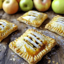- 2 large apples (Granny Smith or Honeycrisp), peeled and diced - 1 cup caramel sauce (store-bought or homemade) - 1 package refrigerated pie crusts (or homemade dough) To make delicious caramel apple hand pies, you need fresh apples. I love using Granny Smith or Honeycrisp apples. They add a great tartness that balances the sweet caramel. Next, grab a cup of caramel sauce. You can buy a jar at the store or make your own. Homemade caramel can be fun and tasty, but store-bought works great for quick baking. Lastly, choose your pie crust. You can use a package of refrigerated pie crusts or make your own dough from scratch. Each option has its own charm, but I find the refrigerated ones save time. - 1 teaspoon ground cinnamon - 1 tablespoon lemon juice - 1 egg, beaten (for egg wash) - 1 tablespoon sugar (for sprinkling) For a little extra flavor, add ground cinnamon and lemon juice to the apple filling. The spices bring warmth and brightness. When your hand pies are ready to bake, brush them with a beaten egg. This gives them a golden shine. A sprinkle of sugar on top adds a nice crunch and sweetness. These ingredients work together to create a warm and comforting treat. Each bite brings the sweet flavors of caramel and apple. Enjoy the process of putting them together! 1. Preheat Oven and Prepare Baking Sheet Start by preheating your oven to 375°F (190°C). While it heats, line a baking sheet with parchment paper. This helps keep the hand pies from sticking. 2. Mixing the Apple-Caramel Filling In a big bowl, add the diced apples, caramel sauce, ground cinnamon, lemon juice, and a pinch of salt. Stir all the ingredients well until the apples are fully coated in caramel. This mix will create a sweet and tangy filling. 3. Rolling Out Pie Crusts and Cutting Circles On a lightly floured surface, roll out the pie crusts to about ¼ inch thick. Use a 4-inch round cutter to cut out circles. Make sure to keep the dough even for best results. 4. Filling and Sealing the Hand Pies Take a tablespoon of the apple-caramel mixture and place it in the center of each dough circle. Fold the dough over to form a half-moon shape. Press the edges together firmly, and then crimp with a fork to seal them well. 5. Brushing with Egg Wash and Sprinkling Sugar Brush the tops of the hand pies with the beaten egg. This gives them a nice golden color when baked. Sprinkle a little sugar on top for extra sweetness and a crunchy texture. 6. Baking Time and Checking for Doneness Use a sharp knife to make two small slits on top of each pie. This helps steam escape during baking. Place the hand pies in the oven and bake for 20-25 minutes. Check for a golden-brown color to ensure they are done. Allow the hand pies to cool slightly before serving. The filling will be hot, so be careful when you take a bite! These caramel apple hand pies are sure to be a hit at your next gathering. For a great hand pie, start with a good pie crust. You can use store-bought dough for speed, or make your own for a fun twist. If you choose store-bought, look for a brand with good reviews. Homemade dough gives you control over the texture and taste. Just remember to chill the dough before rolling. This keeps it flaky. No one likes a soggy bottom on their hand pies. To avoid this, sprinkle a little flour on the baking sheet. This helps absorb moisture. You can also bake them on a preheated baking sheet. This makes the crust crispy from the start. Lastly, do not overfill the hand pies. Keep the filling to about a tablespoon. This will help seal them better. Make your hand pies special by adding nuts or dried fruits. Chopped pecans or walnuts add a nice crunch. Dried cranberries or raisins can give extra sweetness. Just toss them in with the apple-caramel mix. This adds flavor and texture. Spices can change the taste of your hand pies. Try adding nutmeg or ginger for a warm flavor. A pinch of allspice can also create a cozy feel. Spice blends can enhance the apple and caramel taste. Don’t be afraid to mix and match to find your favorite! {{image_2}} You can make your caramel apple hand pies even more fun by changing the flavors. Here are two great options: - Delicious Double Chocolate Caramel Apple Hand Pies: Add cocoa powder to your pie crust. Mix in chocolate chips with the apple-caramel filling. This gives a rich, chocolatey twist. You’ll love the blend of sweet and chocolate. - Pumpkin Spice Caramel Hand Pies: Mix pumpkin spice into the apple-caramel filling. Add a bit more cinnamon and nutmeg for that cozy fall flavor. These hand pies are perfect for autumn gatherings. If you have dietary needs, you can still enjoy these treats. Here are some ideas: - Gluten-Free Pie Crust Choices: Use gluten-free pie crusts available at stores. You can also make your own with gluten-free flour. This way, everyone can enjoy the hand pies. - Vegan Substitutes for Ingredients: Swap the egg wash for almond milk or coconut milk. Use plant-based caramel sauce instead of regular. This way, you keep the flavors while making it vegan-friendly. Feel free to mix and match these variations. Each choice brings a new taste and experience to your hand pies! To keep your leftover hand pies fresh, store them in an airtight container. You can leave them at room temperature for one day. If you want to keep them longer, put them in the fridge. They will stay tasty for up to three days. When ready to eat, you can warm them in the oven or microwave. This will help restore their crispiness. If you want to save your hand pies for later, freezing is a great option. First, let the pies cool completely. Then, wrap each pie in plastic wrap. Next, place them in a freezer-safe bag or container. This helps prevent freezer burn. They will stay good for up to three months in the freezer. When you are ready to enjoy them, thaw the pies in the fridge overnight. You can then bake them at 375°F for about 15 minutes, or until heated through and crispy. Can I use canned apples? Yes, you can use canned apples. Make sure to drain them well. They should be soft and ready to use. This option saves time and still gives great flavor. However, fresh apples add a nice crunch. You can mix both for extra texture. How do I prevent the filling from leaking? To prevent leaking, ensure you seal your pies well. Crimp the edges tightly with a fork. You can also chill the filled pies for 15 minutes before baking. This helps the dough firm up. Finally, make small slits on top. This lets steam escape without bursting. What to serve with caramel apple hand pies? Caramel apple hand pies pair well with vanilla ice cream. The cold creaminess complements the warm pies. You can also serve them with whipped cream or a drizzle of extra caramel sauce. A sprinkle of cinnamon on top adds a nice touch. How to reheat leftover hand pies? To reheat, preheat your oven to 350°F (175°C). Place the pies on a baking sheet. Heat for about 10-15 minutes. This keeps them crispy and warm. You can also use a microwave, but the crust may get soft. Enjoy them warm for the best taste! Caramel apple hand pies are a sweet treat, easy to make at home. You start with delicious apples, a rich caramel sauce, and your choice of pie crust. Then, follow simple steps to mix, fill, and bake. You can add your own twist with toppings or flavors like chocolate or pumpkin spice. In the end, enjoy your tasty hand pies fresh, or store them for later. With these tips, your baking will shine and delight everyone. Get ready to impress with these simple yet scrumptious hand pies.