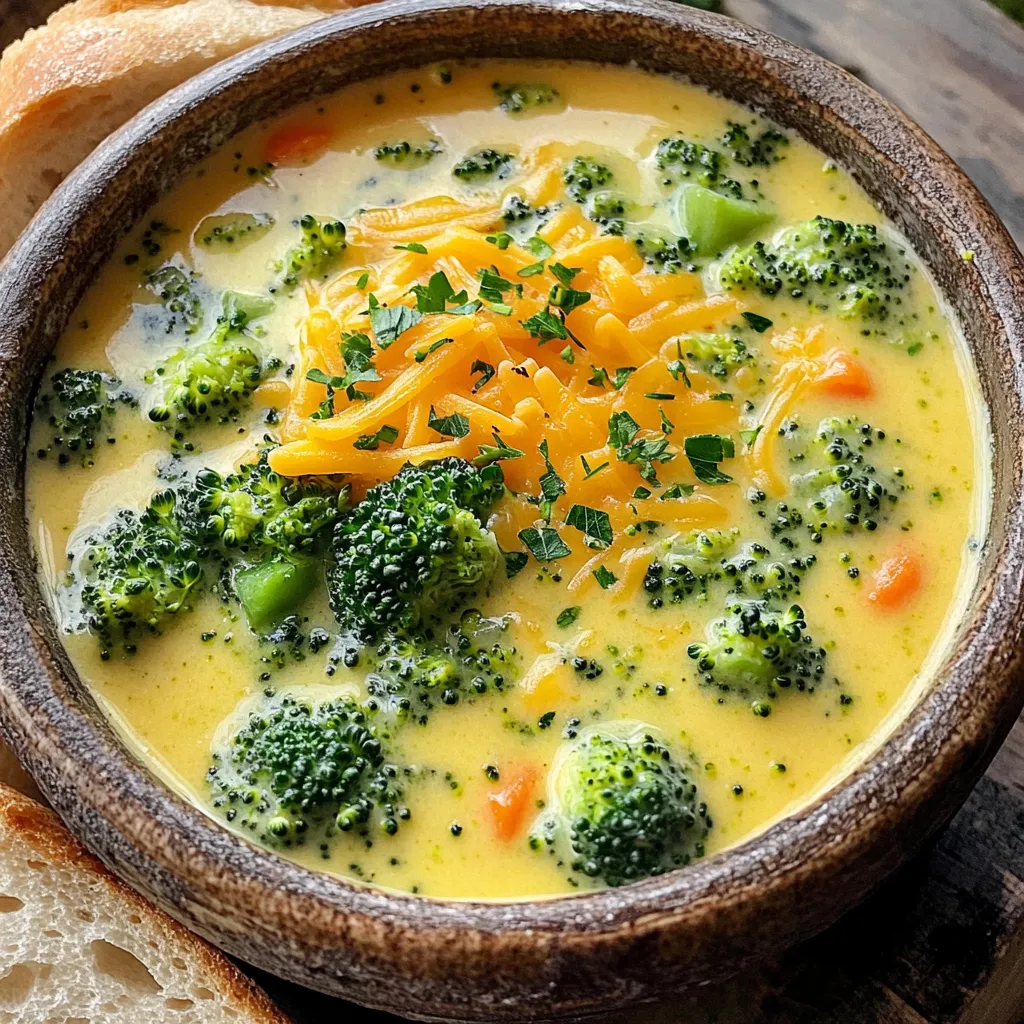 - 4 cups broccoli florets - 1 medium onion, chopped - 2 cloves garlic, minced - 4 cups vegetable broth - 1 cup heavy cream - 2 cups shredded sharp cheddar cheese - 1 medium carrot, diced - 1 teaspoon dried thyme - 1/2 teaspoon black pepper - Salt to taste - 2 tablespoons olive oil - 2 tablespoons all-purpose flour (for thicker soup) - Fresh parsley, chopped (for garnish) - Dried thyme - Black pepper - Salt - Sharp cheddar cheese Gathering the right ingredients is key to making a delicious broccoli cheddar soup. First, choose fresh broccoli florets. They give a bright flavor and nice texture. You need a medium onion and garlic for a solid base. Carrots add a sweet note, while vegetable broth enhances the soup’s richness. Heavy cream brings a smooth texture, making it creamy and inviting. For thickening, you can use all-purpose flour. It is optional but great for a heartier soup. Fresh parsley gives a nice pop of color and flavor as a garnish. The seasoning is simple but essential. Dried thyme, black pepper, and salt elevate the taste. Finally, don’t forget the star of the show: sharp cheddar cheese. It melts beautifully and adds that iconic cheesy goodness. With these ingredients ready, you can create a comforting meal in just one pot. First, chop your onion into small pieces. Use a sharp knife to make it easy. Next, mince the garlic cloves. You want them finely chopped for more flavor. Now, dice the carrot into small cubes. Finally, take the broccoli and separate it into florets. Aim for uniform sizes so they cook evenly. In a large pot, heat the olive oil over medium heat. Add the chopped onion and cook for about five minutes. You want it to become translucent. Then, stir in the minced garlic and cook for one more minute. This will make your kitchen smell amazing. Next, add the diced carrot and broccoli florets to the pot. Stir everything together well. Pour in the vegetable broth and bring it to a boil. Once boiling, reduce the heat and cover the pot. Let it simmer for about 15 minutes. This will cook the vegetables until they are tender. If you want a thicker soup, whisk the flour into the cream until smooth. Then, stir this mixture into the pot. After that, add the heavy cream. Season with dried thyme, black pepper, and salt to taste. Let it simmer for another five minutes. Next, gradually add the shredded cheddar cheese. Stir until it melts completely. For a smoother texture, use an immersion blender. Blend until creamy, but leave some chunks for texture. After blending, remove from heat and let it cool slightly. Serve hot in big bowls, garnished with fresh parsley. Enjoy it with crusty bread for a complete meal! To make your soup creamier, use an immersion blender. This tool helps blend the soup smoothly. You can blend it until it is creamy or leave some chunks for texture. This adds a nice feel to each bite. When adding cheese, do it slowly. Gradually stir in the shredded cheddar. This helps it melt well without clumping. Make sure the soup is hot enough to melt the cheese easily. Prep your vegetables ahead of time. Chop the onions, garlic, and carrots the day before. This saves you time when cooking. You can also wash and cut the broccoli florets early. Using frozen broccoli is another great shortcut. It cooks quickly and works well in this soup. Just toss it in with the other vegetables. It will taste fresh and delicious. Balancing the seasoning is key. Start with a pinch of salt and black pepper. Taste as you go to find the right mix. You can add more if needed. For extra flavor, try adding spices. A dash of cayenne pepper can bring heat. Or, sprinkle in some paprika for a smoky taste. These small changes can make your soup unique and special. {{image_2}} For those with gluten concerns, you can still enjoy this soup. Simply skip the all-purpose flour or use a gluten-free flour blend to thicken your soup. This keeps it tasty and safe for gluten-free diets. If you want a vegan version, replace the heavy cream with coconut milk or a cashew cream. You can also swap the cheddar cheese for a vegan cheese option. This way, you can still savor that creamy texture without dairy. Want a kick? Add spices like cayenne or paprika. A pinch of cayenne gives a warm heat, while paprika adds a smoky flavor. Both can make your soup pop with excitement. You might also want to add other veggies for a twist. Try diced potatoes for a heartier soup or toss in fresh spinach for extra nutrients. These veggies blend well, adding more taste and color. When it comes to serving, pair the soup with crusty bread or crunchy crackers. This makes for a complete meal that feels cozy and filling. For a fun twist, try creative garnishes. Instead of just parsley, consider topping with croutons, extra cheese, or even a drizzle of olive oil. These touches make your bowl look inviting and special. To store leftover soup, let it cool first. Then, place it in an airtight container. You can keep it in the fridge for up to three days. Make sure to label the container with the date. This helps track freshness. To freeze broccoli cheddar soup, use a freezer-safe container. Leave some space at the top for expansion. It can last up to three months in the freezer. When ready to eat, thaw it in the fridge overnight. For reheating, warm it on the stove over low heat. Stir often to keep the texture creamy. If it seems thick, add a splash of broth or cream. To revive leftover soup, reheat it gently on the stove. Add a little fresh cream for richness. You can also sprinkle in some extra cheese to boost flavor. Consider using leftovers in other recipes. Pour it over baked potatoes or mix it with pasta. You can even use it as a base for a veggie casserole. Yes, you can make this soup ahead of time. Store it in an airtight container. It will last for about three to four days in the fridge. To reheat, simply warm it on the stove over low heat. Stir often to keep it smooth. If the soup thickens too much, add a splash of vegetable broth or water. For a dairy-free version, use coconut milk or almond milk instead of heavy cream. Nutritional yeast adds a cheesy flavor without dairy. For cheese, try vegan cheese options or cashew cheese. Blend soaked cashews with water for a creamy texture. Yes, you can use other cheeses. Gruyere or Monterey Jack work well too. Each cheese brings its own taste. If you want a sharper flavor, try aged cheddar. Just make sure it melts well for a creamy soup. You now have all the tools to make a tasty broccoli cheddar soup. We covered the key ingredients, helpful tips, and even variations for special diets. Making this soup is easy and fun. Remember to adjust flavors to your liking and store any leftovers wisely. Enjoy your cooking and savor each bowl. Your kitchen will smell great, and you’ll impress everyone with your soup skills. Grab your ingredients and get started today!