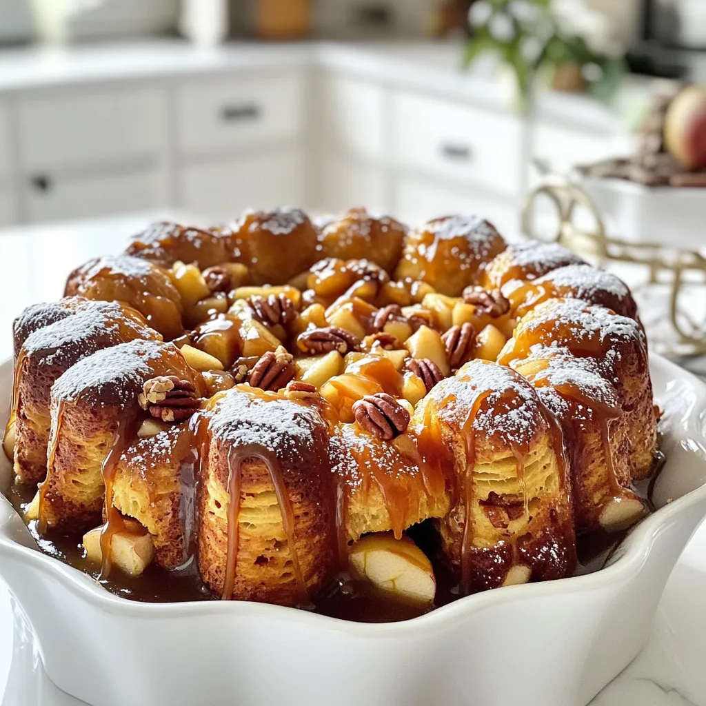 - 2 cans refrigerated biscuit dough - 4 medium apples - 1 cup brown sugar, packed - 1/2 cup granulated sugar - 1 teaspoon ground cinnamon - 1/2 cup unsalted butter, melted - 1 cup caramel sauce - 1/2 cup chopped pecans (optional) - Powdered sugar for dusting The key to making a delicious caramel apple monkey bread lies in the ingredients. Start with two cans of refrigerated biscuit dough. This gives us that fluffy texture we crave. Next, grab four medium apples. They should be peeled, cored, and diced into small pieces. Use a mix of brown sugar and granulated sugar for sweetness. Ground cinnamon adds warmth and spice to the mix. We also need unsalted butter, which we will melt. Caramel sauce is a must for that gooey finish. You can add chopped pecans if you like a bit of crunch. Finally, don't forget powdered sugar for a sweet dusting at the end. Each ingredient plays a part in making this treat special. The apples provide a fresh flavor, while the sugars bring out the sweetness. The butter helps everything stick together. This combination creates a warm, comforting dessert perfect for fall. First, preheat your oven to 350°F (175°C). Grease a bundt pan with non-stick spray. This helps the monkey bread come out easily later. Next, take a large bowl. Combine diced apples, granulated sugar, and ground cinnamon. Mix well and set aside. The apples will soak up the sweet flavors. Now, open the biscuit dough cans. Cut each biscuit into quarters. You can also tear them into pieces for a rustic look. This adds charm to your monkey bread. In another bowl, combine brown sugar with melted butter. Stir until smooth. This will be your sweet coating for the biscuit pieces. Dip each biscuit piece into the brown sugar mixture. Make sure they are well-coated. This step is key for flavor! Layer half of the coated biscuit pieces in the prepared bundt pan. Then, add half of the apple mixture and half of the chopped pecans if you are using them. Repeat this process with the remaining biscuit pieces, apple mixture, and pecans. Finish with any leftover brown sugar mixture. Drizzle half of the caramel sauce over the top. This will create a delicious caramel layer while baking. Bake in your preheated oven for 30 to 35 minutes. You know it's done when the top is golden brown and the biscuit pieces are cooked through. Once baked, remove it from the oven. Let it cool in the pan for about 10 to 15 minutes. Then, invert onto a serving plate. Finally, drizzle the remaining caramel sauce over the warm monkey bread. Dust with powdered sugar before serving. Enjoy this tasty fall dessert! To make the best caramel apple monkey bread, start by ensuring each biscuit piece is well-coated. After cutting the dough, dip each piece into the brown sugar and butter mixture. Make sure every piece gets a nice coating. This creates a sweet, sticky texture. For a golden brown finish, bake the monkey bread at 350°F (175°C) for 30-35 minutes. Keep an eye on it as it bakes. You want the top to be golden and the biscuit pieces fully cooked. If it browns too quickly, cover it loosely with foil. To present your dessert, serve it warm on a pretty plate. This makes it easy for guests to pull apart pieces. Drizzle the warm monkey bread with extra caramel sauce for added sweetness. A dusting of powdered sugar adds a nice touch too. For accompaniments, offer whipped cream or vanilla ice cream on the side. These pair well with the warm, gooey bread. A sprinkle of chopped pecans on top can add a nice crunch. Enjoy the cozy flavors of fall with every bite! {{image_2}} You can switch up the apples for other fruits. Pears work great and add a sweet touch. Peaches also bring a juicy flavor. Try berries like blueberries or raspberries for a burst of color. Bananas can add a fun twist, too. Each fruit brings its own taste and texture. If you want to change the nuts, consider walnuts or almonds. They provide a different crunch. You can also mix nuts for a fun texture. If you prefer no nuts, just leave them out. The monkey bread will still taste amazing without them. You can easily control the sweetness of your monkey bread. To reduce sweetness, cut back on the brown sugar. You can also use less caramel sauce. If you want it sweeter, add more granulated sugar. For a healthier option, try using honey or maple syrup instead. To store leftover caramel apple monkey bread, let it cool first. Wrap it tightly in plastic wrap or foil. You can also place it in an airtight container. This helps keep it fresh longer. Store it in the fridge for up to three days. If you want to enjoy it later, you can freeze it for up to three months. Reheating monkey bread is easy. Preheat your oven to 350°F (175°C). Place the monkey bread in an oven-safe dish. Cover it with foil to keep it moist. Bake for about 10-15 minutes. You can also reheat slices in the microwave for 20-30 seconds. Just be careful not to overheat it. Enjoy the warm, gooey goodness again! How to make monkey bread from scratch? To make monkey bread from scratch, start with homemade dough. Mix flour, yeast, sugar, and milk. Knead until smooth, then let it rise. Once it doubles in size, cut the dough into pieces. Coat them in butter and sugar, and layer them in a bundt pan with your favorite fillings like apples or nuts. Bake until golden. Can I use frozen biscuit dough? Yes, you can use frozen biscuit dough. Thaw it first. Cut or tear the dough into pieces as you would with fresh dough. This option saves time and still gives you a tasty treat. Is it possible to make this recipe vegan? Yes, you can make this recipe vegan. Replace the butter with a plant-based alternative. Use non-dairy milk for the dough. Substitute the caramel sauce with a vegan version. Check labels to ensure all ingredients are vegan-friendly. What to do if the bread is too doughy? If your monkey bread is too doughy, it may need more baking time. Check if the top is golden brown. If it is, you can cover it with foil to prevent burning and bake it longer. Make sure the dough is cooked through by checking the center. How to fix a burnt top? If the top of your monkey bread is burnt, don't worry. Cover it with foil halfway through baking next time. If it's already burnt, you can trim the burnt parts off. You can also drizzle extra caramel sauce on top to mask the burnt flavor. This blog post covered a simple and tasty monkey bread recipe. You learned about key ingredients, step-by-step preparation, and tips for the perfect bake. Remember, feel free to swap fruits and nuts to personalize your dish. Proper storage and reheating can keep your leftovers fresh. Cooking should be fun, so don’t be afraid to experiment. Enjoy your cooking adventure and share your results!