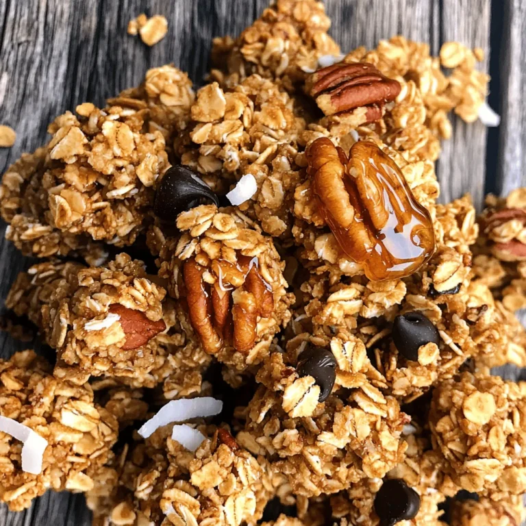 For the best maple pecan granola clusters, gather these key ingredients: - 2 cups rolled oats - 1 cup pecans, roughly chopped - 1/2 cup unsweetened shredded coconut - 1/4 cup honey - 1/4 cup maple syrup - 1/2 teaspoon vanilla extract - 1/2 teaspoon cinnamon - 1/4 teaspoon salt These ingredients create the perfect balance of crunch and sweetness. The rolled oats form a solid base, while pecans add rich flavor. Shredded coconut brings a lovely chewiness, and the honey and maple syrup bind everything together. Feel free to customize your granola clusters with these optional add-ins: - 1/4 cup mini chocolate chips - Dried fruit like cranberries or raisins - Seeds such as pumpkin or sunflower Adding mini chocolate chips can turn your snack into a treat. Dried fruit adds a sweet burst, while seeds boost nutrition. You can mix and match based on your preferences. Each serving of maple pecan granola clusters provides a tasty and healthy snack. Here’s a quick look at the nutrition: - Calories: Approx. 180 - Protein: 4g - Carbohydrates: 25g - Fat: 8g - Fiber: 3g These clusters are not only delicious but also nourishing. They offer a good mix of healthy fats and fiber, making them a great choice for energy throughout the day. Enjoy guilt-free snacking! First, set your oven to 350°F (175°C). This heat helps make the granola crunchy. Next, take a large baking sheet and line it with parchment paper. This step keeps the granola from sticking. It also makes cleanup easy. Grab a large mixing bowl. In it, combine 2 cups of rolled oats, 1 cup of roughly chopped pecans, and 1/2 cup of unsweetened shredded coconut. Stir these ingredients well. You want them mixed evenly. This blend gives the granola its great texture. Now, take a small saucepan. Over low heat, whisk together 1/4 cup of honey, 1/4 cup of maple syrup, 1/2 teaspoon of vanilla extract, 1/2 teaspoon of cinnamon, and 1/4 teaspoon of salt. Warm this mixture for about 2-3 minutes. It should blend well, creating a sweet syrup. Pour the warm syrup mixture over the oat mixture. Stir it all together until the dry ingredients are well coated. This coating is key to forming clusters. Once mixed, transfer the mixture to your lined baking sheet. Spread it evenly and use a spatula to press it down firmly. This step helps form those tasty clusters. Bake the mixture in your preheated oven for 20-25 minutes. Halfway through, toss it to ensure even baking. You'll know it's done when it's golden brown. Once baked, remove it from the oven and let it cool completely on the baking sheet. Cooling is vital for cluster formation. Once cool, break the granola into clusters. If you want, fold in some mini chocolate chips for an extra treat. Store the granola in an airtight container for up to two weeks. To make perfect clusters, you need to press the mixture firmly. After mixing the oats, pecans, and coconut with the syrup, spread it out on the baking sheet. Use the back of a spatula to press it down. The tighter you pack it, the better the clusters will form. Bake until golden brown, then let it cool fully. This cooling step is key. It helps the clusters stick together and stay crunchy. Store your granola clusters in an airtight container. This keeps them fresh for up to two weeks. If you want to keep them longer, consider freezing them. Just make sure to use a freezer-safe bag or container. When you want to enjoy some, let them thaw at room temperature. They'll taste just as good. These granola clusters are great on their own. You can also enjoy them with yogurt or milk. Try them on top of a smoothie bowl for extra crunch. For a sweet treat, add some fresh berries or sliced bananas. You can even sprinkle a few mini chocolate chips on top for a fun twist. {{image_2}} You can swap pecans for other nuts or seeds. Almonds, walnuts, and cashews work well. For seeds, try sunflower or pumpkin seeds. Each choice gives a new taste. Mix and match to find your favorite blend. If you want to change the sweetener, use agave or brown rice syrup. These add unique flavors. You can also reduce honey or maple syrup for less sweetness. Just keep the same amount of liquid. Spices add great depth to your granola. Consider adding nutmeg or ginger for warmth. You can also use almond or maple extract for extra flavor. Just a little goes a long way. Adjust the amount based on your taste. If you prefer store-bought granola clusters, some brands stand out. I recommend brands like Nature Valley and KIND. They offer tasty options that often include maple and pecan flavors. Check the labels to find ones with whole ingredients. Look for low sugar options to keep it healthy. You can find maple pecan granola clusters online, too. Websites like Amazon and Thrive Market have many choices. Search for brands like Bob's Red Mill or Cascadian Farm. They often provide detailed ingredient lists. This helps you choose the best option for your taste. Visit your local health food store for more choices. Stores like Whole Foods and Sprouts usually have a great selection. They often carry organic and local brands. You can also ask staff for recommendations. They know which products are best sellers. Plus, you can find fresh granola that might not be available online. Yes, you can make these clusters gluten-free. Use certified gluten-free rolled oats. Most brands offer these oats. Check the label to ensure they meet gluten-free standards. Homemade granola clusters can last up to two weeks. Store them in an airtight container. This keeps them fresh and crunchy. If you want to make a larger batch, consider freezing them for longer storage. Absolutely! You can swap pecans for almonds or walnuts. You can also add dried fruits like cranberries or raisins. This adds flavor and nutrition. Be creative with your choices to suit your taste. Granola clusters are packed with nutrients. They provide fiber, healthy fats, and protein. This mix helps keep you full longer. Plus, they are a great source of energy for snacks or breakfast. Enjoy a handful for a tasty boost! You learned how to make tasty maple pecan granola clusters. We discussed essential ingredients, cooking steps, and helpful tips to get the best clusters. Remember, you can switch nuts or sweeteners to suit your taste. Use fresh ingredients for the best flavor and crunch. Enjoy this healthy snack on its own or with yogurt. Experiment and create your perfect blend. Your kitchen adventures can lead to great snacks! Let's get cooking and enjoy this delightful treat together!