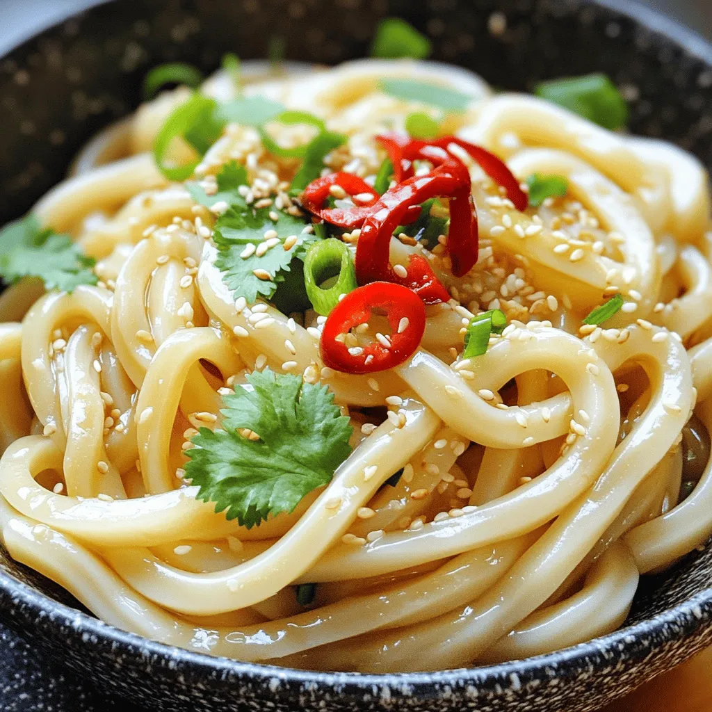 To make Minute Garlic Chili Udon, you will need the following ingredients: - 200g udon noodles - 4 garlic cloves, minced - 1 red chili, thinly sliced (adjust for heat preference) - 2 tablespoons soy sauce - 1 tablespoon sesame oil - 1 tablespoon vegetable oil - 1 green onion, chopped - 1 tablespoon sesame seeds - Salt to taste - Fresh cilantro leaves for garnish If you don’t have all the ingredients, you can swap some out. Here are a few ideas: - Use spaghetti or rice noodles instead of udon. - Substitute olive oil for vegetable oil. - Try chili flakes if fresh chili is not available. - Use tamari for a gluten-free version of soy sauce. - Instead of green onion, you can use chives. Choosing fresh ingredients is key to great flavor. Here are some tips: - Udon noodles should feel smooth and firm. Check the package date for freshness. - Look for garlic that is firm and has no soft spots. - Choose red chilies that are bright and firm. Avoid any that look dull or wrinkled. - For green onions, pick ones that have crisp green tops. - Fresh cilantro should smell bright and have vibrant green leaves. With these tips, you’ll create a tasty and colorful dish that shines on your table! To start, grab a pot and fill it with water. Place it on the stove and turn the heat to high. Wait until the water boils. Once boiling, add the udon noodles. Cook them for about 3-4 minutes, or follow the package instructions. After cooking, drain the noodles in a colander. Rinse them under cold water for a few seconds. This stops the cooking and keeps them from getting mushy. Now, set the noodles aside while you prepare the sauce. Next, take a large skillet or wok and place it on medium heat. Pour in the vegetable oil and sesame oil. Let them heat up for a minute. Add the minced garlic and sliced red chili to the hot oil. Stir them quickly for about 30-60 seconds. Watch closely! You want them fragrant, not burned. The garlic will turn golden and smell amazing. This is the base for your flavorful sauce. Now, it’s time to bring everything together. Add the cooked udon noodles to the skillet with the garlic chili oil. Toss the noodles gently, making sure they are well coated. Next, pour in the soy sauce and add salt to taste. Toss everything again until heated through, about 1-2 minutes. The noodles should soak up all that tasty oil and seasoning. Finally, remove the skillet from heat. Serve the udon hot, topping it with chopped green onion, sesame seeds, and fresh cilantro leaves for a fresh touch. Enjoy your quick and flavorful meal! To boost the taste of your Minute Garlic Chili Udon, try these tips: - Fresh Ingredients: Always use fresh garlic and chili for the best flavor. - Add More Heat: If you love spice, add extra chili or a dash of chili oil. - Lemon Zest: A bit of lemon zest brightens the dish and adds freshness. - Garnish Smartly: Use fresh cilantro, sesame seeds, and green onions for a pop of color and taste. These simple changes can make your udon even more tasty! Here are some common pitfalls when making this dish: - Overcooking Noodles: Follow the package time closely. Overcooked noodles can be mushy. - Burning Garlic: Keep an eye on the garlic while it cooks. It can burn quickly! - Too Much Salt: Start with a small amount of salt. You can always add more later if needed. - Skimping on Oil: The right amount of oil helps the noodles not stick together. Avoid these mistakes for perfect udon every time! Using the right tools makes cooking easier. Here’s what you need: - Large Pot: For boiling the udon noodles. - Skillet or Wok: For making the garlic chili oil. - Wooden Spoon or Tongs: To toss the noodles well with the sauce. - Measuring Spoons: To get exact amounts of oil and soy sauce. These tools help you make the best Minute Garlic Chili Udon with ease. {{image_2}} If you love heat, you can spice things up. Add more red chili to your dish. You can also use chili flakes or a spicy chili oil. This boosts the flavor and adds a kick. Just be careful not to overdo it. Taste as you go to find your perfect level of spice. For a vegetarian twist, swap in plant-based options. Use mushrooms or tofu for added texture and flavor. You can also add more vegetables like bell peppers or bok choy. These choices keep the dish hearty and delicious. Adjust the soy sauce if needed to enhance the taste. Want to make your udon more filling? Try adding protein. Chicken or shrimp works great. Cook the protein first and set it aside. Once your noodles are ready, toss in the cooked protein with the noodles. This adds richness and makes the meal more satisfying. Adjust the seasoning to balance the added flavors. Storing leftovers is simple and easy. First, let the udon cool down to room temperature. Next, place the noodles in an airtight container. Make sure to separate any toppings like green onions and cilantro. This keeps them fresh. Store the container in the fridge for up to three days. When you're ready to enjoy leftovers, reheating is key. You can use a microwave or a skillet. If using a microwave, place the udon in a bowl, cover it, and heat for one to two minutes. Stir halfway for even heat. For a skillet, add a splash of water and heat over medium. Stir often until warm, about three to five minutes. Freezing is a great option for long-term storage. To freeze, place the cooled udon in a freezer-safe bag. Squeeze out as much air as possible before sealing. This prevents freezer burn. You can freeze it for up to three months. To thaw, transfer the bag to the fridge overnight. Once thawed, reheat using the tips above. Enjoy your flavorful meal anytime! Yes, you can use other noodles. Rice noodles or soba noodles work well. They have a nice texture. Just cook them according to their package directions. Keep in mind the cooking time may vary. To make this dish vegan, swap soy sauce for a vegan brand. Ensure you use vegetable oil only. You can also add more veggies like bell peppers or broccoli. This will add flavor and nutrients. Serve your udon in a nice bowl. Top with green onions and sesame seeds. You can also add fresh cilantro for a bright taste. Pair it with a side of steamed veggies or a light salad for a full meal. This blog post covers how to make Minute Garlic Chili Udon with tasty options. We listed key ingredients and some substitutions. I shared tips for picking fresh items and steps for cooking. You learned how to make garlic chili oil and avoid common mistakes. We explored fun variations and storage secrets. In the end, cooking can be easy and fun. This dish is quick and packed with flavor. Enjoy making it your own!