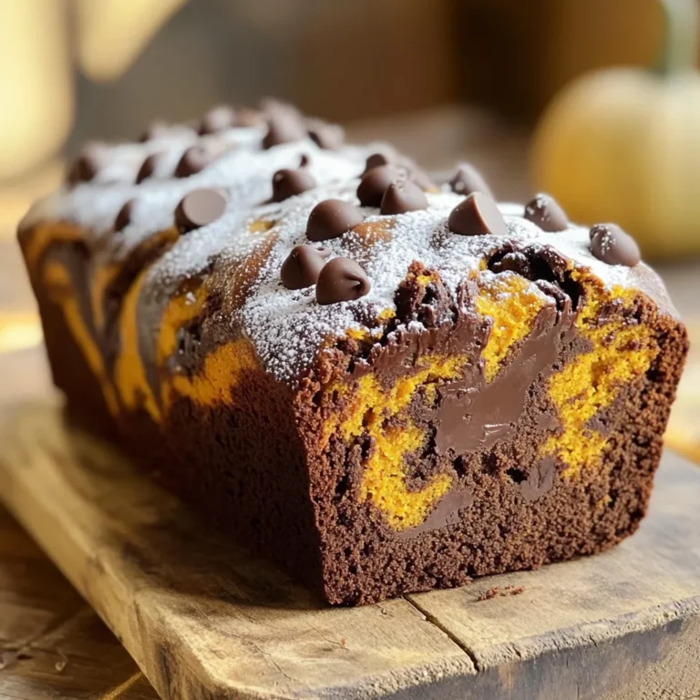 To make Chocolate Pumpkin Marble Loaf, gather these ingredients: - 1 cup canned pumpkin puree - 1/2 cup unsweetened applesauce - 1/2 cup granulated sugar - 1/4 cup brown sugar, packed - 1/3 cup vegetable oil - 2 large eggs - 1 teaspoon vanilla extract - 1 1/2 cups all-purpose flour - 1 teaspoon baking soda - 1/2 teaspoon baking powder - 1/2 teaspoon salt - 1 teaspoon ground cinnamon - 1/2 teaspoon ground nutmeg - 1/4 cup unsweetened cocoa powder - 1/2 cup semi-sweet chocolate chips You can swap some ingredients if needed: - Use mashed bananas instead of applesauce for moisture. - Substitute coconut oil for vegetable oil for a tropical twist. - Replace granulated sugar with honey or maple syrup for a natural sweetener. - Try whole wheat flour instead of all-purpose flour for added fiber. - Use dairy-free chocolate chips for a vegan option. Keep your loaf moist and fresh with these tips: - Store it in an airtight container at room temperature for up to three days. - For longer storage, wrap it tightly in plastic wrap and freeze. - Always let the loaf cool completely before wrapping it. - Add a slice of bread to the container to keep it soft longer. - Enjoy it warm by reheating slices briefly in the microwave. These tips will help your Chocolate Pumpkin Marble Loaf stay delicious and fresh! First, preheat your oven to 350°F (175°C). This step is key for even baking. Next, grab a 9x5-inch loaf pan. You can grease it with butter or oil. Alternatively, use parchment paper for easy removal later. In a large mixing bowl, add the following wet ingredients: - 1 cup canned pumpkin puree - 1/2 cup unsweetened applesauce - 1/2 cup granulated sugar - 1/4 cup brown sugar, packed - 1/3 cup vegetable oil - 2 large eggs - 1 teaspoon vanilla extract Whisk these ingredients together. Mix until they are smooth and well-combined. This creates a rich base for your loaf. Now, take another bowl and sift together the dry ingredients: - 1 1/2 cups all-purpose flour - 1 teaspoon baking soda - 1/2 teaspoon baking powder - 1/2 teaspoon salt - 1 teaspoon ground cinnamon - 1/2 teaspoon ground nutmeg Gradually add the dry mix to the wet mixture. Stir gently until just combined. Next, divide the batter into two equal parts. Add 1/4 cup unsweetened cocoa powder and 1/2 cup semi-sweet chocolate chips to one half. Mix well. Now it's time to create layers in your loaf pan. Start with half of the pumpkin batter. Then add half of the chocolate batter. Alternate the layers, finishing with a swirl using a knife. This gives your loaf a beautiful marbled look. Baking time is key for a moist loaf. Bake your Chocolate Pumpkin Marble Loaf for 60 to 70 minutes. Check doneness with a toothpick. Insert it into the center of the loaf. If it comes out clean, your loaf is ready. If it has wet batter, bake for a few more minutes. Oven temperatures can vary, so keep an eye on it. To create a great marble effect, layer your batters carefully. Start with half of the pumpkin batter. Then, add half of the chocolate batter. Repeat this step. Use a knife or skewer to swirl the batters. Don’t over-mix; you want clear marble lines. This makes each slice look beautiful and inviting. Let your loaf cool before slicing. Serve it on a rustic wooden board. A light dusting of powdered sugar adds charm. For a special touch, pair it with whipped cream. A scoop of vanilla ice cream also works well. You can enjoy it as a dessert or a snack. The flavors of pumpkin and chocolate will delight everyone! {{image_2}} You can enjoy this loaf without gluten. Use gluten-free all-purpose flour instead of regular flour. Most brands work well in this recipe. Ensure the flour blend contains xanthan gum to help with texture. This swap keeps the loaf moist and delicious. Want to change flavors? Add spices like ginger or cloves for warmth. A teaspoon of espresso powder can boost the chocolate taste. You can also fold in nuts like walnuts or pecans for crunch. If you love fruit, mix in dried cranberries or raisins. Each addition makes the loaf unique. You can make mini loaves or muffins for easy serving. Use a mini loaf pan or muffin tin to bake. Adjust the baking time to about 20-25 minutes for muffins. Check for doneness with a toothpick. This way, you can share or enjoy smaller treats. To keep your Chocolate Pumpkin Marble Loaf fresh, wrap it well. Use plastic wrap or foil. Store it at room temperature for up to three days. If you want it to last longer, consider refrigerating it. The cool air keeps it moist and tasty. Freezing this loaf is simple. First, let it cool completely. Then, wrap it tightly in plastic wrap. Place it in a freezer bag to avoid freezer burn. It can stay frozen for up to three months. When you’re ready to enjoy it, take it out of the freezer. Let it thaw in the fridge overnight. For a quick thaw, leave it at room temperature for a few hours. This delicious loaf has a good shelf life. At room temperature, it lasts about three days. If stored in the fridge, it can last a week. When frozen, the loaf stays fresh for up to three months. Enjoy it at your own pace! Yes, you can use fresh pumpkin. Start by roasting or steaming your pumpkin. After it cools, scoop out the flesh and blend it until smooth. You need about one cup of pumpkin puree for this recipe. Fresh pumpkin can add a great taste. Just remember, it may have more water than canned. Drain any excess liquid if needed. This will keep your loaf from getting too soggy. You can make small changes to boost nutrition. Here are some ideas: - Replace half the sugar with honey or maple syrup. - Use whole wheat flour instead of all-purpose flour. - Swap vegetable oil for unsweetened applesauce for moisture. - Add nuts like walnuts for healthy fats and protein. These tweaks can help lower calories and add fiber. Your loaf will still taste great! This loaf pairs well with many treats. Here are some favorites: - Serve it with whipped cream for a sweet touch. - A scoop of vanilla ice cream makes it extra special. - Pair it with a cup of warm tea or coffee for a cozy feel. - Drizzle with chocolate sauce for a rich flavor boost. These pairings will enhance the loaf's taste and create a lovely dessert experience. This blog post covered each step to make a tasty Chocolate Pumpkin Marble Loaf. We discussed the key ingredients, offered substitutions, and shared tips for freshness. You learned how to prep your oven and mix ingredients for the best results. We included baking tips and serving ideas to elevate your loaf. Lastly, we explored variations like gluten-free options and storage tips. Now, you can enjoy this delicious treat and share it with others. Happy baking!