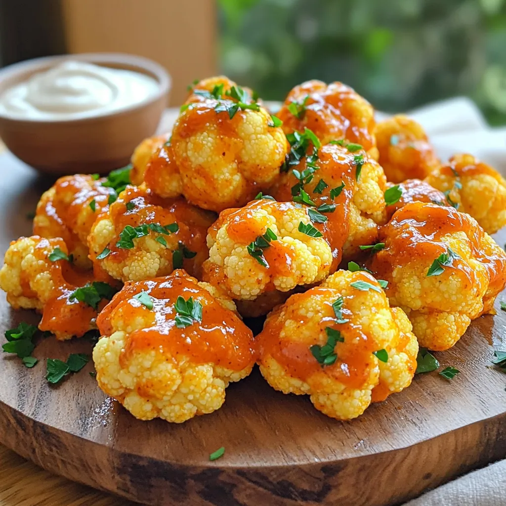 - 1 medium head of cauliflower, cut into bite-sized florets - 1 cup all-purpose flour - 1 teaspoon garlic powder - 1 teaspoon onion powder - 1 teaspoon paprika - 1 cup milk (or plant-based milk) - 1 cup hot sauce (like Frank’s RedHot) - 2 tablespoons melted butter (or plant-based butter) - 1/2 teaspoon cayenne pepper (optional, for extra heat) - Salt and pepper to taste - Fresh parsley, chopped (for garnish) Gathering the right ingredients makes cooking fun and easy. Start with a medium head of cauliflower. Cut it into small florets, perfect for snacking. Then, grab a cup of all-purpose flour. This is key for the crispy coating. Next, you need some spices. Garlic powder, onion powder, and paprika add great flavor. Use a teaspoon of each to pack a punch. For the batter, you will need a cup of milk. You can use regular milk or plant-based milk if you prefer. This helps make the batter smooth. Now for the heat! A cup of hot sauce, like Frank's RedHot, brings the buffalo flavor. You can add two tablespoons of melted butter to make it rich. If you want more heat, toss in half a teaspoon of cayenne pepper. Don’t forget salt and pepper to taste! Finally, a sprinkle of fresh parsley makes a lovely garnish. It adds color and freshness to your dish. With these ingredients, you are ready to create something tasty. These spicy Buffalo cauliflower bites will surely impress! Start by preheating your oven to 450°F (230°C). This high heat helps make the cauliflower crispy. Next, grab a baking sheet and line it with parchment paper. This step keeps the bites from sticking and makes cleanup easy. In a large bowl, mix the dry ingredients. Combine 1 cup of all-purpose flour, 1 teaspoon of garlic powder, 1 teaspoon of onion powder, 1 teaspoon of paprika, salt, and pepper. Whisk them together until well blended. Now it’s time to make the batter. Slowly add 1 cup of milk to the dry mix. You can use regular milk or any plant-based milk you like. Stir the mixture gently until it forms a smooth batter. Make sure the batter is thick enough to coat the cauliflower florets evenly. Once you have the batter ready, dip each cauliflower floret into it. Let any extra batter drip off before placing them on the prepared baking sheet in a single layer. Bake them for about 20 to 25 minutes. You want them golden brown and crispy. While the cauliflower bakes, prepare the Buffalo sauce. In a bowl, mix 1 cup of hot sauce, 2 tablespoons of melted butter, and 1/2 teaspoon of cayenne pepper if you want more heat. Stir this until it’s well combined. After the initial bake, take the cauliflower out of the oven. Toss the baked florets in the Buffalo sauce until they are well coated. Then, place them back on the baking sheet. Bake again for another 10 to 15 minutes to get that extra crispiness. Once they are done, serve your spicy Buffalo cauliflower bites hot. Garnish with chopped parsley for a fresh touch. Enjoy with celery sticks and your favorite dipping sauce! To get that perfect crunch, oven temperature is key. Preheat your oven to 450°F (230°C). A hot oven helps the batter cook quickly, locking in moisture while creating a crispy outer layer. Batter consistency matters too. Your batter should be thick enough to coat the cauliflower. This helps it stick during baking. If it’s too runny, the batter won’t hold. If it’s too thick, it won’t spread evenly. Aim for a smooth, velvety texture. Want to amp up the flavor? Consider adding spices like smoked paprika or cumin. These spices boost the taste and add a new twist to your bites. You can also experiment with different sauces. Try barbecue sauce for a sweet kick or sriracha for even more heat. Presentation is important! Serve your cauliflower bites on a colorful platter. Pair them with celery sticks for crunch. A side of ranch or blue cheese dressing adds creamy goodness. For garnish, sprinkle fresh parsley on top. This not only looks good, but it also adds a fresh flavor. {{image_2}} You can easily make these bites vegan and gluten-free. For a vegan option, swap cow’s milk for almond or oat milk. Instead of butter, use plant-based butter. For gluten-free bites, replace all-purpose flour with almond flour or a gluten-free flour blend. Both options keep the bites tasty and satisfying. You might consider air frying as an alternative cooking method. This method uses less oil and gives a crispy finish. Just set the air fryer to 400°F (200°C) and cook for about 15 minutes. This gives a healthy twist to your cauliflower bites. Spice levels can be adjusted based on your taste. If you want mild bites, reduce the amount of hot sauce. You can also skip the cayenne pepper. For those who love heat, add extra cayenne or use a hotter hot sauce, like Sriracha or habanero sauce. This way, you create the perfect heat for everyone. Mixing different hot sauces can also add a unique flavor. Try blending buffalo sauce with BBQ sauce for a sweet and spicy combo. Each variation gives a new twist to the classic recipe. Adding cheese can enhance the flavor. After you coat the cauliflower in hot sauce, sprinkle some shredded cheese on top before the second bake. Cheddar or blue cheese works great. You can also experiment with spices. Consider adding cumin or smoked paprika for a different taste. Want more veggies? Mix in bell peppers or zucchini with the cauliflower. This adds color and nutrition to your dish. These variations make your spicy Buffalo cauliflower bites fun and exciting every time. To store leftovers, wait for the cauliflower bites to cool. Place them in an airtight container. This keeps them fresh for about 3 days in the fridge. For longer storage, use the freezer. Freeze them in a single layer on a baking sheet first. Once frozen, transfer them to a freezer-safe bag. This way, they won’t stick together. The best containers for freezing are those that are airtight. Look for freezer-safe glass or heavy-duty plastic bags. This helps prevent freezer burn. You can also use aluminum foil, but be sure it’s tightly wrapped. To reheat for crispiness, the oven is your best friend. Preheat it to 400°F (200°C). Spread the bites on a baking sheet. Heat for about 10–15 minutes until they are hot and crispy. This method revives their texture well. Using the microwave is faster but may make them soggy. If you must use the microwave, heat in short bursts. Check every 30 seconds until hot. But remember, the oven gives you crispiness back. Yes, you can make these spicy Buffalo cauliflower bites ahead of time. Cook them fully, then cool them. Place them in a container and store them in the fridge. They stay fresh for about three days. When you are ready to eat, just reheat them in the oven. This will help keep them crispy. To kick up the heat, add more cayenne pepper to the batter. You can also mix extra hot sauce into the Buffalo sauce. Try using a hotter brand of hot sauce if you want an intense flavor. Adjust the spice level to suit your taste. Remember, you can always add more, but it’s hard to take it away! - Alternatives to ranch or blue cheese dressing: Try hummus for a creamy option or guacamole for a fresh twist. A spicy yogurt sauce also pairs well and adds a cool contrast. - Low-calorie dipping options: Consider a light vinaigrette or a zesty salsa. Both add flavor without too many calories. You could also use a simple mix of Greek yogurt and herbs for a healthy dip. Buffalo cauliflower bites are tasty and fun. We covered ingredients like cauliflower, flour, and spices. You learned step-by-step how to prepare, bake, and flavor them. Tips for crispiness and serving ideas helped enhance your dish. You can even adapt the recipe to fit vegan or gluten-free diets. Try these bites at your next gathering. They offer great flavor and can impress anyone. Enjoy experimenting with different flavors and serving options. Happy cooking!