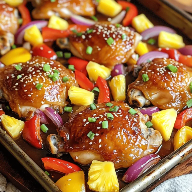 - 4 boneless, skinless chicken thighs - 1 cup teriyaki sauce - 1 cup fresh pineapple, diced - 2 bell peppers (red and yellow), sliced - 1 red onion, sliced - 2 tablespoons olive oil - 1 teaspoon garlic powder - 1 teaspoon ginger powder - Salt and pepper to taste - Green onions, sliced (for garnish) - Sesame seeds (optional, for garnish) Gathering the right ingredients is key to making this dish shine. The boneless, skinless chicken thighs are juicy and tender. They soak up the teriyaki sauce perfectly, making each bite flavorful. The fresh pineapple adds a sweet twist that balances the savory chicken. I love using bright bell peppers and red onion for color and taste. They roast beautifully and add a nice crunch to the dish. Don't forget to reserve some pineapple for garnish! It not only looks great but enhances the flavor too. You will need olive oil to toss the vegetables. Garlic and ginger powders bring depth to the sauce and chicken. Salt and pepper help to enhance all the other flavors. For a lovely finish, slice up some green onions and sprinkle sesame seeds on top. They add texture and a pop of flavor. With these ingredients, you set the stage for a quick and tasty meal that everyone will love! - Preheat your oven to 400°F (200°C). Line a large sheet pan with parchment paper. This makes cleanup easy. - In a mixing bowl, combine 1 cup of teriyaki sauce, 1 teaspoon of garlic powder, and 1 teaspoon of ginger powder. Add salt and pepper to taste. Mix well. - Take 4 boneless, skinless chicken thighs and add them to the bowl. Coat them well in the teriyaki marinade. - Let the chicken marinate for at least 15 minutes. If time allows, refrigerate for up to an hour for better flavor. - After marinating, place the chicken thighs in the center of the sheet pan. - Surround the chicken with 2 sliced bell peppers and 1 sliced red onion. Add 1 cup of diced pineapple too. - Drizzle any leftover teriyaki sauce over everything on the sheet pan. - Bake in the preheated oven for 25 to 30 minutes. Check that the chicken reaches an internal temperature of 165°F (74°C). It should look caramelized. - Once done, take it out and let it rest for a few minutes. This helps keep the chicken juicy. - Achieving perfect caramelization: To get that nice golden color, make sure your oven is hot. Bake the chicken and veggies at 400°F. This high heat helps caramelize the sugars in the teriyaki sauce and the pineapple. Check the chicken at 25 minutes. If it looks golden, it's time to take it out. - Ensuring chicken stays juicy: Marinating the chicken makes a big difference. Use the teriyaki sauce and let it sit for at least 15 minutes. You can also refrigerate it for an hour for extra flavor. This keeps the chicken moist while cooking. - Creative plating ideas: You can serve right from the sheet pan for a rustic feel. For a fancier look, plate the chicken on a nice dish. Arrange the colorful veggies and pineapple around the chicken. This makes a great visual treat. - Best sides to pair with teriyaki chicken: Rice is a classic choice. White or brown rice complements the dish well. You could also serve it with a simple green salad. This adds freshness to your meal and balances the sweet flavors. - Adding heat with spices: If you enjoy a bit of spice, add red pepper flakes to the teriyaki sauce. Just a pinch can make a big difference. You can also try chili powder for a different heat level. - Incorporating different vegetables: Feel free to mix in other veggies! Zucchini or snap peas work great. They cook quickly and add more color. Seasonal veggies are also a fun option to keep things fresh and interesting. {{image_2}} You can easily swap chicken for tofu. Use firm tofu for the best results. Press it to remove extra water. Then, cut it into cubes. Marinate the tofu just like the chicken. Bake it until golden. Shrimp is another great choice. It cooks quickly and adds a seafood twist. Use large shrimp for this recipe. Toss them in the marinade for a short time. Bake them until they turn pink and opaque. If you do not have bell peppers, try zucchini or carrots. They add crunch and color. You can also use broccoli or snap peas for a fresh taste. Seasonal vegetables like asparagus or green beans work well too. They bring a different flavor to the dish. Choose what's fresh at your local market for the best taste. You can make your own teriyaki sauce. Combine soy sauce, honey, garlic, and ginger in a pot. Heat until it thickens. Adjust the sweetness to your liking. If you're short on time, store-bought sauce is fine. Look for one with no artificial ingredients. But making it at home gives a fresher taste. Plus, you can customize it to your personal preference. To keep your teriyaki chicken and pineapple fresh, store leftovers in the fridge. Use an airtight container for best results. This helps keep out air and moisture. Make sure to cool the dish before sealing it. It helps maintain flavor and texture. If you want to freeze this dish, wait until it cools completely. Place it in a freezer-safe bag or container. Squeeze out any extra air to prevent freezer burn. When ready to eat, thaw the dish overnight in the fridge. Reheat in the oven or microwave until hot. In the fridge, teriyaki chicken lasts about 3 to 4 days. In the freezer, it can stay good for up to 3 months. Always check for signs of spoilage before eating. If it smells bad or looks off, it's best to throw it away. You can use soy sauce mixed with honey or brown sugar. This mix gives a sweet and salty flavor. You can also try hoisin sauce for a similar taste. If you want a kick, add some red pepper flakes. Yes, you can prep this dish in advance. Marinate the chicken and chop the veggies. Store them in the fridge for up to 24 hours. Just bake it when you are ready to eat. It saves time on busy nights. While it is not required, marinating adds great flavor. If you have time, let the chicken sit in the sauce for at least 15 minutes. For deeper flavor, marinate for an hour or more. Teriyaki chicken pairs well with rice or quinoa. You can also serve it with steamed veggies. A simple salad can add freshness and crunch. For a fun twist, try it in lettuce wraps. To make this dish gluten-free, choose a gluten-free teriyaki sauce. Many brands offer this option now. Check the label to be sure. You can also use tamari sauce, which is a gluten-free soy sauce alternative. This recipe showcases tender chicken thighs paired with colorful veggies and vibrant teriyaki sauce. You’ve learned easy steps for marinating, baking, and serving. I shared tips to keep your chicken juicy and flavorful. Plus, I covered variations for proteins, sauces, and veggies. With simple storage instructions, your leftovers stay fresh. Now, you can enjoy a tasty meal that suits your style. Explore alternatives and make this dish your own. Cooking can be fun and easy with the right ingredients!