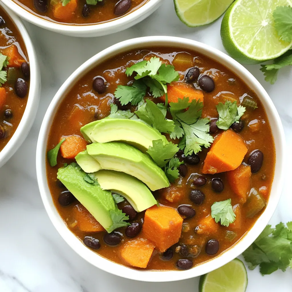 To make the Slow Cooker Sweet Potato Black Bean Chili, you will need: - 2 medium sweet potatoes, peeled and diced - 1 can (15 oz) black beans, rinsed and drained - 1 can (14 oz) diced tomatoes with green chiles - 1 medium onion, chopped - 4 cloves garlic, minced - 1 bell pepper (any color), chopped - 2 cups vegetable broth - 2 tablespoons chili powder - 1 teaspoon cumin - 1 teaspoon smoked paprika - 1/2 teaspoon cayenne pepper (adjust for heat preference) - Salt and pepper to taste Once your chili is done, you can add some tasty toppings: - Fresh cilantro, for garnish - Avocado slices, for topping - Lime wedges, for serving To make your meal even better, consider these sides: - Crusty bread for dipping - Warm tortillas for wrapping - A fresh green salad for contrast Start by peeling your sweet potatoes. Dice them into small cubes. This helps them cook evenly. Place the diced sweet potatoes in your slow cooker. Next, take your can of black beans. Rinse them well and drain. Add the beans to the cooker. Then, open a can of diced tomatoes with green chiles. Pour the tomatoes, along with their juices, into the slow cooker. Chop up a medium onion and a bell pepper of any color. Toss both into the pot. In a small bowl, mix together the vegetable broth, chili powder, cumin, smoked paprika, and cayenne pepper. Add salt and pepper to taste. This mixture adds great flavor to your chili. Pour it over the veggies and beans in the slow cooker. Stir gently to combine everything. Cover the slow cooker with its lid. Cook on low for 6-8 hours or on high for 3-4 hours. The sweet potatoes should be tender when done. Once your chili is cooked, taste it. Adjust the seasoning if needed. Serve it hot in deep bowls. Garnish with fresh cilantro and avocado slices. A squeeze of lime juice adds a nice kick! You can also serve it with crusty bread or warm tortillas on the side. Enjoy this hearty meal! To boost flavor in your chili, use fresh herbs. Fresh cilantro adds a bright touch. Lime juice brings a nice zing. You can also try smoked chili powder for a deeper taste. If you like heat, add more cayenne pepper. Adjust spices to your own taste for the best result. For the best texture, cut sweet potatoes into equal pieces. This helps them cook evenly. Stir the chili halfway through cooking to mix the flavors. If you like a thicker chili, mash some sweet potatoes with a fork after cooking. This will create a creamy base without adding cream. One common mistake is not rinsing canned beans. Rinsing removes extra salt and improves taste. Another mistake is cooking on high too long. It can make sweet potatoes mushy. Lastly, don’t skip the seasoning. Taste the chili before serving and adjust salt and spices as needed. {{image_2}} You can boost the protein in this chili easily. Consider adding cooked chicken, turkey, or even ground beef. If you want a plant-based option, try lentils or quinoa. Just mix in about one to two cups of your chosen protein when you add the vegetables. This will make the dish more filling and hearty. Feel free to switch up the veggies! You can add corn, zucchini, or carrots for a different taste. Cut them into small pieces so they cook well. If you have leftover veggies in your fridge, toss them in too. This chili is great for using what you have on hand. To change the heat, adjust the cayenne pepper. If you like it mild, use less or leave it out. For a spicier kick, add more cayenne or some chopped jalapeños. You can also try different spices like crushed red pepper or hot sauce. Just remember to taste as you go! After enjoying your chili, let it cool down. Transfer it to an airtight container. Make sure to seal it well. Store it in the fridge. It will stay fresh for about 3 to 5 days. To reheat, scoop out the desired amount. You can use the microwave or a pot. If using the microwave, heat in short bursts. Stir in between to ensure even heating. On the stove, warm over low heat, stirring often. Add a splash of water or broth if it seems thick. Freezing is a great option for longer storage. Use a freezer-safe container or bag. Leave some space at the top for expansion. The chili will freeze well for up to 3 months. When ready to eat, thaw overnight in the fridge. Reheat as needed for a quick meal. Yes, you can make this chili on the stovetop. Start by sautéing the onion and garlic in a pot until soft. Then, add the sweet potatoes, bell pepper, black beans, and diced tomatoes. Pour in the vegetable broth and add the spices. Bring it to a boil, then reduce the heat. Let it simmer for about 30-40 minutes until the sweet potatoes are tender. This method cuts down cooking time, but the slow cooker gives a deeper flavor. The chili lasts about 4-5 days in the fridge. Store it in an airtight container to keep it fresh. Always cool the chili to room temperature before refrigerating. When you're ready to eat, simply reheat it on the stove or in the microwave. If you want to enjoy it later, freezing is a great option. If you can't find sweet potatoes, you can use butternut squash or regular potatoes. Both will give a nice texture and flavor. Cut them into similar-sized pieces for even cooking. Carrots can also work, but they may change the taste a bit. Absolutely! This chili is perfect for meal prep. You can make a big batch and divide it into portions. It reheats well and tastes even better the next day as the flavors meld. Just store it in individual containers for easy grab-and-go meals throughout the week. Yes, you can use canned beans instead of dried ones. Canned beans save time and are convenient. Make sure to rinse them well to remove excess sodium. One can of black beans is about 1.5 cups, which is perfect for this recipe. Using canned beans will not affect the taste and will keep the chili hearty. This blog post covered all you need to make great chili. We discussed main ingredients, optional toppings, and suggested sides. I provided step-by-step instructions for preparation and cooking. You learned helpful tips for flavor and texture. We explored variations, storage methods, and answered common questions. Now you're ready to cook delicious chili your way! Enjoy making it your own.