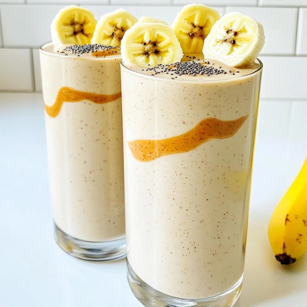 This smoothie is simple yet tasty. Here are the key ingredients: - 1 ripe banana - 2 tablespoons natural peanut butter - 1 cup unsweetened almond milk - 1 scoop vanilla protein powder - 1 tablespoon chia seeds - 1 teaspoon honey (optional) - 1/2 teaspoon cinnamon - Ice cubes (optional) Each ingredient plays an important role. The banana gives it a creamy base and sweetness. Peanut butter adds protein and richness. Almond milk keeps it light and dairy-free. The protein powder boosts your protein intake. Chia seeds add fiber and a bit of crunch. Honey can sweeten it up, while cinnamon adds warmth. You can adjust the amounts to fit your taste. For instance, use more banana for extra sweetness. If you prefer a thicker smoothie, add more peanut butter. You can swap almond milk for any milk you like. Coconut milk or oat milk work well too. If you want a vegan option, make sure your protein powder is plant-based. You can also skip the honey if you want to reduce sugar. Want to jazz up your smoothie? Here are some fun ideas: - Add a tablespoon of cocoa powder for a chocolate twist. - Toss in a handful of spinach for some greens without changing the taste. - Try a scoop of yogurt for extra creaminess. - A few berries can add color and flavor. These options let you customize your drink to suit your mood or diet. Start with a ripe banana. Peel it and break it into chunks. This makes blending easier. Next, grab your blender. Add the banana, peanut butter, almond milk, and protein powder. Don’t forget the chia seeds, honey, and cinnamon. If you want a colder drink, toss in some ice cubes. Blend everything on high. Keep an eye on the mix. You may need to stop and scrape down the sides. This ensures a smooth blend. Once it looks creamy, taste it. You can add more honey if you like it sweeter. Pour the smoothie into glasses and serve right away. To get the best texture, use ripe bananas. They add natural sweetness and creaminess. If your smoothie is too thick, add a little more almond milk. Blend again until it reaches your desired consistency. If it’s too thin, add a bit more banana or some chia seeds. They help thicken the mix. Adjusting these ingredients gives you control over the texture. Serve your smoothie in tall glasses for a great look. For a nice touch, sprinkle some chia seeds on top. You can also add a few banana slices for decoration. A colorful straw makes it fun to drink. Enjoy your smoothie right away for the best taste and freshness. You can make your smoothie unique. Try different milk types like oat or coconut. Swap peanut butter for almond or cashew butter for a new twist. Add spinach or kale for extra nutrients. Want it sweeter? Use more honey or add dates. You can even toss in protein-rich seeds like hemp or pumpkin for a boost. Keep your ingredients fresh. Store bananas at room temperature until they ripen. After that, pop them in the fridge to slow down browning. For peanut butter, seal it tightly and keep it in a cool, dark place. Almond milk should stay in the fridge and be used before the expiration date. Chia seeds can last for months if kept dry and cool. If your smoothie is too thick, add more almond milk slowly until it’s just right. For a gritty texture, stop blending and scrape the sides of the blender. Blend again until smooth. If your smoothie is too sweet, balance it with a pinch of salt or add more banana. Always taste before serving to make sure it fits your preference. {{image_2}} You can easily make this smoothie dairy-free and vegan. Just use unsweetened almond milk or coconut milk. Both options taste great and keep it creamy. For protein, choose a plant-based protein powder. These swaps keep the flavors intact while meeting dietary needs. Want more protein? Try adding Greek yogurt or silken tofu. Both options increase protein without changing the taste. You can also mix in a tablespoon of hemp seeds. They add protein and healthy fats. Another option is to include a scoop of collagen powder for extra benefits. Feel free to play with flavors! You can add a handful of spinach for a green twist. It blends well without altering the taste. Another option is to toss in some berries. Blueberries or strawberries add a fruity touch. If you love chocolate, try using chocolate protein powder. That gives a rich, sweet taste. If you have leftover smoothie, store it in a sealed container. Glass jars work best. Keep it in the fridge. Drink it within 24 hours for the best taste. If it separates, just shake it before drinking. You can freeze your smoothie for later. Pour it into ice cube trays or freezer bags. When you want one, blend the cubes with some almond milk. This gives you a quick, tasty treat. Just remember, smoothies lose some texture when frozen. Homemade smoothies last about one day in the fridge. If stored correctly, they can last up to three months in the freezer. Always check for smell or color changes before using. Fresh is best for flavor and nutrition. To make your smoothie less sweet, skip the honey. Use a ripe banana, as it adds natural sweetness. You can also try almond milk with no added sugar. Adjust the amount of banana to suit your taste. Yes, you can use frozen bananas! They make your smoothie cold and creamy. Simply add them to the blender without thawing. This is a great way to reduce waste and keep bananas fresh. Chia seeds are tiny but mighty! They are full of fiber, omega-3s, and protein. Adding them to your smoothie can help with digestion and keep you full. They also add a nice texture and nutty flavor. To make this smoothie a meal replacement, add more protein. Use two scoops of protein powder or add Greek yogurt. You can also increase healthy fats by adding more peanut butter or chia seeds. This will help keep you satisfied longer. This blog outlined how to make a tasty Protein Peanut Butter Banana Smoothie. You learned about key ingredients, their amounts, and fun options to boost flavor. I shared simple steps for perfect blending and serving. We also discussed how to customize your drink and store extras. Remember, this smoothie is versatile. You can make it your own! Enjoy the health benefits, and have fun trying different flavors. Keep experimenting and make it a staple in your kitchen!