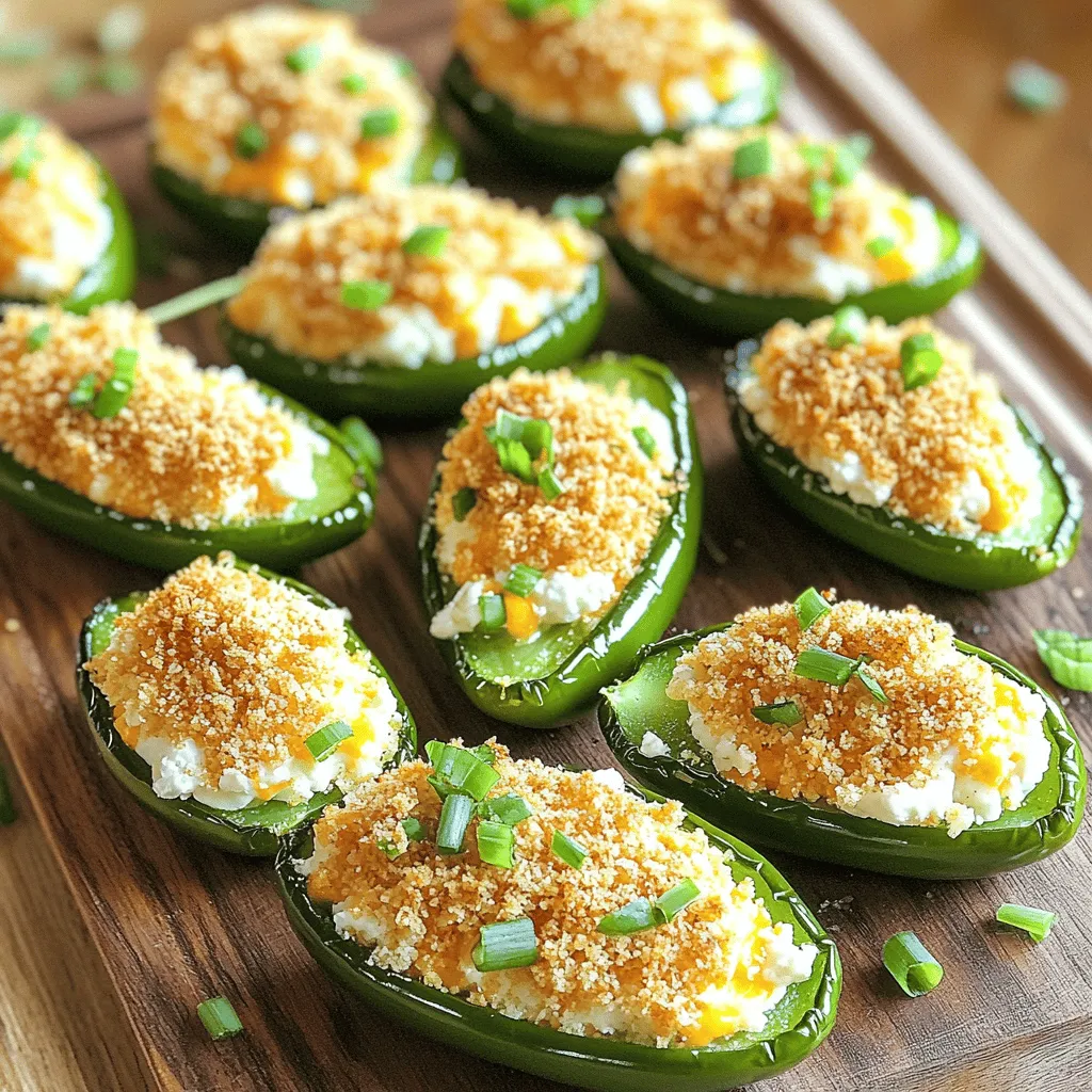 To make tasty Air Fryer Jalapeño Popper Bites, gather these key items: - 8 large jalapeños, halved and seeds removed - 1 cup cream cheese, softened - 1 cup shredded cheddar cheese - 1/2 cup crumbled feta cheese - 1/4 cup green onions, chopped - 1 teaspoon garlic powder - 1/2 teaspoon smoked paprika - Salt and pepper to taste - 1 cup breadcrumbs (panko preferred) - Olive oil spray These ingredients create a delightful mix of flavors and textures. The cream cheese makes the filling creamy, while the cheeses add richness. The jalapeños bring heat and a nice crunch. For an extra kick, consider adding: - 1/2 teaspoon cayenne pepper for more heat - 1/4 cup cooked bacon bits for smokiness - 1/4 teaspoon onion powder for depth These options enhance the flavor. Each addition can take these bites to the next level, making them even more exciting. If you can’t find an ingredient, here are some swaps: - Use goat cheese instead of feta for a tangy taste. - Swap cheddar for pepper jack cheese for more spice. - Use low-fat cream cheese for a lighter option. These substitutions keep the recipe flexible. You can tailor the bites to your taste or what you have on hand. Each choice can change the dish's flavor and texture, so feel free to experiment! Start by washing the jalapeños. Cut each pepper in half lengthwise. Use a spoon to scoop out the seeds. This step helps reduce the heat. If you want spicier bites, leave some seeds in. Set the prepared jalapeños aside for later. In a bowl, combine the cream cheese, cheddar cheese, and feta cheese. Add in the chopped green onions, garlic powder, smoked paprika, salt, and pepper. Mix everything well until smooth. This cheesy filling is key to great flavor. Make sure there are no lumps in the mixture. Take a jalapeño half and scoop in the cheese mix. Pack it in well so it stays put. Next, roll the stuffed jalapeños in breadcrumbs. Press lightly to help them stick. Spray the air fryer basket with olive oil to prevent sticking. Place the jalapeño bites in the basket without touching. Air fry at 375°F (190°C) for 10-12 minutes. Check halfway to shake the basket for even cooking. Once golden brown, take them out and let them cool for a few minutes. Enjoy your tasty snack! To stuff jalapeños well, start by cutting them in half. Use a spoon to scoop out the seeds and ribs. This step reduces heat and makes it safer to eat. Next, take your cheese mix and fill each half generously. Pack it in tightly for a nice bite. A well-stuffed jalapeño holds up better in the air fryer. For the best crispiness, preheat your air fryer to 375°F (190°C). This helps create a crunchy outer layer. After filling the jalapeños, roll them in breadcrumbs. Panko breadcrumbs work best for extra crunch. Lightly spray the basket with olive oil. This prevents sticking and adds to the crispiness. Cook in a single layer, leaving space between the bites. Shake the basket halfway through for even cooking. One common mistake is overstuffing the jalapeños. Too much filling can cause them to burst during cooking. Another mistake is overcrowding the air fryer. This leads to uneven cooking. Also, avoid skipping the olive oil spray. It is crucial for getting that golden-brown color. Lastly, don’t rush the cooling time. Letting them cool for a few minutes makes them easier to handle and enhances flavor. {{image_2}} You can switch up the heat by using other peppers. Try serrano or poblano peppers for a different kick. These peppers add spice but with unique flavors. You can also mix in some habaneros for a fiery bite. Just remember to adjust the filling to balance the heat. Cheese is key to a tasty popper. Use different cheeses for fun flavors. Cream cheese is a must, but try adding pepper jack for spice. Gouda can add a smoky touch, while blue cheese gives a tangy twist. Mixing cheeses can create a creamy and rich filling. You can enjoy jalapeño popper bites without meat or dairy. For a vegetarian option, use plant-based cream cheese. Replace cheddar with vegan cheese for a similar taste. You can also add beans or corn for extra texture. These alternatives keep the bites tasty and satisfying. To store your Air Fryer Jalapeño Popper Bites, let them cool first. Place them in an airtight container. They stay fresh for 3-4 days in the fridge. You can also layer them with parchment paper to avoid sticking. For the best taste, reheat the bites in the air fryer. Set it to 350°F (175°C). Heat for about 5-7 minutes. This keeps them crispy. You can also use a microwave, but they may get soft. You can freeze the jalapeño popper bites too! Place cooled bites in a single layer on a baking sheet. Freeze for 1-2 hours, then transfer them to a freezer bag. They last for up to 3 months. To cook, just air fry from frozen at 375°F (190°C) for about 12-15 minutes. To add more heat, use hotter peppers. Try serrano or habanero peppers. You can also add diced jalapeño seeds into the cheese mix. Another option is to mix in some hot sauce. This gives each bite a fiery kick. Adjust to match your spice level. Yes, you can change the cheese. Gouda or pepper jack adds unique flavors. Cream cheese is great for smoothness; try mixing in Monterey Jack for extra creaminess. Feel free to experiment with your favorites. The key is to keep the texture creamy. These bites pair well with many dips. Ranch or blue cheese dressing works great. You can also serve them with salsa for a fresh touch. Guacamole adds a creamy element too. They make a fun snack for parties or game days. Yes, you can prep the bites ahead. Stuff the jalapeños, then cover and chill them. This keeps them fresh until you are ready to cook. When you are ready, just air fry them as directed. They will taste fresh and delicious. If stored properly, they last 3-4 days in the fridge. Keep them in an airtight container. Reheat them in the air fryer for best results. This keeps them crispy and warm. Avoid microwaving, as it may make them soggy. We explored how to create delicious Air Fryer Jalapeño Popper Bites. You learned about key ingredients, with options for added flavor and substitutions. The step-by-step guide helped you prep, fill, and cook perfectly crispy poppers. I shared tips for stuffing effectively and avoiding common mistakes. You now know how to vary flavors and store leftovers. Remember, don’t hesitate to experiment with heat and cheese for your taste. Enjoy your tasty creations!