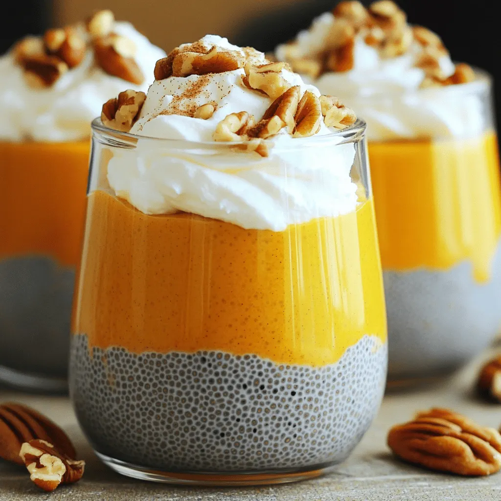 To make Pumpkin Pie Chia Pudding, gather these simple ingredients: - 1 cup unsweetened almond milk - 1/2 cup pumpkin puree - 1/4 cup chia seeds - 2 tablespoons maple syrup - 1 teaspoon vanilla extract - 1 teaspoon pumpkin pie spice - A pinch of salt - Optional toppings: Whipped coconut cream, chopped nuts, cinnamon Each ingredient plays a role in making this pudding rich and tasty. Almond milk gives a creamy base. Pumpkin puree adds flavor and color. Chia seeds thicken the pudding, while maple syrup sweetens it naturally. Vanilla extract and pumpkin pie spice bring warmth and depth. A pinch of salt balances all the flavors. You can also top it with whipped coconut cream and nuts for extra texture and taste. To make pumpkin pie chia pudding, start by mixing the base ingredients. In a large bowl, add 1 cup of unsweetened almond milk, 1/2 cup of pumpkin puree, 2 tablespoons of maple syrup, 1 teaspoon of vanilla extract, 1 teaspoon of pumpkin pie spice, and a pinch of salt. Whisk it all together until it’s smooth. This mix gives the pudding its rich pumpkin flavor. Next, it’s time to incorporate the chia seeds. Add 1/4 cup of chia seeds to the pumpkin mixture. Stir well to make sure the seeds are evenly distributed. This step is key to avoid clumping. Chia seeds will absorb liquid and create the pudding texture. Now, we move on to refrigeration and thickening. Cover the bowl and place it in the fridge for at least 4 hours, or overnight if you can wait. During this time, the chia seeds will expand and thicken the pudding. Once it’s thickened, give it a good stir. This will break up any clumps and make it nice and creamy. When it’s time to serve, portion the pudding into bowls or jars. This makes it easy to enjoy. Each serving looks great and is ready to eat. To make it even more delicious, add toppings. You can use whipped coconut cream for a rich, creamy layer. Chopped pecans or walnuts add a nice crunch. Finally, sprinkle some cinnamon on top for extra flavor. Each bite will remind you of fall! To keep chia seeds from clumping, mix them well with the liquid. After whisking the almond milk and pumpkin, add the chia seeds last. Stir them in quickly. This helps them spread out. Refrigerate the pudding for at least 4 hours. Overnight is best. This gives the seeds time to absorb the liquid and swell. If you want to modify the maple syrup, start with 2 tablespoons. Taste the pudding after it thickens. If you like it sweeter, add more syrup in small amounts. You can also use honey or agave as alternatives. Both sweeteners work great in this recipe. Just remember, each sweetener has a different taste. Adjust to your liking for the best flavor. {{image_2}} You can change the flavor of your pumpkin pie chia pudding easily. Adding spices makes a big difference. Try mixing in extra cinnamon, nutmeg, or ginger. These spices deepen the pumpkin flavor and bring warmth. You can also use vanilla or almond extract for a new twist. Just a few drops can add rich notes. If you want to swap the milk, you have options. Almond milk works well, but coconut milk gives a creamier texture. Oat milk adds a nice flavor too. Each milk type brings its unique taste. Choose what you like best! This pudding can fit many diets, making it a great choice. For a vegan option, use almond or coconut milk. All ingredients are plant-based, so it’s perfect for vegans. If you need a gluten-free treat, you can enjoy this pudding worry-free. All the ingredients are naturally gluten-free. Just check your toppings to ensure they meet your needs. Enjoy this tasty fall delight without any concerns! To keep your pumpkin pie chia pudding fresh, store leftovers in the fridge. Use an airtight container to prevent odors from mixing. Glass jars work well for this. They let you see the pudding and are easy to clean. If you plan to enjoy it later, try to seal it tightly. This helps keep the flavors strong. Yes, you can freeze pumpkin pie chia pudding! Just pour it into a freezer-safe container. Leave some space at the top for expansion. When you want to eat it, take it out of the freezer. Thawing suggestions? The best way is to move it to the fridge overnight. This keeps the texture smooth. If you need it fast, place it in a bowl of warm water. Stir it gently as it thaws. How long does the pudding last in the fridge? The pudding lasts up to five days in the fridge. Store it in a sealed container. This keeps it fresh and tasty. After five days, the chia seeds may lose their texture. Enjoy it while it’s still creamy! Can I use fresh pumpkin instead of puree? Yes, you can use fresh pumpkin. Just cook it until soft, then blend it smooth. Make sure to remove any lumps. This gives you a great flavor and texture. Fresh pumpkin adds a nice touch to your pudding! Is this recipe suitable for meal prep? Absolutely! This recipe is great for meal prep. You can make a batch for the week ahead. Just store individual servings in jars. This makes it easy to grab and go. Plus, it stays fresh for days! This blog post shared a simple and tasty chia pudding recipe. You learned about key ingredients, preparation steps, and how to make it perfect. I also covered tips for tweaking flavors and storing leftovers. Remember, you can adapt this recipe to fit your diet. You now have the skills to impress others with this delicious treat. Enjoy every bite and have fun experimenting!