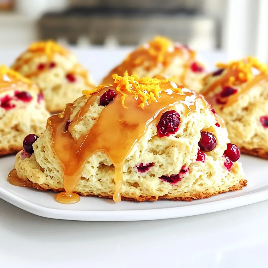 - 2 cups all-purpose flour - 1/3 cup granulated sugar - 1 tablespoon baking powder - 1/2 teaspoon salt - 1/2 cup unsalted butter, cold and cubed - 3/4 cup fresh cranberries, chopped (or dried cranberries) - Zest of 1 orange - 1/2 cup heavy cream - 1 large egg - 1 teaspoon vanilla extract - 1 cup powdered sugar - 2 tablespoons orange juice - Zest of 1/2 orange When making scones, I focus on the best ingredients. Fresh cranberries give a tart flavor that pairs well with sweet orange. The orange zest adds a bright touch. Use cold, cubed butter. This keeps the scones flaky. I always use all-purpose flour for that perfect texture. Baking powder helps the scones rise nicely. The sugar balances the tartness of the cranberries. Heavy cream makes the dough rich and moist. For the glaze, I like to keep it simple. Powdered sugar blends well with fresh orange juice. The zest in the glaze gives extra flavor. This combination makes the scones truly delightful. 1. Preheat the oven and prepare the baking sheet. Set your oven to 400°F (200°C). Line a baking sheet with parchment paper. This helps the scones bake evenly and makes cleanup easy. 2. Combine dry ingredients in a bowl. In a large bowl, whisk together 2 cups of flour, 1/3 cup of sugar, 1 tablespoon of baking powder, and 1/2 teaspoon of salt. Make sure there are no lumps. 3. Cut in butter until crumbly. Take 1/2 cup of cold, cubed butter and add it to the flour mix. Use a pastry cutter or your fingers to blend it in. Aim for a crumbly texture that looks like coarse sand. 4. Stir in cranberries and zest. Add 3/4 cup of chopped cranberries and the zest of 1 orange. Mix gently so the fruit is evenly spread throughout the dry mix. 5. Mix wet ingredients separately. In another bowl, whisk together 1/2 cup of heavy cream, 1 large egg, and 1 teaspoon of vanilla extract. This helps to combine the wet ingredients well. 6. Combine wet and dry ingredients carefully. Pour the wet mix into the dry ingredients. Stir gently until just combined. Be careful not to overmix, or your scones may turn out tough. 7. Knead dough and shape into a circle. Turn the dough onto a floured surface. Knead it gently a few times until it comes together. Shape it into a circle that is about 1 to 1.5 inches thick. 8. Cut into wedges and arrange on a baking sheet. Use a sharp knife to cut the circle into 8 equal wedges. Place them on the prepared baking sheet, leaving some space between each piece. 9. Bake until golden brown. Place the baking sheet in the preheated oven. Bake for 15 to 20 minutes. Look for a golden brown color on the edges. This shows they are ready to come out. - Using cold butter for flakiness: Cold butter makes your scones light and fluffy. When you cut the butter into the flour, it creates small pockets. These pockets turn into steam during baking, making your scones rise beautifully. So, always use cold butter, straight from the fridge. - Avoiding overmixing the dough: Overmixing can make your scones tough. Mix just until the wet and dry ingredients come together. You want a slightly sticky dough, not a smooth one. Gently fold in the cranberries and zest for the best texture. - Checking for doneness: To know if your scones are done, look for a golden brown color on the edges. You can also gently tap the bottom; it should sound hollow. This simple check ensures you get perfectly baked scones every time. - Serving ideas with tea or coffee: Serve your warm scones on a rustic wooden board or a lovely cake stand. Pair them with a hot cup of tea or coffee. The warmth of the drink complements the sweet and tangy flavors of the scones. - Garnishing with orange zest: Add a sprinkle of fresh orange zest on top of your scones for a vibrant look. This not only enhances their appeal but also boosts the citrus flavor. A little extra zest goes a long way in making your scones pop! {{image_2}} You can change your cranberry orange scones in fun ways. Here are some ideas: - Using dried cranberries instead of fresh: Dried cranberries work well when fresh ones are not available. They add sweetness and chewiness. - Incorporating nuts or chocolate chips: Try adding chopped pecans or walnuts for crunch. You can also mix in chocolate chips for a sweet twist. - Substituting different citrus zests: If you want a change, use lemon or lime zest. Each option gives a unique flavor to your scones. Enhancing the flavors of your scones can be simple. Here are some tips: - Adding spices like cinnamon or nutmeg: A dash of cinnamon adds warmth. Nutmeg gives a nice, cozy feel. Both can enhance the overall taste. - Infusing the glaze with other fruit juices: Instead of just orange juice, try lemon or cranberry juice in your glaze. This can brighten the flavors and add a new dimension. To keep your cranberry orange scones fresh at room temperature, place them in an airtight container. This helps keep moisture in and prevents them from drying out. You can store them for up to two days. If the weather is warm, it’s best to eat them sooner. If you want to save some scones for later, freezing is a great option. Wrap each scone in plastic wrap and place them in a freezer-safe bag. They can last for up to three months in the freezer. When you're ready to enjoy them again, simply take out the scones and let them thaw at room temperature. For the best results, reheat them in the oven at 350°F (175°C) for about 10 minutes. This will make them warm and soft, just like fresh-baked. Can I use frozen cranberries for this recipe? Yes, you can use frozen cranberries. Just chop them while still frozen. This keeps the scones moist and fresh. How do I know when the scones are baked perfectly? Look for a golden brown color on the edges. You can also insert a toothpick in the center. If it comes out clean, the scones are done. Can I make the dough ahead of time? Yes, you can make the dough ahead of time. Wrap it in plastic and store it in the fridge for up to 24 hours. This helps the flavors develop. What to do if the dough is too sticky? If the dough is sticky, add a little more flour. Sprinkle it on the dough and gently mix it in until it comes together. How to fix overbaked scones? If your scones are overbaked, try serving them with butter or cream. This can help add moisture back into them. What sauce pairs well with cranberry scones? A simple orange glaze pairs well with cranberry scones. The citrus flavor enhances the tartness of the cranberries. You can also serve with clotted cream for a rich taste. You now know how to make delicious cranberry scones, from the main ingredients to baking tips. Using cold butter and fresh zest will make them flakier and more flavorful. Try adding spices or different fruits for your own twist. Remember to store them properly for the best taste. With these steps, you'll impress family and friends. Baking scones can be fun and rewarding. Enjoy your baking journey!