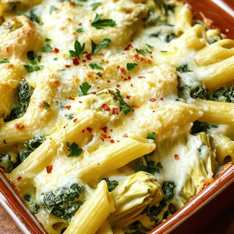 For a great Spinach Artichoke Pasta Bake, you need: - 12 ounces pasta (penne or rotini) - 1 (14-ounce) can artichoke hearts, drained and roughly chopped - 2 cups fresh spinach, chopped - 1 cup cream cheese, softened - 1 cup sour cream - 1 cup shredded mozzarella cheese, divided - 1 cup grated Parmesan cheese, divided - 2 cloves garlic, minced - 1 teaspoon onion powder - 1/2 teaspoon red pepper flakes (optional) - Salt and pepper to taste - 1 tablespoon olive oil These ingredients come together to create a rich and creamy dish. The combination of cheeses adds depth. The artichokes and spinach provide freshness and flavor. You can add some extra touches: - Fresh parsley for garnish - Red pepper flakes for added heat Fresh parsley brightens the dish. It adds a touch of color and flavor. Red pepper flakes give the bake a nice kick. You can adjust the heat to your liking. If you need alternatives: - You can use Greek yogurt instead of cream cheese. - For dairy-free options, try cashew cream or coconut cream. These swaps keep the dish creamy without using dairy. They work well and keep the flavors balanced. Enjoy the flexibility in your cooking! To start, bring a large pot of water to a boil. Make sure you add salt to the water. This step is key to flavoring the pasta. Now, add 12 ounces of penne or rotini. Cook until al dente, which means it should still have a bit of bite. This usually takes about 8 to 10 minutes. Once cooked, drain the pasta and set it aside. In a big mixing bowl, combine 1 cup of softened cream cheese and 1 cup of sour cream. Mix them until the blend is smooth. Next, add 1 can of drained and chopped artichoke hearts, 2 cups of chopped fresh spinach, and half of each cheese: 1/2 cup of mozzarella and 1/2 cup of Parmesan. Then, toss in 2 cloves of minced garlic, 1 teaspoon of onion powder, and a pinch of salt and pepper. If you like heat, add 1/2 teaspoon of red pepper flakes. Stir everything until it is well combined. Finally, gently fold in the cooked pasta until it is evenly coated. Before baking, preheat your oven to 350°F (175°C). Grease a 9x13 inch baking dish with 1 tablespoon of olive oil. Pour the pasta mixture into the dish and spread it out evenly. Top it off with the rest of the mozzarella and Parmesan cheese. Bake the dish in the oven for 25 to 30 minutes. You’ll know it’s done when the cheese is bubbly and golden brown. Remove it from the oven and let it cool for a few minutes. If you want, garnish with fresh parsley before serving. Enjoy your Spinach Artichoke Pasta Bake! To ensure a creamy consistency, mix the cream cheese and sour cream well. This step helps avoid lumps and makes the dish smooth. You want to blend until it’s completely mixed. Use a hand mixer if needed. This makes it easier to fold in the other ingredients. Avoid overcooked pasta. Cook it just until al dente. This means it should be firm and not mushy. Remember, the pasta will bake more in the oven. So, undercooking slightly helps keep the right texture. Adding more vegetables or proteins can boost flavor. Try bell peppers, mushrooms, or zucchini. These add color and nutrients. You can also use cooked chicken or shrimp for a protein punch. Experimenting with herbs and spices makes the dish your own. Fresh basil or thyme can brighten the flavors. If you like heat, add more red pepper flakes or a pinch of cayenne pepper. Checking for doneness is key when baking. After 25 minutes, look for bubbly cheese and a golden top. If it’s not ready, bake for a few more minutes. For a golden cheese topping, broil for a minute at the end. Keep an eye on it. Cheese can burn quickly. This step gives a nice crispy layer that everyone loves. {{image_2}} You can add chicken for extra flavor. Cook the chicken first, then chop it. Toss it into the mix with the pasta. Shrimp is another tasty option. Just cook the shrimp until pink, then add it too. For a vegetarian twist, use chickpeas or lentils. They add protein and keep it hearty. Cheese is key in this dish. You can use different cheese blends for fun flavors. Try adding gouda or cheddar for a twist. If you love cheese, make it extra cheesy! Just add more mozzarella and Parmesan on top before baking. The more cheese, the better! Want a vegan version? Use plant-based cream cheese instead of regular cream cheese. Swap sour cream for a dairy-free option too. For the pasta, choose gluten-free varieties like brown rice or chickpea pasta. These options make it easy for everyone to enjoy this dish. To keep your Spinach Artichoke Pasta Bake fresh, store it in an airtight container. Place it in the fridge right away. It will stay good for about three to four days. If you want to save some for later, freeze it! Wrap the dish tightly with plastic wrap, then cover it with foil. You can freeze it for up to three months. When you’re ready to eat, reheating is key. You can use the oven or microwave. If you choose the oven, preheat it to 350°F (175°C). Place the pasta bake in a baking dish and cover it with foil. This keeps it moist. Heat for about 20 minutes. If using the microwave, heat it in short bursts. Stir and check often to keep the cheese creamy. You can make this dish ahead of time. Prepare it all the way up to baking. Cover it and store it in the fridge. Bake it just before serving. For easy meals, portion the pasta bake into smaller containers. This way, you can grab a serving when you need it. Enjoy the convenience of a quick, tasty meal! Yes, you can make this dish ahead of time. Prepare the pasta bake, but do not bake it. Cover it tightly with plastic wrap and store it in the fridge for up to 24 hours. When you are ready to bake, remove the wrap and bake as directed. Tips for prep and storage: - Make sure to cool the pasta mixture slightly before wrapping. - Use an airtight container for freezing leftovers. - If frozen, thaw in the fridge overnight before baking. This dish pairs well with many sides. A simple green salad adds freshness. Garlic bread complements the creamy flavors. Roasted vegetables provide a nice crunch. Suggested side dishes: - Mixed greens salad with vinaigrette - Garlic bread or breadsticks - Steamed broccoli or roasted carrots You can easily add heat to this dish. Start with more red pepper flakes. For extra spice, try adding diced jalapeños. A splash of hot sauce can also work wonders. Options for heat levels: - Increase red pepper flakes to taste - Add fresh jalapeños for a kick - Drizzle with your favorite hot sauce before serving This article covered how to create a delicious Spinach Artichoke Pasta Bake. We discussed essential ingredients, preparation steps, and tips to perfect your dish. You learned about options for protein and even vegan choices. Storing and reheating practices help keep your meal fresh. Experiment with flavors and textures to make it your own. Enjoy this delightful recipe, and let it bring comfort and joy to your table!