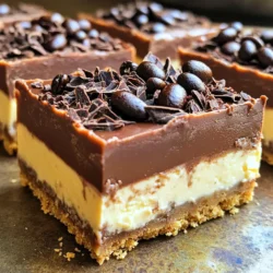 For the No-Bake Mocha Espresso Cheesecake Bars, gather these key ingredients: - 1 ½ cups digestive biscuits or graham cracker crumbs - ½ cup unsalted butter, melted - 2 cups cream cheese, softened - 1 cup powdered sugar - 1 cup heavy whipping cream - 1 tablespoon instant espresso powder - 2 tablespoons hot water - 1 teaspoon vanilla extract - 2 tablespoons cocoa powder - Chocolate shavings and coffee beans for garnish You can swap ingredients if needed. Here are some ideas: - Digestive biscuits: Use graham crackers, Oreos, or any cookie you like. - Unsalted butter: Coconut oil works well for a dairy-free option. - Cream cheese: Substitute with vegan cream cheese for a dairy-free dessert. - Powdered sugar: You can use coconut sugar or a sugar substitute for lower sugar. - Heavy whipping cream: Try coconut cream to make it dairy-free. Quality matters for great taste. Here are my tips: - Cream cheese: Choose full-fat cream cheese for a rich, creamy texture. - Espresso powder: Use a good brand for a strong coffee flavor in the bars. - Cocoa powder: Opt for unsweetened cocoa for the best chocolate taste. - Butter: Always use fresh unsalted butter for the crust to avoid saltiness. - Whipping cream: Use chilled heavy cream for the best whipping results. These tips help ensure your No-Bake Mocha Espresso Cheesecake Bars turn out perfectly! To start, gather your ingredients for the crust. Use 1 ½ cups of digestive biscuits or graham cracker crumbs. Mix these crumbs with ½ cup of melted unsalted butter in a medium bowl. Keep mixing until it looks like wet sand. Now, press this mixture firmly into the bottom of an 8x8-inch baking dish. Make sure it forms an even layer, as this will hold your cheesecake together. Set it aside while you prepare the filling. Next, let’s make the espresso. Take 1 tablespoon of instant espresso powder and add it to a small bowl. Pour in 2 tablespoons of hot water. Stir until the espresso powder dissolves completely. This step adds a rich coffee flavor to your cheesecake. Let the mixture cool slightly before adding it to the filling. Now, grab a large mixing bowl. Add 2 cups of softened cream cheese to it. Use an electric mixer to beat the cream cheese until it is smooth and creamy. Gradually mix in 1 cup of powdered sugar and 2 tablespoons of cocoa powder. Keep mixing until everything is well combined. This will give your filling a nice sweetness and a hint of chocolate. In a separate bowl, pour 1 cup of heavy whipping cream. Whip it until stiff peaks form. This means the cream should hold its shape when you lift the whisk. Carefully fold this whipped cream into the cream cheese mixture. Do this gently to keep the mixture light and airy. This step is key to a fluffy cheesecake. Pour the espresso cheesecake filling over the prepared crust. Use a spatula to smooth the top. Cover the baking dish and refrigerate it for at least 4 hours. This allows the cheesecake to set firmly. Once it’s chilled, slice the cheesecake into bars. For a special touch, garnish each bar with chocolate shavings and a few whole coffee beans. Enjoy your delicious creation! To get the best texture in your cheesecake bars, focus on your cream cheese. Make sure it is softened. Cold cream cheese makes lumps. Use an electric mixer to beat it well. This will help create a smooth base. When you fold in the whipped cream, do it gently. This keeps your bars light and fluffy. You can easily enhance flavors by adding extras. Try mixing in a bit of chocolate or coffee liqueur. You could also add a splash of almond extract for depth. If you love nuts, crushed walnuts or hazelnuts work well too. For a fruity twist, consider adding a layer of fruit puree on top. Presentation can make your bars shine. After cutting them, place each bar on a small plate. Garnish with chocolate shavings and coffee beans. This adds a nice touch and looks fancy. For a pop of color, add fresh berries on the side. Arrange them nicely for a stunning display. {{image_2}} You can easily make gluten-free mocha espresso cheesecake bars. Swap out the digestive biscuits for gluten-free graham cracker crumbs. Many brands offer tasty options. Just check the package for gluten-free labels. Use the same amount as the recipe calls for. Your bars will still taste great! If you want a twist, try different flavors. For a minty touch, add peppermint extract instead of vanilla. You can also mix in some caramel sauce for a sweet kick. Experiment with flavored coffee, like hazelnut or vanilla. Each variation will give a new taste to your bars. To make these bars vegan, use plant-based cream cheese. There are many brands available that taste just like regular cream cheese. Replace the heavy whipping cream with coconut cream, whipped until fluffy. Use maple syrup instead of powdered sugar for sweetness. These swaps keep your bars creamy and delicious! To store leftover bars, wrap them tightly. Use plastic wrap or foil to cover the dish. This helps keep the bars fresh. Place them in the fridge for up to five days. If you use an airtight container, the bars will last longer. You can freeze these cheesecake bars for up to three months. First, cut the bars into pieces. Then, wrap each piece in plastic wrap. Place the wrapped bars in a freezer-safe bag. Label the bag with the date. To eat, thaw them in the fridge overnight. For the best taste, keep the bars cold until serving. Always use clean utensils to cut the bars. This prevents any bacteria from getting in. Try to keep the bars covered when not being served. This will help them stay creamy and delicious. Yes, you can use many types of cookies. Options include Oreos, vanilla wafers, or any cookie you love. Just crush them to make crumbs before mixing with melted butter. This change can bring a fun twist to your cheesecake bars. You can store the cheesecake bars in the fridge for up to one week. Just make sure to cover them well with plastic wrap or foil. This keeps them fresh and tasty for longer. If you need a substitute for cream cheese, try Greek yogurt or silken tofu. Both will change the flavor and texture, but they can work well in this recipe. Use the same amount as cream cheese for a good balance. Yes, these bars are perfect for making ahead. You can prepare them a day or two before serving. Just remember to keep them in the fridge until you are ready to enjoy them. Absolutely! Get creative with toppings. You can add whipped cream, chocolate sauce, or fresh berries. Even crushed nuts or caramel drizzle can enhance the flavors and presentation of your cheesecake bars. This blog post covered everything you need for delicious cheesecake bars. We explored key ingredients and tasty substitutes that enhance flavor. I shared step-by-step instructions to guide you through making the perfect crust, espresso mixture, and creamy filling. You also learned helpful tips for texture and presentation. Feel free to adapt recipes for gluten-free or vegan options. With proper storage, your leftovers will stay fresh. Enjoy your cheesecake bars and impress your friends and family!
