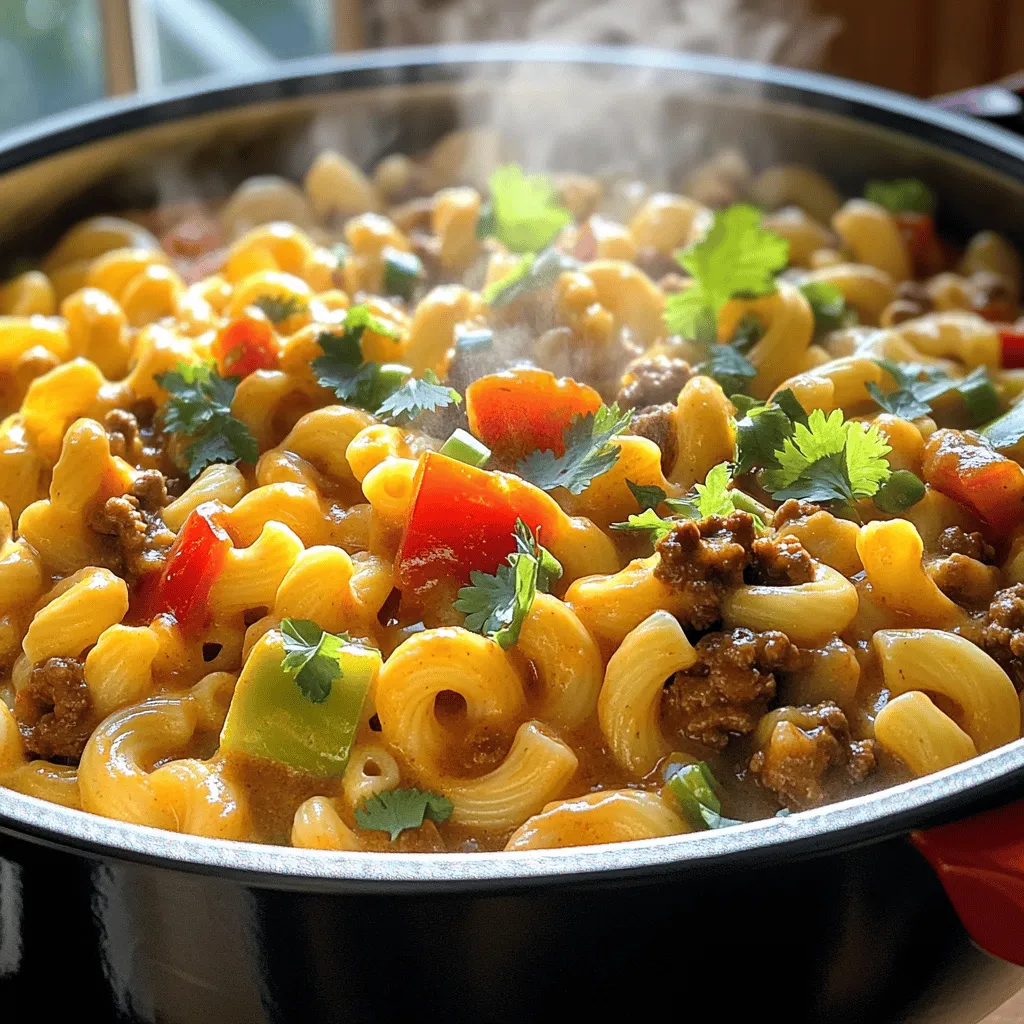 - 1 pound elbow macaroni - 1 pound ground beef or turkey - 1 can kidney beans, rinsed and drained - 1 can diced tomatoes with green chilies - 2 cups beef broth - 1 medium onion, chopped - 2 cloves garlic, minced - 1 bell pepper, diced (any color) - 2 tablespoons chili powder - 1 teaspoon cumin - 1 cup shredded cheddar cheese - 1/2 cup sour cream - Fresh cilantro or green onions for garnish In this recipe, I use elbow macaroni as the base. It cooks well and absorbs flavors. You can choose ground beef for richness or turkey for a lighter taste. Kidney beans add protein and fiber, while diced tomatoes with green chilies bring spice and freshness. The beef broth adds depth to the flavors. For vegetables, I like using onion, garlic, and bell pepper. They give the dish a great aroma and taste. Seasonings play a big role here. Chili powder adds warmth, while cumin gives an earthy note. Lastly, we finish with cheddar cheese and sour cream for creaminess. Fresh herbs like cilantro or green onions make it look and taste bright. This mix of ingredients makes a simple yet hearty meal that anyone can enjoy. - Heat 1 tablespoon of olive oil in a large pot over medium heat. - Add 1 medium chopped onion. Sauté for about 3 minutes until softened. - Add 2 minced garlic cloves and 1 diced bell pepper. Cook for 2 more minutes until fragrant. - Increase the heat to medium-high. Add 1 pound of ground beef or turkey. - Cook the meat, breaking it up with a spoon, until browned, about 5-7 minutes. - Drain any excess fat from the pot. - Stir in 1 can of kidney beans and 1 can of diced tomatoes with their juices. - Pour in 2 cups of beef broth. Add 2 tablespoons of chili powder, 1 teaspoon of cumin, and salt and pepper to taste. - Bring this mixture to a simmer. - Once simmering, add 1 pound of elbow macaroni, stirring to combine. - Cover the pot and reduce the heat to medium-low. Cook for about 10-12 minutes. Stir occasionally until the pasta is tender and has absorbed some liquid. - Remove the pot from heat. Stir in 1 cup of shredded cheddar cheese and 1/2 cup of sour cream. - Mix until well combined and the cheese melts. Taste and adjust seasoning as needed. - Serve warm, garnished with fresh cilantro or sliced green onions. - Using fresh ingredients: Fresh ingredients make a big difference in taste. Use fresh onions, garlic, and bell peppers. They add bright flavors that dried or canned options cannot match. Fresh produce also keeps your meal healthy and colorful. - Adjusting spices to taste: Everyone has different spice levels. Start with the basic chili powder and cumin. Taste your dish as you go. If you want more heat, add more chili powder or even some fresh jalapeños. You can always add more, but you can't take it out! - How to incorporate additional dairy options: For a creamier texture, add more sour cream or even cream cheese. Stir it in with the cheese until well combined. This extra creaminess makes every spoonful delightful. - Flavorful garnishing suggestions: Garnishes not only look good but also add flavor. Fresh cilantro or sliced green onions work great. You can also sprinkle extra cheese on top before serving. It melts slightly and adds richness. - Preventing overcooked macaroni: To keep your macaroni from getting mushy, stir it often while it cooks. Check it a minute or two early to see if it's done. The pasta should be al dente, which means it still has a little bite. - Ensuring the right consistency: If your chili mac seems too thick, add a bit more broth or water to loosen it up. If it’s too runny, let it simmer longer with the lid off. This helps thicken your dish and intensifies the flavors. {{image_2}} You can easily change the protein in this dish. Instead of ground beef, try ground turkey. It gives a lighter taste but keeps that hearty feel. If you want a vegetarian option, use lentils or mushrooms. Both add a great texture and flavor. Want some heat? Add jalapeños to the mix. They bring a nice kick. You can also stir in hot sauce for more spice. If you need a milder version, skip the spice and use sweet bell peppers. Kids will enjoy a version that is not too hot. If you need gluten-free pasta, use rice or corn pasta instead of elbow macaroni. It works just as well. You can also switch beans. Black beans or pinto beans are tasty choices too. Add more veggies like zucchini or corn for extra flavor and nutrition. To store leftovers, let the chili mac cool first. Place it in an airtight container. Glass or plastic containers work well. Make sure to close the lids tightly. It can stay fresh in the fridge for up to 3-4 days. You can freeze Cheesy One-Pot Chili Mac for later. Use a freezer-safe container or a heavy-duty freezer bag. Press out as much air as you can before sealing. This dish can last in the freezer for about 2-3 months. When you want to eat it, thaw it overnight in the fridge. Reheat it on the stove or in the microwave until it is warm. In the fridge, Cheesy One-Pot Chili Mac is good for 3-4 days. If it starts to smell sour or looks off, throw it out. Check for any mold or discoloration. These are signs that it has spoiled. Always trust your senses when deciding to eat leftovers. Yes, you can make this dish ahead. To prep, cook the chili mac as usual. Let it cool completely. Then, store it in an airtight container in the fridge. You can keep it for up to three days. When you’re ready to eat, just reheat it on the stove or in the microwave. Add a splash of broth to keep it moist while reheating. To make this dish vegetarian, swap the ground beef for a meat alternative like lentils or mushrooms. Use vegetable broth instead of beef broth. For a vegan version, also replace the cheese and sour cream with plant-based options. Nutritional yeast is a great cheese substitute, giving a cheesy flavor without dairy. Use coconut yogurt or cashew cream as a sour cream substitute. Absolutely! You can use any cheese you like. Pepper jack adds a nice kick. Monterey Jack or gouda also work well for a milder taste. If you're avoiding dairy, try vegan shredded cheese. Just note that some might not melt as well as traditional cheese. This dish pairs well with a simple side salad. Try a green salad with lettuce, tomatoes, and cucumbers. Cornbread is another great choice, adding a sweet contrast to the savory chili mac. For a crunchy touch, serve tortilla chips on the side. They add a fun texture and flavor. This article explored the tasty world of Cheesy One-Pot Chili Mac. We covered key ingredients, including elbow macaroni, ground beef, and spices. I provided step-by-step instructions for preparing this dish with easy tips to enhance flavor and texture. We also discussed storage tips and variations for proteins and spice levels. This dish fits many tastes, making it a great dinner option. Enjoy making it your own!