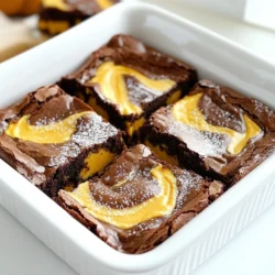 To make Pumpkin Cheesecake Swirl Brownies, you will need the following ingredients: - 1 cup unsalted butter - 2 cups granulated sugar - 1 cup brown sugar, packed - 4 large eggs - 1 teaspoon vanilla extract - 1 cup all-purpose flour - 1 cup unsweetened cocoa powder - 1 teaspoon baking powder - ½ teaspoon salt - 1 teaspoon espresso powder (optional) - 1 cup pumpkin puree - 8 oz cream cheese, softened - ½ cup powdered sugar - 1 teaspoon pumpkin spice These ingredients bring rich flavors and textures to your brownies. The butter offers a nice, moist base. Sugars add sweetness and depth. Eggs bind the mixture and help it rise. Flour and cocoa form the heart of the brownie. Baking powder helps it rise, while salt balances the sweetness. The pumpkin puree gives a lovely, creamy layer and pairs well with the spices. Cream cheese creates a smooth cheesecake swirl that contrasts with the brownie base. The optional espresso powder enhances the chocolate notes, making it even richer. This mix of flavors makes these brownies truly unique. You’ll love the creamy pumpkin cheesecake blended with the rich chocolate brownie. Get ready to impress your family and friends with this tasty treat! First, preheat your oven to 350°F (175°C). This step is crucial for even baking. Next, grease a 9x13 inch baking pan. You can use butter or cooking spray. For easy removal later, line the pan with parchment paper. This way, you won’t lose any brownie goodness. In a large saucepan, melt 1 cup of unsalted butter over low heat. Once it’s melted, take it off the heat. Stir in 2 cups of granulated sugar and 1 cup of brown sugar. Mix until everything is smooth. Next, add 4 large eggs one at a time, mixing well after each. Don't forget to stir in 1 teaspoon of vanilla extract. In another bowl, whisk together 1 cup of flour, 1 cup of unsweetened cocoa powder, 1 teaspoon of baking powder, ½ teaspoon of salt, and 1 teaspoon of espresso powder if you wish. Gradually add these dry ingredients to the chocolate mixture. Mix until just combined. In a medium bowl, beat 8 ounces of softened cream cheese until it’s smooth. Then, mix in 1 cup of pumpkin puree, ½ cup of powdered sugar, and 1 teaspoon of pumpkin spice. Keep mixing until the mixture is creamy and well combined. Pour half of the brownie batter into the prepared baking pan. Spread it evenly across the bottom. Next, dollop half of the pumpkin cheesecake mixture over the brownie layer. Use a knife to gently swirl the two mixtures together. Now, pour the remaining brownie batter on top. Add the rest of the pumpkin cheesecake mixture and swirl again for a lovely marbled look. Place the pan in your preheated oven. Bake for 30 to 35 minutes. To check if they are done, insert a toothpick into the center. If it comes out with a few moist crumbs, your brownies are ready. Let them cool completely on a wire rack before cutting them into squares. - Use room temperature ingredients. This helps the batter mix well and rise nicely. - Avoid overmixing the batter. Mix until just combined to keep your brownies soft. - Add chocolate chips or nuts for extra texture. They add a nice crunch and flavor. - Adjust spices to match your taste. A bit more cinnamon or nutmeg can make it special. - For a festive look, dust the brownies with powdered sugar. It adds a pretty touch. - Pair them with whipped cream or a caramel drizzle. It elevates the dessert into a treat! {{image_2}} You can make these brownies gluten-free. Simply swap all-purpose flour with gluten-free flour. Look for a blend that works well for baking. This change keeps the texture light and tasty. You won't miss the regular flour! To make these brownies dairy-free, use dairy-free cream cheese. Many brands offer great alternatives. They give your pumpkin cheesecake layer a creamy texture. This swap makes it easy for those who avoid dairy. Want to switch things up? You can swap pumpkin with other squash or sweet potato. Both options add a unique flavor. But, keep the pumpkin spice for that warm taste. Each choice creates a new treat that’s still rich and delightful. After baking, let the brownies cool in the pan on a wire rack. This step is key. If you cut them too soon, they may fall apart. Once cool, you can store them. For best results, keep them in an airtight container. You can store them at room temperature for up to three days. If you prefer, refrigeration can help them last longer. Just remember, cold brownies can be a bit firmer. These brownies stay fresh for about a week in the fridge. They can lose some flavor over time, so try to eat them sooner. For longer storage, freezing works well. Wrap them tightly in plastic wrap or foil. Then place them in a freezer bag. They can last up to three months in the freezer. When ready to enjoy, simply thaw them in the fridge overnight. You can also heat them in the oven for a warm treat! Yes, you can make these brownies ahead of time. They taste great after a day or two. Just store them in an airtight container. You can even freeze them for longer storage. Wrap each brownie in plastic wrap, then place them in a freezer bag. They stay fresh for about three months. When you want to enjoy them, just thaw them overnight in the fridge. To cut brownies neatly, use a sharp knife. First, let them cool completely. Run the knife under hot water, then dry it off. This helps the knife glide through the brownies without tearing them. For clean cuts, wipe the knife with a damp cloth between slices. This keeps your edges sharp and tidy. Yes, you can use fresh pumpkin. Just make sure to cook and puree it first. Cut the pumpkin into chunks, steam or roast until soft, then blend until smooth. This gives a great flavor and texture. However, canned pumpkin is often more convenient and consistent. To check if your brownies are done, insert a toothpick in the center. If it comes out with a few moist crumbs, they are ready. If the toothpick comes out clean, they might be overcooked. Keep an eye on the baking time, aiming for 30-35 minutes, and adjust based on your oven. Yes, you can reduce the sugar. Cut back on the granulated sugar or brown sugar by ¼ cup. You could also add a pinch of salt to balance the flavors. Another option is to use dark chocolate cocoa powder, which can help offset the sweetness. These brownies combine rich chocolate with creamy pumpkin cheesecake. You mix simple ingredients to create layers of flavor. Follow the steps carefully for the best texture. You can also try gluten-free or dairy-free options. Customize flavors to fit your taste. Store leftovers properly for freshness. Enjoy these delightful treats at your next gathering! Your friends and family will love them. Keep experimenting in the kitchen. Each attempt gets you closer to brownie perfection.