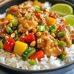 To create the perfect Min Kung Pao Chicken, gather these main ingredients: - 1 lb (450g) boneless chicken thighs, diced - 1/2 cup roasted peanuts - 1/2 cup bell peppers (red, green, yellow), diced - 1/2 cup green onions, chopped - 1 tablespoon ginger, minced - 2 garlic cloves, minced - 2 tablespoons soy sauce - 1 tablespoon hoisin sauce - 1 tablespoon sesame oil - 1 tablespoon rice vinegar - 1 tablespoon cornstarch - 1 teaspoon chili paste (adjust to heat preference) - Salt and pepper to taste - 2 tablespoons vegetable oil for frying These ingredients come together to create a dish that bursts with flavor. You can add some optional ingredients for even more flavor and texture: - Sliced carrots for crunch - Broccoli florets for a green touch - Pineapple chunks for sweetness - Cashews as a nut alternative Feel free to mix and match to suit your taste. A few cooking staples are key to getting that authentic taste: - Use fresh garlic and ginger to enhance flavors. - Choose good quality soy sauce and hoisin sauce for depth. - Sesame oil adds a nutty touch that is hard to beat. These staples ensure that your Min Kung Pao Chicken tastes just right. To start, we need to marinate the chicken. Take 1 pound of boneless chicken thighs and dice them into bite-sized pieces. In a medium bowl, mix the chicken with: - 2 tablespoons soy sauce - 1 tablespoon hoisin sauce - 1 tablespoon sesame oil - 1 tablespoon rice vinegar - 1 tablespoon cornstarch This mix adds flavor and helps tenderize the chicken. Let the chicken marinate for at least 20 minutes. This step is key for taste. Next, heat 2 tablespoons of vegetable oil in a large skillet over medium-high heat. Once the oil is hot, add the marinated chicken. Cook the chicken for about 5 to 7 minutes. Stir often until the chicken turns golden and is no longer pink. Then, add 1 tablespoon of minced ginger and 2 minced garlic cloves. Cook for another 1 to 2 minutes. This step makes the dish smell great and adds depth to the flavor. Now, it’s time to add some color and crunch. Toss in: - 1/2 cup diced bell peppers (any colors you like) - 1/2 cup roasted peanuts Stir-fry for about 3 minutes until the bell peppers soften a bit. Then, add 1 teaspoon of chili paste. Adjust this to your heat preference. Mix everything well and cook for another 2 to 3 minutes. Season with salt and pepper to taste. Finally, fold in 1/2 cup of chopped green onions and remove from heat. Your Min Kung Pao Chicken is now packed with flavor and ready to serve! To get the real taste of Kung Pao, use fresh ingredients. Choose ripe bell peppers. Use good quality chicken thighs for tenderness. Marinate the chicken for at least 20 minutes. This step builds flavor. Mix soy sauce, hoisin sauce, and sesame oil in your marinade. These ingredients add a deep umami taste. Adjust the chili paste to match your spice level. If you love heat, add more. Balance is key in this dish. One common mistake is overcooking the chicken. Cook until it's just no longer pink. This keeps the chicken juicy. Another mistake is not using enough oil when frying. The oil helps achieve a nice sear. Don’t skip the garlic and ginger. They add a lot of flavor. Lastly, avoid overcrowding the pan. Cook in batches if needed. This ensures even cooking and browning. Serve your Min Kung Pao Chicken over jasmine rice. The rice absorbs the sauce well. Garnish with extra roasted peanuts for crunch. A drizzle of sesame oil adds a nice finish. Add lime wedges on the side. The lime gives a fresh taste that brightens the dish. Use a colorful plate to make your meal pop. Enjoy your delicious creation with family or friends! {{image_2}} You can easily make Min Kung Pao Chicken vegetarian or vegan. Instead of chicken, use tofu or tempeh. These proteins soak up flavors well. Dice them like chicken and marinate as you would. Use the same sauces for a rich taste. Add extra veggies like mushrooms or zucchini for more texture. You control the heat in this dish. For less spice, cut back on chili paste. You can also omit it. If you like more heat, add more chili paste or fresh chili peppers. Taste as you go to find your perfect spice level. Remember, you can always add more, but it’s hard to take it out. If you want to switch up the protein, try shrimp or beef. Cook shrimp until pink and tender. For beef, choose flank steak or sirloin. Slice it thin for quick cooking. Adjust marinating times based on the protein you use. Each option brings a unique flavor to this dish. You can store leftover Min Kung Pao Chicken in the fridge. Place it in an airtight container. It will stay fresh for 3 to 4 days. Make sure it cools down before sealing. This helps keep the chicken juicy and tasty. When ready to eat, give it a good stir to mix the flavors. To freeze Min Kung Pao Chicken, cool it first. Then, place it in a freezer-safe bag. Squeeze out all the air before sealing. You can freeze it for up to 3 months. When you’re ready, just thaw it in the fridge overnight. This keeps the taste great when you want to enjoy it again. Reheat the chicken on the stove for best results. Use a skillet over medium heat. Add a splash of water or broth to keep it moist. Stir until it’s heated through, about 5 to 7 minutes. You can also use the microwave, but cover it with a damp paper towel. This helps it heat evenly. Always check the temperature before serving. You want it hot all the way through! Min Kung Pao Chicken is a tasty dish that mixes chicken with peanuts and veggies. It has a rich flavor from soy sauce, hoisin sauce, and sesame oil. This meal comes from Chinese cuisine and is known for its spicy kick. You can easily make it at home for a fun weeknight dinner. To make Min Kung Pao Chicken less spicy, you can skip the chili paste. You can also reduce the amount you use. Another way is to add more bell peppers or nuts. These will balance the spice and add sweetness. Serve it with rice, which helps cool the heat. Yes, you can use different vegetables in Min Kung Pao Chicken. Broccoli, snap peas, or carrots work well. Feel free to mix and match your favorites. Just cut them into small pieces so they cook evenly. Using seasonal veggies can also add freshness and flavor to your dish. This blog post covered the essential ingredients and steps to make Min Kung Pao Chicken. You learned how to marinate chicken, cook it perfectly, and add veggies and peanuts for texture. I shared tips for an authentic flavor and common mistakes to avoid. Variations like vegetarian options and spice adjustments make this dish flexible. Lastly, I provided storage and reheating tips to help you enjoy leftovers. Embrace these ideas to create your own tasty dish! Enjoy experimenting with flavors and make it your own.