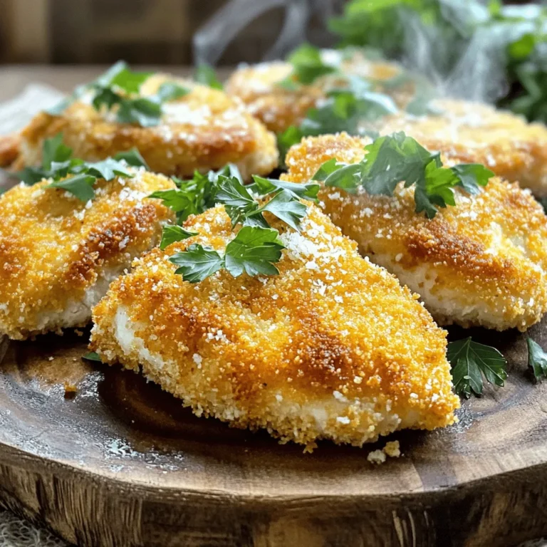 To make Panko Parmesan Chicken Cutlets, gather these ingredients: - 2 boneless, skinless chicken breasts - 1 cup panko breadcrumbs - ½ cup grated Parmesan cheese - 1 teaspoon garlic powder - 1 teaspoon Italian seasoning - Salt and pepper to taste - 1 cup all-purpose flour - 2 large eggs - 2 tablespoons milk - Vegetable oil for frying - Fresh parsley, chopped (for garnish) You can switch out items if needed. For a gluten-free option, use gluten-free breadcrumbs. Grated Pecorino Romano can replace Parmesan for a sharper taste. If you don’t have garlic powder, fresh minced garlic works too. Italian seasoning can be swapped with mixed dried herbs like oregano or basil, depending on your taste. Using fresh herbs adds a burst of flavor that dried herbs can't match. Fresh parsley as a garnish brightens the dish. However, dried herbs like Italian seasoning are convenient and still offer great taste. Remember, if you use dried herbs, use about one-third of the amount of fresh ones. This balance will keep your dish flavorful and well-seasoned. Start with the chicken. Take two boneless, skinless chicken breasts. Cut each breast in half to make thinner cutlets. Place the cutlets between plastic wrap. Use a meat mallet to pound them gently. Aim for an even thickness of ½ inch. This step helps them cook evenly. Now, set up your breading station. You will need three shallow dishes. In the first dish, add all-purpose flour. Season it with salt and pepper. In the second dish, whisk two large eggs with two tablespoons of milk. In the third dish, mix panko breadcrumbs, grated Parmesan cheese, garlic powder, Italian seasoning, and a pinch of salt and pepper. This combination gives the cutlets great flavor. Heat vegetable oil in a large skillet over medium-high heat. You want enough oil to cover the bottom of the pan. Once the oil is hot, it is time to bread the chicken. First, dip each cutlet into the flour. Shake off any excess flour. Next, dip it into the egg mixture. Finally, coat it with the panko mix. Press gently to make sure it sticks well. Carefully place the breaded cutlets in the hot oil. Cook for about 4-5 minutes on each side. Look for a golden-brown color to know they are done. Use tongs to transfer the cooked cutlets to a paper towel-lined plate. This step helps drain excess oil. Keep the cutlets warm in a 200°F oven while you finish frying the rest. Enjoy your crispy Panko Parmesan Chicken Cutlets! To get that crunchy bite, use panko breadcrumbs. They are lighter than regular breadcrumbs. Mix in grated Parmesan cheese for added flavor. This combo gives you a golden crust. Make sure to press the breadcrumbs onto the chicken cutlets. This helps them stick better. Use a large skillet and heat vegetable oil over medium-high heat. The oil should cover the bottom of the pan. Test if the oil is hot enough by dropping in a breadcrumb. If it sizzles, you’re ready! Cook the cutlets for about 4-5 minutes on each side. This will give them a nice golden color. Always keep an eye on them to avoid burning. One common mistake is not pounding the chicken evenly. This can lead to uneven cooking. Another mistake is overcrowding the pan. Fry in batches if needed. This prevents steaming and keeps them crispy. Lastly, don’t skip the draining step. Let the cutlets rest on paper towels after frying. This removes excess oil and keeps them crunchy. {{image_2}} If you need a gluten-free option, swap regular flour and panko. Use almond flour or rice flour instead. For breadcrumbs, try gluten-free panko or crushed cornflakes. Both options still give you that crisp texture. You can add a twist to your cutlets. Mix in smoked paprika or cayenne for heat. Fresh herbs like basil or thyme can brighten the flavor. A squeeze of lemon zest in the breadcrumb mix adds a nice zing. Play with these options to find what you love. These cutlets shine with tasty sauces. A simple marinara or creamy garlic sauce works great. You can also try a zesty lemon butter sauce for a fresh touch. For sides, serve with a crisp salad or roasted veggies. Garlic mashed potatoes also pair well. Enjoy your meal with a side that complements each bite. To keep your Panko Parmesan Chicken Cutlets fresh, store them in an airtight container. Make sure they cool to room temperature first. Place a paper towel at the bottom of the container to absorb moisture. This step helps the cutlets stay crispy longer. You can keep them in the fridge for up to three days. If you know you won't eat them soon, consider freezing them instead. When it's time to reheat your cutlets, aim to keep them crispy. The best way is to use an oven. Preheat your oven to 375°F (190°C). Place the cutlets on a baking sheet lined with parchment paper. Heat for about 10-15 minutes, or until they are warm and crispy again. Avoid using a microwave, as it can make them soggy. If you're in a hurry, you can use a skillet on medium heat for a few minutes on each side. You can freeze Panko Parmesan Chicken Cutlets for up to three months. To freeze, arrange the cutlets in a single layer on a baking sheet. Place the sheet in the freezer for about 1-2 hours until they are firm. Once frozen, transfer them to a freezer-safe bag or container. Make sure to label the bag with the date. When you're ready to cook them, you can bake them straight from the freezer, adding a few extra minutes to the cooking time. To make Panko Parmesan Chicken Cutlets gluten-free, you can swap regular flour and breadcrumbs. Use gluten-free flour made from rice or almond. For the breadcrumbs, look for gluten-free panko made from rice flour. These changes keep the cutlets crispy without gluten. Yes, you can bake these chicken cutlets if you prefer a healthier option. Preheat your oven to 400°F (200°C). Place the breaded cutlets on a baking sheet lined with parchment paper. Spray them lightly with cooking oil. Bake for 20-25 minutes, flipping halfway. This method gives you crunchy cutlets without frying. Many side dishes work great with these cutlets. Consider serving them with: - Garlic mashed potatoes - Steamed broccoli or green beans - A fresh garden salad - Creamy coleslaw - Pasta with marinara sauce These sides will complement the flavors of the chicken and make your meal complete. You now know how to make Panko Parmesan Chicken Cutlets from scratch. We covered ingredients, cooking steps, and tips to avoid mistakes. You learned about variations to suit your taste and storage methods to keep leftovers fresh. Remember, the right ingredients and techniques lead to a crispy, tasty dish. Enjoy trying these recipes, and don’t hesitate to experiment. You can make it your own!