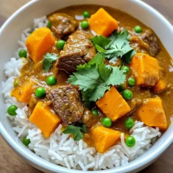 - 1.5 lbs beef stew meat - 2 medium sweet potatoes - 1 medium onion - 3 cloves garlic - 1 tablespoon fresh ginger - 1 can (14 oz) coconut milk - 1 cup beef broth - 2 tablespoons curry powder - 1 teaspoon cumin - 1 teaspoon turmeric - 1 tablespoon soy sauce - Salt and pepper to taste - Fresh cilantro for garnish Gathering the right ingredients is key to making this dish shine. You start with beef stew meat, which gives your curry a rich flavor. The sweet potatoes bring a lovely sweetness and creaminess. Onion, garlic, and ginger add depth and aroma. Next, we need pantry staples. Coconut milk makes the curry creamy. Beef broth provides moisture and flavor. Curry powder, cumin, and turmeric are your spices. They add warmth and a hint of earthiness. Don't forget the seasoning! A splash of soy sauce adds umami. Adjust salt and pepper to your taste. Finally, fresh cilantro brightens the dish when you serve it. Each ingredient plays a role in creating a delightful curry. - First, season the beef cubes. Use salt, pepper, curry powder, cumin, and turmeric. Mix the beef well to coat it evenly. This step adds great flavor to the meat. - Next, brown the beef in batches. Heat a large skillet over medium-high heat. Add a dash of oil. Don't crowd the pan. Brown the beef until it has a nice color. Transfer the beef to the slow cooker. - Now, let's cook the onion, garlic, and ginger. Use the same skillet. Add the chopped onion, minced garlic, and grated ginger. Sauté for about 2-3 minutes. You want them to be fragrant and soft. - Once done, combine the sautéed mixture with the beef. Pour the onion mix over the browned beef in the slow cooker. - Time to add the sweet potatoes and liquids. Add diced sweet potatoes, beef broth, coconut milk, and soy sauce to the slow cooker. Stir everything well to mix. - For cooking times, cover the slow cooker and set it to low for 6-8 hours. If you're short on time, use the high setting for 3-4 hours. Cook until the beef is tender and the sweet potatoes are soft. - For a bolder taste, add more curry powder or cumin. - Use fresh herbs like basil or mint for a bright twist. - Marinate the beef overnight in spices. This helps deepen the flavor. - For tenderness, choose well-marbled beef. It breaks down nicely during cooking. - Low and slow (6-8 hours) gives the best flavor and tenderness. - High setting (3-4 hours) works in a pinch but may not be as rich. - Always check the beef’s doneness. It should be fork-tender before serving. - Serve over fluffy rice or quinoa for a hearty meal. - Add warm naan bread on the side for dipping. - For a beautiful plate, garnish with fresh cilantro. - Use deep bowls to show off the colorful curry. {{image_2}} You can switch the beef for chicken or tofu. Chicken works well and cooks faster. Tofu adds a nice, soft texture for a vegan choice. You can also change the sweet potatoes. Carrots and bell peppers are great options too. They add color and crunch to the dish. To make this dish gluten-free, use tamari instead of soy sauce. Tamari tastes similar but is safe for those avoiding gluten. For a vegan option, skip the beef and use more veggies. You can add mushrooms or chickpeas for protein. Use vegetable broth instead of beef broth to keep it plant-based. If you want a milder curry, reduce the curry powder. You can also add a bit of sugar to balance the heat. For a spicier dish, try adding chili flakes or fresh chili. Different types of curry powders can change the flavor too. Experiment with Madras or Thai curry for a new twist. To keep your beef and sweet potato curry fresh, place leftovers in the fridge. Use airtight containers to prevent spills and keep the flavors locked in. Glass containers work great as they help avoid staining and odors. Allow the curry to cool to room temperature before sealing it. This helps avoid condensation, which can make the curry soggy. You can also freeze this curry for later meals. First, let it cool completely. Then, transfer it to freezer-safe containers or bags. Remove as much air as possible to prevent freezer burn. Label the containers with a date so you know when you made it. To thaw, place the curry in the fridge overnight. Reheat it gently on the stove or in the microwave until hot. In the fridge, your curry stays good for about 3 to 4 days. Look for signs of spoilage like off smells, changes in color, or mold. If you see any of these, it's best to throw it out. When frozen, it can last up to 3 months. Enjoying this dish fresh is the best way to savor its rich flavors! To boost flavor, try adding more spices. Use extra curry powder or turmeric. A splash of lime juice adds brightness. Fresh herbs like cilantro or basil enhance taste too. You can also add a pinch of sugar to balance the curry's warmth. For a deeper flavor, sauté the spices in oil before adding them to the meat. This helps to release their oils and flavors. Yes, you can cook this recipe on the stovetop. First, brown the beef in a pot over medium heat. Then, add the onion, garlic, and ginger. Cook until soft. Next, stir in the sweet potatoes, beef broth, and coconut milk. Bring the mix to a boil. Lower the heat and simmer for 1.5 to 2 hours. Stir often until the beef is tender and the sweet potatoes are soft. If you need a substitute for coconut milk, try using almond milk or oat milk. These options are great for nut-free or dairy-free diets. You could also use heavy cream for a richer taste. If you want lower fat, use chicken broth mixed with a little cream. Each option changes the flavor slightly, so choose one based on your taste. You learned about making a delicious slow cooker beef and sweet potato curry. We covered all the key ingredients, from tender beef to sweet potatoes and spices that sing. I shared easy step-by-step instructions and helpful tips for flavor and serving. You also saw variations for dietary needs, storage info, and answers to common questions. Now, it’s your turn to try this dish and enjoy. Happy cooking!