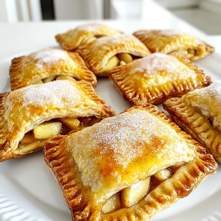 - 2 large apples (Granny Smith or Honeycrisp) - 1/4 cup brown sugar - 1 teaspoon ground cinnamon - 1/4 teaspoon nutmeg - 1 tablespoon lemon juice - 1 tablespoon cornstarch - 1 package (store-bought) pie crusts (2 crusts) - 1 egg, beaten (for egg wash) - 1 tablespoon granulated sugar (for sprinkling) - Vanilla ice cream - Whipped cream - Caramel sauce - Alternative sweeteners - Different types of apples The key to making great baked apple hand pies is to start with fresh, crisp apples. I suggest using Granny Smith or Honeycrisp for their balance of sweetness and tartness. The apples should be peeled and diced before mixing with brown sugar, cinnamon, nutmeg, lemon juice, and cornstarch. This mix creates a sweet and spiced filling. Brown sugar adds a rich flavor and deeper sweetness. Ground cinnamon and nutmeg bring warmth and depth to each bite. Lemon juice adds a nice zing, balancing the sweetness. Cornstarch helps thicken the filling for a perfect texture. For the crust, I recommend using store-bought pie crusts. They save time and still taste great. You can also make your own if you prefer. An egg wash gives the pies a beautiful golden color. Sprinkling sugar on top adds a sweet crunch. Feel free to get creative! You can add vanilla ice cream, whipped cream, or caramel sauce when serving. If you want to change things up, try using different types of apples or alternative sweeteners. The possibilities are endless! 1. First, preheat your oven to 400°F (200°C). This heat helps the pies bake evenly. Line a baking sheet with parchment paper. This makes cleanup easy and prevents sticking. 2. Now, prepare the apple filling. In a medium bowl, mix the diced apples, brown sugar, cinnamon, nutmeg, lemon juice, and cornstarch. Stir until the apples are well-coated in the sweet mixture. This will add a rich flavor to your pies. 1. Next, roll out the pie crusts on a lightly floured surface. This will keep the dough from sticking. Aim for about 1/8 inch thick for a nice flaky crust. 2. Use a biscuit cutter or the rim of a glass to cut circles in the dough. Each circle should be about 4-5 inches in diameter. You should get enough circles for eight hand pies. 1. Place a heaping tablespoon of the apple filling in the center of each dough circle. Be careful not to overfill, or the pies may burst while baking. 2. Fold the crust over the filling to form a half-moon shape. Press the edges together firmly. Use a fork to crimp the edges for a nice finish. This also helps seal the filling inside. 1. Place the hand pies on the prepared baking sheet. Brush the tops with the beaten egg. This gives the pies a shiny, golden look when baked. Sprinkle with granulated sugar for added sweetness. 2. Cut one or two small slits in the top of each pie. This allows steam to escape while baking, helping the pies stay crisp. 3. Bake in the preheated oven for 20-25 minutes, or until they are golden brown and crisp. The aroma will fill your kitchen! 4. Allow the hand pies to cool slightly before enjoying them. They are great warm or at room temperature. How to avoid shrinkage To stop your pie crust from shrinking, chill the dough before rolling it out. Wrap it in plastic wrap and let it rest in the fridge for about 30 minutes. This helps the gluten relax, keeping its shape better while baking. Ensuring a flaky texture For a flaky crust, use cold ingredients. Cold butter or shortening creates steam during baking, forming those lovely layers. Cut the fat into the flour until it looks like small peas. This step is key for that perfect texture. Additional spices to consider You can add more spice for flavor. Try a pinch of allspice or cloves. These spices add depth to the apple filling and make your hand pies more exciting. Don’t be shy to experiment with flavors! Using flavored extracts Consider adding a splash of vanilla or almond extract to the filling. Just a little can give your hand pies a unique twist. This small change can elevate the taste and make your dessert truly special. How to determine doneness To check if your hand pies are done, look for a golden brown color. The crust should be crisp and firm to the touch. You can also poke a small slit and peek inside; the filling should bubble slightly. Tips for achieving a golden brown finish For that perfect golden look, brush the tops with a beaten egg before baking. This egg wash helps create a beautiful shine. Sprinkle a bit of sugar on top for extra crunch and sweetness. {{image_2}} You can make baked apple hand pies even more exciting by adding nuts or dried fruits. Chopped walnuts or pecans give a nice crunch. They also add a rich flavor that pairs well with apples. Just mix them into the apple filling. Dried fruits can also boost flavor. Try adding raisins or chopped dates. These fruits add sweetness and chewiness. They make each bite interesting. While store-bought crusts work great, making your own can be fun. A homemade pie crust allows you to control the taste and texture. Plus, it can be fresher. Use flour, butter, and cold water for a simple crust. If you need a gluten-free option, there are many ready-made gluten-free crusts. You can also make your own using almond flour or gluten-free flour blends. These will still hold the filling well and taste delicious. Baked apple hand pies are not just for apples. You can fill them with cherries or mixed berries for a fruity twist. The tartness of these fruits makes a nice balance with the sweetness. Pumpkin or sweet potato fillings are great for fall. They add warmth and depth to the pies. Combine them with spices like cinnamon and nutmeg for a cozy flavor. Each filling option opens up a world of taste and fun. After baking, let your hand pies cool. Place them in an airtight container. This keeps them fresh in the fridge. You can store them for up to three days. If you want to keep them longer, freezing is a great option. Wrap each pie in plastic wrap, then place them in a freezer bag. This helps prevent freezer burn. To enjoy your hand pies later, you can reheat them. The best method is using an oven. Preheat the oven to 350°F (175°C). Place the pies on a baking sheet. Heat for about 10-15 minutes. This keeps the crust crispy. You can also use a microwave, but it may make them soft. If you choose the microwave, heat each pie for 30 seconds. Baked hand pies last for three days in the fridge. For frozen hand pies, they can last up to three months. Just make sure to wrap them well. When you are ready to eat, follow the reheating guidelines for the best taste. Yes, you can use different apples. Some great options include Fuji, Braeburn, or Golden Delicious. Each apple brings a unique taste. Granny Smith apples add a tart flavor, while Honeycrisp apples offer sweetness. Mixing varieties can also enhance flavor. Experiment and find what you love best. To keep the filling inside, proper sealing is key. After adding the filling, fold the crust carefully. Press the edges firmly together. Use a fork to crimp the edges for a tight seal. Also, avoid overfilling each pie. This helps prevent leaks while baking. Yes, you can prepare these pies in advance. Assemble them, then freeze before baking. Place the unbaked hand pies in a single layer on a baking sheet. Once frozen, transfer them to a zip-top bag. They can be stored for up to three months. When ready, bake straight from the freezer. Just add a few extra minutes to the baking time. These hand pies pair well with various accompaniments. Vanilla ice cream adds a creamy touch. Whipped cream offers a light and fluffy option. Drizzling caramel sauce on top adds sweetness. You can also serve them with a warm drink, like cider or tea, for a cozy treat. Now you know how to make delicious hand pies from scratch. We covered ingredients, preparation, baking tips, and variations. Don't forget, you can adjust flavors and fillings to suit your taste. Remember to try serving them warm with ice cream or whipped cream for a treat. Enjoy sharing these scrumptious hand pies with friends and family! Get baking, and let your creativity shine in the kitchen. Your homemade hand pies will impress everyone.