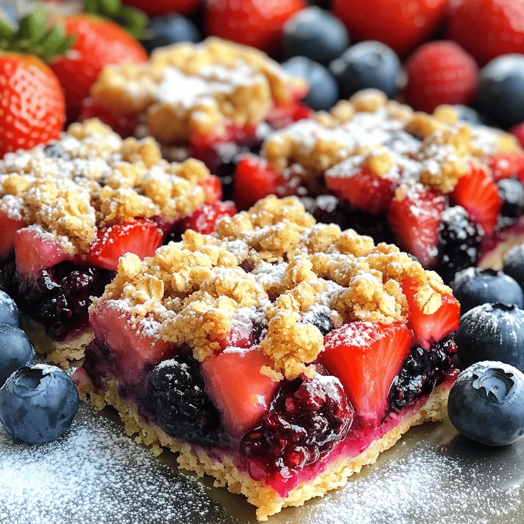 - 1 ½ cups rolled oats - 1 cup all-purpose flour - ½ cup brown sugar - ½ cup unsalted butter, melted - 1 teaspoon vanilla extract - ½ teaspoon baking powder - ½ teaspoon salt - 1 cup mixed berries (strawberries, blueberries, raspberries) - 2 tablespoons honey or maple syrup - Zest of 1 lemon - 1 teaspoon cornstarch (optional) To make Triple Berry Crumble Bars, start with quality ingredients. The rolled oats give a hearty texture. All-purpose flour binds everything together. Brown sugar adds a rich sweetness. Melted unsalted butter brings moisture and flavor. Vanilla extract enhances the taste of the bars. Baking powder helps them rise, while salt balances the sweetness. For the fruity filling, use a mix of fresh berries like strawberries, blueberries, and raspberries. They add color and flavor. Honey or maple syrup sweetens the berries. Lemon zest brightens the mix with fresh notes. Cornstarch helps thicken the berry filling, but it is optional. If you prefer a thicker filling, use it. Each ingredient plays a role in creating these delicious bars. First, preheat your oven to 350°F (175°C). This step warms the oven for even baking. Next, line an 8x8 inch baking pan with parchment paper. Leave some paper hanging over the edges. This helps you lift out the bars later. In a large bowl, mix the rolled oats, flour, brown sugar, baking powder, and salt. Use a spoon to combine these dry ingredients well. Then, add the melted butter and vanilla extract. Stir until the mixture is crumbly. Reserve about 1 cup of this mix for later. Press the rest into the bottom of the prepared pan. This forms a solid crust. In another bowl, take your mixed berries and add honey, lemon zest, and cornstarch if you want to thicken it. Gently mix until the berries are coated. Carefully pour this berry mixture over the crust in the pan. Spread it out evenly so every bite has fruit. Now, sprinkle the reserved crumble over the berry layer. Press down gently to help it stick. Bake in the preheated oven for 25-30 minutes. Check if the top is golden brown and the berry filling is bubbling. This shows it is done. Let it cool completely in the pan before lifting it out using the parchment. Once cooled, cut into bars and enjoy! - Make sure the butter is fully melted before mixing. This helps blend the ingredients well. - Mix the oats, flour, and sugar gently. You want a crumbly texture, not a dough. - Try using other berries like blackberries or cranberries. Each berry adds a unique taste. - Swap honey for maple syrup or agave. These sweeteners give a different flavor twist. - Serve bars with a light dusting of powdered sugar. It adds a nice touch. - Place fresh berries around the bars for a colorful display. It makes the plate look inviting. {{image_2}} You can switch up the berries in these bars. Use what is fresh and in season. Try blackberries or cherries for a change. You can also mix berries for a fun flavor. Adding nuts or seeds gives your bars a nice crunch. Chopped almonds or walnuts work well. Sunflower seeds are also a great choice. If you need gluten-free bars, use almond flour or oat flour. These options work well in place of all-purpose flour. For a vegan treat, swap out the butter for coconut oil. You can also use maple syrup instead of honey. These changes keep the taste great while meeting dietary needs. These bars taste amazing warm or chilled. Warm bars are soft and gooey, while chilled bars are firm and refreshing. You can serve them with ice cream for a rich treat. Yogurt is a lighter option that pairs well too. Both choices make the bars even more enjoyable. To keep your Triple Berry Crumble Bars fresh, follow these tips: - Short-term storage: Place the bars in an airtight container. They stay fresh for up to 3 days at room temperature. If you want to keep them longer, store them in the fridge. They will last about a week in the fridge. - Freezing instructions: For long-term storage, wrap the bars tightly in plastic wrap. Then place them in a freezer-safe bag or container. They can last up to 3 months in the freezer. When ready to eat, just thaw them in the fridge overnight. To enjoy your bars warm again, follow these steps: - Proper reheating: Preheat your oven to 350°F (175°C). Place the bars on a baking sheet and reheat for about 10 minutes. This method keeps the texture nice and crumbly. - Serving suggestions: You can serve the bars warm. Add a sprinkle of powdered sugar for a sweet touch. For a fun twist, drizzle some honey or maple syrup on top. This makes the bars even more delicious! Yes, you can use frozen berries in these bars. They will still taste great. However, frozen berries may add extra moisture. This can make the filling runnier. To fix this, add a little more cornstarch. It helps thicken the berry mix and keeps the texture nice. These bars last about three days at room temperature. They stay fresh longer in the fridge. In the fridge, they can last up to a week. Always store them in an airtight container. This keeps them from drying out and helps them stay tasty. Absolutely! You can make these bars one day ahead. Just store them in the fridge after they cool. When you are ready to serve, cut them into bars. You can also freeze them for later. Just wrap them well to avoid freezer burn. You now have a complete guide to making delicious triple berry crumble bars. We covered the essential ingredients, easy steps, and helpful tips. This dessert is great for any occasion. You can mix and match ingredients or adjust for dietary needs. Remember to store them properly for the best taste. Baking can be fun and rewarding. Enjoy your creation and share it with others. Happy baking!