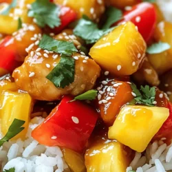 - 1 lb (450g) boneless chicken thighs, cut into bite-sized pieces - 1 cup bell peppers (red, yellow, and green), diced - 1 cup pineapple chunks (fresh or canned) - 1 medium onion, chopped - 2 cloves garlic, minced - 1 tablespoon ginger, grated - 1/4 cup soy sauce - 1/4 cup rice vinegar - 1/4 cup ketchup - 2 tablespoons brown sugar - 1 tablespoon cornstarch mixed with 2 tablespoons water (for thickening) - 2 tablespoons vegetable oil - Salt and pepper to taste - Cooked rice or quinoa, for serving You can swap chicken thighs for chicken breast if you prefer. For a lighter dish, use tofu instead of chicken. If you do not have bell peppers, use zucchini or snap peas. Canned pineapple works well, but fresh adds a great taste. For gluten-free options, choose tamari instead of soy sauce. To cut sugar, use honey or a sugar substitute. When choosing chicken, look for bright pink meat without any smell. Fresh bell peppers should feel firm and have shiny skin. For onions, pick ones that are dry and free from spots. In garlic, choose bulbs that are solid and plump. Pineapple should smell sweet and have a slight give to the touch. Start by heating the vegetable oil in a large skillet or wok over medium-high heat. When the oil is hot, add the bite-sized chicken pieces. Sprinkle with salt and pepper. Cook the chicken for about 5 to 7 minutes. It should turn golden brown and be cooked through. Once done, remove the chicken from the skillet and set it aside on a plate. In the same skillet, toss in the chopped onion, diced bell peppers, and minced garlic. Sauté these for about 3 to 4 minutes. You want them to soften a bit but still hold their shape. Next, stir in the grated ginger and pineapple chunks. Cook for another 2 minutes to blend the flavors well. Grab a small bowl and whisk together the soy sauce, rice vinegar, ketchup, and brown sugar. Make sure the ingredients mix well. Pour this sauce mixture into the skillet with your vegetables. Bring it to a slight boil. Once it starts to bubble, add the cornstarch mixed with water. Stir continuously for about 2 minutes until the sauce thickens. Now, return the cooked chicken to the skillet. Toss everything together to coat the chicken in the sweet and sour sauce. Let it cook for an additional 2 to 3 minutes. This ensures everything is heated through. Adjust the seasoning with more salt, pepper, or brown sugar if needed. Serve your Sweet and Sour Chicken Fakeout over fluffy rice or quinoa. Enjoy your flavorful delight! For the best texture in your Sweet and Sour Chicken Fakeout, use boneless chicken thighs. They stay juicy and tender during cooking. Cut them into even-sized pieces. This helps them cook uniformly. When you fry the chicken, let it brown well. This adds a nice crispiness. Don’t overcrowd the skillet. Cook in batches if needed to ensure even cooking. To boost the flavor, use fresh ingredients. Fresh pineapple gives a bright taste. You can also try adding a splash of orange juice. This adds a sweet twist. If you like heat, add a pinch of red pepper flakes or a dash of hot sauce. This gives your dish a spicy kick. Adjust the brown sugar based on your taste. You can always add more for a sweeter sauce. One common mistake is overcooking the chicken. This makes it dry and tough. Keep an eye on the cooking time. Another mistake is not tasting the sauce. Always taste and adjust the seasonings. You might need more salt or sugar. Lastly, don’t skip the cornstarch mixture. It thickens the sauce and makes it cling to the chicken and veggies. This creates a perfect bite every time. {{image_2}} You can easily make a vegetarian version of Sweet and Sour Chicken Fakeout. Swap the chicken with tofu or tempeh. Both options soak up the sauce well. Use firm tofu for the best texture. Cut it into bite-sized cubes and pan-fry until golden. This adds a nice crunch. You can also add more vegetables like broccoli or snap peas. They add great color and flavor. If you want to mix things up, try other proteins. Shrimp is a quick-cooking option. Just add it for the last few minutes of cooking. You can also use pork or beef. Cut them into small pieces. Cook them until they are browned. Then follow the rest of the recipe as usual. Each protein gives a unique taste. Feel free to play with the sauce. Instead of ketchup, try sweet chili sauce for an extra kick. You can also add some orange juice for a fruity twist. If you like heat, add some chili flakes or hot sauce. For a smoky flavor, a bit of smoked paprika works well. Adjust these flavors to suit your taste. To keep your Sweet and Sour Chicken Fakeout fresh, place leftovers in an airtight container. This helps prevent spills and keeps the flavors intact. Store the dish in the fridge for up to three days. Always let it cool down before sealing it up. This way, you avoid steam buildup, which can make your meal soggy. When you're ready to enjoy your leftovers, you can reheat them easily. You have two great options: the stovetop or the microwave. For the stovetop, heat a skillet over medium heat. Add a splash of water or broth to help steam the dish. Stir it gently until it's warm. If you prefer the microwave, place your portion in a microwave-safe bowl. Cover it with a damp paper towel. Heat it for one minute, then stir. Continue heating in 30-second bursts until hot. If you want to save your Sweet and Sour Chicken for later, freezing is a smart choice. First, let the dish cool completely. Then, transfer it to a freezer-safe container or bag. Remove as much air as possible to prevent freezer burn. You can freeze the meal for up to three months. When you're ready to eat, thaw it overnight in the fridge. Reheat using the stovetop or microwave as mentioned earlier. This way, you’ll always have a tasty meal on hand! Yes, you can easily make this recipe gluten-free. Simply swap regular soy sauce for gluten-free soy sauce. You can also use tamari, which is a gluten-free option. Ensure that all other ingredients, like rice vinegar and cornstarch, are gluten-free as well. With these simple changes, you can enjoy Sweet and Sour Chicken Fakeout without gluten. To adjust the sweetness level, you have a few options. If you want it sweeter, add more brown sugar or ketchup. Start with one extra tablespoon and taste it. If you find it too sweet, add a splash more rice vinegar. This will help balance the flavors. Always taste as you go to find your perfect mix. Sweet and Sour Chicken Fakeout goes well with many sides. Here are some great options: - Fluffy rice or quinoa - Steamed broccoli or snap peas - Fried rice with peas and carrots - A fresh salad with cucumbers and lettuce - Crispy spring rolls These sides add color and flavor, making your meal more delightful. Enjoy mixing and matching to find your favorite combo! This blog post covered key ingredients for Sweet and Sour Chicken Fakeout, including substitutions and tips for freshness. I shared step-by-step cooking methods, tricks for the best texture, and flavor tips to avoid common mistakes. We explored tasty variations and proper storage info for leftovers. In summary, cooking can be fun and easy. With these tips, you can create a dish everyone will love. Happy cooking!