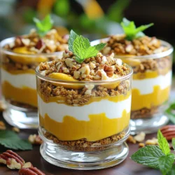 - 2 cups plain Greek yogurt - 1 cup canned pumpkin puree - 1/4 cup maple syrup (or honey) - 1 teaspoon vanilla extract - 1 teaspoon pumpkin spice (or a mix of cinnamon, nutmeg, and ginger) In this recipe, Greek yogurt is the star. It gives a creamy and tangy base for the parfait. I love using plain Greek yogurt because it is high in protein and low in sugar. The next key ingredient is pumpkin puree. It adds warmth and a lovely fall flavor. Canned pumpkin puree is easy to find and saves time. To sweeten the mix, I use maple syrup or honey. Both options work well, but maple syrup adds a nice depth of flavor. The vanilla extract gives a hint of sweetness and rounds out the flavors. Lastly, pumpkin spice makes everything taste like autumn. You can use a store-bought blend or mix your own with cinnamon, nutmeg, and ginger. - 1 cup granola - 1/2 cup chopped pecans or walnuts - Fresh mint leaves for garnish (optional) For texture and crunch, I like to add granola. It gives a nice contrast to the creamy yogurt. You can use any granola you like, but I prefer one with oats and nuts. Chopped nuts, like pecans or walnuts, are another great option. They add healthy fats and extra crunch. Fresh mint leaves make a lovely garnish, adding a pop of color. They also provide a refreshing taste. This parfait can be as simple or as fancy as you want! Start by grabbing a medium bowl. Add 2 cups of plain Greek yogurt. This yogurt gives a creamy base. Next, scoop in 1 cup of canned pumpkin puree. It adds rich flavor and color. Pour in 1/4 cup of maple syrup or honey for sweetness. Add 1 teaspoon of vanilla extract for a hint of warmth. Lastly, sprinkle in 1 teaspoon of pumpkin spice. This spice mix brings all the fall vibes. Now, whisk everything together until smooth. Make sure there are no lumps. A smooth mixture is key for a great parfait. Take your serving glasses or bowls. Start with a spoonful of the pumpkin yogurt mixture. Spread it evenly at the bottom. This will be the first layer. Next, add a layer of granola. Use about 1/3 cup to give crunch. After the granola, sprinkle in 1/4 cup of chopped nuts. Walnuts or pecans work well here. They add nutty flavors and texture. Repeat these layers until you reach the top. End with a final layer of the pumpkin yogurt mixture. This gives a nice finish to your parfait. For the topping, sprinkle some more granola and nuts on top. If you want, add fresh mint leaves for a pop of color. This makes the parfait look fancy. Now, it’s time to chill. Place the parfaits in the refrigerator for about 30 minutes. Chilling helps the flavors blend. You can also enjoy them right away if you can't wait! When picking Greek yogurt, you have two main choices: full-fat or non-fat. I prefer full-fat yogurt. It gives a creamy texture and rich flavor. Non-fat yogurt works too, but it may lack some creaminess. Both options are high in protein and make a great base. If you can, choose organic yogurt. Organic Greek yogurt uses milk from cows not treated with growth hormones. It often contains fewer additives, making it a healthier choice. Look for brands that have live cultures. These cultures help with digestion and add good bacteria to your gut. You can switch up the sweetener in this recipe. Maple syrup adds a nice, warm flavor. If you want a lower-calorie option, use honey or agave syrup. You can even use stevia or monk fruit for a sugar-free choice. Adjusting the spice levels is easy, too. If you love spice, add more pumpkin spice or cinnamon. For a milder flavor, use less spice. You can also mix in other spices like cardamom or allspice for a twist. For serving, you can use clear glassware like parfait cups or mason jars. This lets you show off those lovely layers. The layers of orange pumpkin yogurt, crunchy granola, and nuts look stunning. Garnishing adds extra appeal. Top with a sprinkle of granola or chopped nuts. Fresh mint leaves give a pop of color and freshness. You can also add chocolate shavings or a drizzle of honey for a sweet touch. Make your parfaits look as good as they taste! {{image_2}} Want to switch things up? You can add cocoa powder for a chocolate twist. Just mix in a tablespoon or two with the pumpkin yogurt mixture. This change creates a rich and creamy treat. Chocolate lovers will adore this variation! You can also swap pumpkin for other purees. Try using sweet potato or butternut squash. Each option brings a new flavor and texture. These alternatives keep the parfaits exciting and fun to make. Greek yogurt pumpkin parfaits work well for breakfast. They are quick and easy to prepare. Just layer the ingredients in a bowl and enjoy. This parfait packs a healthy punch to start your day right! You can also serve it as a dessert. The creamy texture and sweet flavors make it a perfect end to any meal. Add some whipped cream on top for extra indulgence. Your family and friends will love this tasty treat! To keep your Greek yogurt pumpkin parfaits fresh, place them in the fridge right away. Use airtight containers to avoid spills and keep them tasty. Glass jars or plastic containers with lids work well. Make sure the lids seal tightly to stop air from getting in. You can keep these parfaits in the fridge for up to three days. After that, the yogurt may start to separate, and the flavors may fade. Signs of spoilage include a sour smell or any mold on the surface. If you see these signs, it’s best to throw them away. Enjoy your parfaits while they are fresh! Yes, you can make Greek Yogurt Pumpkin Parfaits ahead of time. This recipe is great for meal prep. To do this, prep the yogurt mixture and layer the parfaits in jars. You can store them in the fridge for up to 2 days. Just add granola right before serving to keep it crunchy. This recipe can be gluten-free if you choose the right granola. Many brands contain oats, which may have gluten. Always check the label for gluten-free options. The Greek yogurt, pumpkin puree, maple syrup, and nuts are naturally gluten-free. So, you just need to be careful with the granola. Greek yogurt has many health benefits. It is high in protein, which helps you feel full longer. It also contains probiotics, which are good for your gut health. Greek yogurt is lower in sugar compared to regular yogurt. This makes it a great choice for a healthy dessert or snack. Plus, it adds creaminess to the parfaits without adding too many calories. In this post, we explored making Greek Yogurt Pumpkin Parfaits. We covered the main ingredients, how to mix them for a smooth texture, and create layers with granola and nuts. I shared tips on picking the right yogurt and customizing flavors. We also looked at variations, serving suggestions, and storage tips. These parfaits are fun to make and enjoy. Try them for breakfast or dessert. With these steps, you can create a healthy treat that tastes delicious. Enjoy your parfaits and feel good about what you eat!
