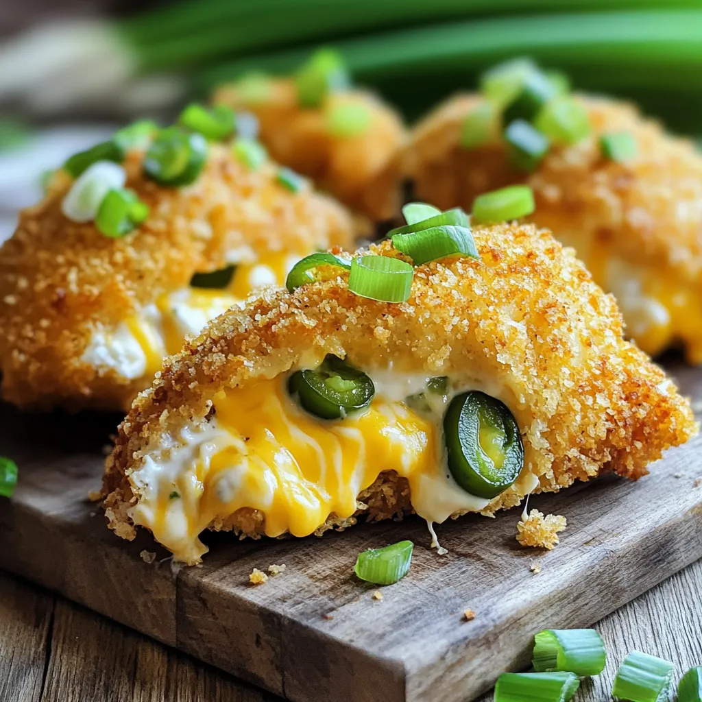 To make Air Fryer Jalapeño Popper Chicken, gather these key ingredients: - 2 boneless, skinless chicken breasts - 4 oz cream cheese, softened - 1 cup shredded cheddar cheese - 2 jalapeños, finely chopped (seeds removed for less heat) - 1/2 teaspoon garlic powder - 1/2 teaspoon onion powder - 1/2 teaspoon smoked paprika - Salt and pepper to taste - 1/4 cup panko breadcrumbs - Cooking spray These ingredients create a rich and creamy filling that pairs perfectly with the chicken. The jalapeños add a nice kick, while the cheese ensures a delightful melt. Each bite offers a blend of flavors that makes this dish a crowd-pleaser. You can customize the heat by adjusting the amount of jalapeños you use. Enjoy the process of mixing and prepping these ingredients for your meal! 1. Preheating the air fryer: Start by setting your air fryer to 390°F (200°C). Let it heat for about 5 minutes. This step ensures the chicken cooks evenly. 2. Preparing the cheese mixture: In a medium bowl, mix together 4 oz of softened cream cheese, 1 cup of shredded cheddar cheese, and 2 finely chopped jalapeños (make sure to remove the seeds for less heat). Add 1/2 teaspoon each of garlic powder, onion powder, and smoked paprika. Finally, season with salt and pepper to taste. Mix until smooth and creamy. 3. Slicing chicken breasts: Take 2 boneless, skinless chicken breasts and slice them in half horizontally. This creates thinner fillets. Thinner fillets cook faster and hold the tasty filling better. 4. Stuffing and folding chicken: Spread a layer of the cheese mixture on one side of each chicken breast. Then, fold the chicken over to seal in the delicious filling. 5. Coating with panko breadcrumbs: Place 1/4 cup of panko breadcrumbs in a shallow dish. Lightly coat the stuffed chicken breasts with cooking spray. Then, dip each side into the breadcrumbs, covering them evenly. This gives the chicken a nice, crunchy texture. 6. Air frying times and temperatures: Place the coated chicken breasts in the preheated air fryer basket in a single layer. Make sure they are not touching. Air fry at 390°F (200°C) for 12-15 minutes. The chicken should be cooked through, with an internal temperature of 165°F (75°C) and golden brown breadcrumbs. 7. Resting the chicken before serving: After cooking, carefully remove the chicken from the air fryer. Let it rest for a few minutes before slicing. This helps the juices redistribute for better flavor. 8. Presentation tips for serving: Slice the chicken and serve it on a cutting board. Garnish with sliced green onions and a drizzle of ranch dressing or a side of fresh cilantro. This adds color and makes the dish look even more appetizing. - To ensure even cooking in the air fryer, cut the chicken breasts in half. This makes them cook faster and more evenly. - If your chicken is thicker, add a couple of extra minutes to the cooking time. Always check the internal temperature. It should reach 165°F (75°C) for safety. - Want more heat? Add extra jalapeños or a splash of hot sauce to the cheese mixture. This gives your dish a nice kick. - For a pop of color and flavor, garnish with sliced green onions. A drizzle of ranch dressing or fresh cilantro makes it look even better. {{image_2}} You can switch up the cheese for some fun. Try using mozzarella or pepper jack cheese. Both add a nice twist. You can also mix cheeses for a richer flavor. For fillings, consider using spinach or artichokes. These add a veggie boost to the dish. You could even stuff the chicken with cooked bacon for a smoky taste. If you don’t have an air fryer, you can bake the chicken instead. Preheat your oven to 375°F (190°C). Place the stuffed chicken in a greased baking dish. Bake for 25-30 minutes. Keep an eye on the internal temperature; it should hit 165°F (75°C). Grilling is another tasty option. Grill the stuffed chicken over medium heat. This adds a lovely smoky flavor. Cook for about 6-8 minutes per side. Make sure to check for doneness. To keep your air fryer jalapeño popper chicken fresh, store it in the fridge. Place the chicken in an airtight container. This helps prevent any smells from mixing. Make sure to eat it within three days for the best taste. You can also wrap it in plastic wrap before placing it in the container. That adds an extra layer of protection. When it's time to enjoy your leftovers, use the air fryer for the best results. Set your air fryer to 350°F (175°C). Heat the chicken for about 5-7 minutes. This will help keep the outside crispy. You can also use a microwave, but it may make the breadcrumbs soft. If you do use the microwave, heat on medium power for 1-2 minutes. Check the chicken's temperature before eating; it should be warm all the way through. Can I use frozen chicken breasts? Yes, you can use frozen chicken breasts. Just add a few extra minutes to the cooking time. Make sure to check that the inside reaches 165°F. How can I make this dish spicier? To spice it up, leave the seeds in the jalapeños. You can also add cayenne pepper or use hotter peppers like serranos. What side dishes pair well with jalapeño popper chicken? Great sides include rice, salad, or roasted veggies. You can also serve it with tortilla chips and salsa. What internal temperature should chicken reach? Chicken should reach an internal temperature of 165°F. This ensures it is safe to eat. How to know when the jalapeño popper chicken is done? Look for golden brown breadcrumbs and check the internal temperature. Use a meat thermometer for accuracy. This blog post covered how to make delicious jalapeño popper chicken in an air fryer. We discussed the key ingredients, preparation steps, cooking tips, and storage information. You now have the tools to create a flavorful dish with ease. Experiment with variations to find your perfect flavor and texture. Enjoy trying different cooking methods too. With these tips, you can impress family and friends. Your cooking will shine, and everyone will love it!