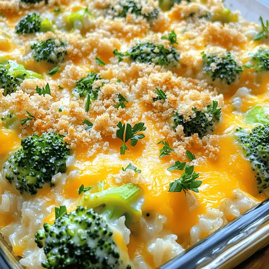 To make this cheesy delight, gather these main ingredients: - 2 cups cooked white or brown rice - 3 cups fresh broccoli florets (or frozen, thawed) - 1 cup shredded sharp cheddar cheese - 1 cup cream cheese, softened - 1 cup vegetable broth - 1 cup milk - 1/2 cup grated Parmesan cheese - 1 small onion, finely chopped - 2 cloves garlic, minced - 1 teaspoon garlic powder - 1 teaspoon onion powder - 1/2 teaspoon black pepper - 1/4 teaspoon cayenne pepper (optional for heat) - 1/4 teaspoon salt (or to taste) - 1/2 cup breadcrumbs (optional, for topping) - 2 tablespoons olive oil - Fresh parsley for garnish (optional) These ingredients work together to create a creamy, cheesy texture. The rice acts as a hearty base. Broccoli adds color and nutrition. The cheeses provide a rich flavor that everyone loves. You can customize this casserole in many ways. Here are some ideas: - Breadcrumbs: For a crispy topping, sprinkle breadcrumbs before baking. - Extra Cheese: Add more cheese on top for a cheesier dish. - Spices: A dash of cayenne pepper adds a nice kick. - Herbs: Fresh parsley or thyme can brighten the dish. Feel free to mix and match based on your taste. These options allow you to create a casserole that fits your style. Each serving of this casserole is a balanced meal. Here’s a rough breakdown: - Calories: About 350 - Protein: 15 grams - Carbohydrates: 40 grams - Fat: 15 grams - Fiber: 3 grams This dish is rich in protein and fiber. It provides energy and nutrients while being tasty and filling. Enjoy it as a comforting meal that satisfies both the palate and the body! First, set your oven to 350°F (175°C). This will warm up as you prepare your dish. Next, gather all your ingredients. You will need rice, broccoli, cheese, cream cheese, and some spices. Make sure your broccoli is fresh or thawed if frozen. Chop the onion and mince the garlic. This step adds great flavor. In a large skillet, heat 2 tablespoons of olive oil over medium heat. Add the chopped onion and cook it until it turns soft and clear, about 5 minutes. Stir in the minced garlic and let it cook for 1 more minute. In a large bowl, mix your cooked rice, broccoli florets, the sautéed onion and garlic, and all the cheeses. Pour in the vegetable broth and milk. Add garlic powder, onion powder, black pepper, cayenne pepper, and salt. Stir until everything is well combined. Now, transfer your mixture into a greased 9x13 inch baking dish. Spread it evenly. If you want a crunchy top, sprinkle breadcrumbs over the casserole. Then add grated Parmesan cheese on top. Bake it for 30 to 35 minutes until the cheese bubbles and the top looks golden. After baking, let it cool for a few minutes. You can add fresh parsley on top for a nice touch. Enjoy this cheesy delight! To get a creamy casserole, mix in soft cream cheese well. It blends nicely with the other ingredients. Use fresh broccoli for the best texture. Cook the rice just right—not too soft. The vegetable broth adds moisture. You can add more milk for extra creaminess. Bake it until the cheese is bubbly and golden. This step is key for the best taste. If you need to make swaps, you can easily do it. For vegan options, try plant-based cream cheese and cheese. Use vegetable broth for a non-dairy option. If you want gluten-free, use gluten-free breadcrumbs. You can also skip the cheese and add nuts for crunch. These changes keep the dish tasty and fun for everyone. Herbs and spices bring life to your casserole. Add fresh parsley for a bright touch. Thyme and rosemary also work well. For a kick, sprinkle in some cayenne pepper. Garlic powder and onion powder boost the flavor too. Taste as you go to find what you love. Each spice adds its own twist to the dish. {{image_2}} You can make Cheesy Broccoli Rice Casserole heartier by adding protein. Cooked chicken or ham works great. Chop them into small pieces and mix them into the dish. If you prefer a plant-based option, use black beans or chickpeas. These add protein and fiber. This keeps the casserole filling and nutritious. Feel free to swap out broccoli with other vegetables. Cauliflower, carrots, or green beans are tasty choices. Just make sure to cut them into small pieces. This helps them cook evenly. You can also add spinach or bell peppers for extra color and flavor. Mixing different veggies can make every casserole unique. If you need gluten-free options, choose gluten-free breadcrumbs or skip the topping. For a dairy-free version, use dairy-free cream cheese and plant-based milk. Nutritional yeast can add a cheesy flavor without dairy. These swaps allow everyone to enjoy the dish. You can still have a creamy, rich taste while meeting dietary needs. To keep your Cheesy Broccoli Rice Casserole fresh, store it in an airtight container. Let it cool completely before sealing. This helps avoid moisture build-up. It will stay good in the fridge for up to three days. If you want to enjoy it later, freezing is a great option. To reheat, preheat your oven to 350°F (175°C). Place the casserole in an oven-safe dish and cover it with foil. Heat for about 20 minutes or until warm. This method keeps the cheese creamy and the rice tender. You can also microwave it for a quick option. Just heat in short bursts, stirring in between. If you want to freeze the casserole, do it before baking. Wrap it tightly in plastic wrap and then in foil. This prevents freezer burn. When you’re ready to bake, allow it to thaw in the fridge overnight. Then, remove the wrap and bake it as per the recipe instructions. Enjoy your easy meal prep! Yes, you can use frozen broccoli. Just thaw it first. This saves you time and effort. The frozen broccoli still tastes great in the casserole. Be sure to drain any extra water. This keeps the dish from getting soggy. The casserole keeps well in the fridge for about four days. Store it in an airtight container. When ready to eat, just reheat it in the oven or microwave. You can prepare the casserole a day ahead. Just cover it well and store it in the fridge. When ready to bake, remove it from the fridge and bake as directed. This makes it easy for busy days. This casserole pairs well with many dishes. Try serving it with grilled chicken or a fresh salad. You can also enjoy it with crusty bread for a hearty meal. If you want a light touch, serve it with steamed veggies. In this article, we explored how to create a Cheesy Broccoli Rice Casserole. We discussed key ingredients, including main items and tasty variations. I provided detailed steps for prepping, mixing, and baking. You learned tips to make it creamy and flavorful. We also covered storage methods and answered common questions. Now, you have all the tools to make this dish a hit. Enjoy creating your own twist and savor the delicious results!