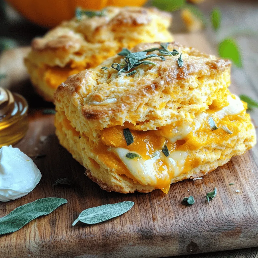 - 1 cup pumpkin puree - 1 cup all-purpose flour - 1 cup shredded sharp cheddar cheese - 1 tablespoon fresh sage, finely chopped (or 1 teaspoon dried sage) - 1 tablespoon baking powder - 1/2 teaspoon salt - 1/4 teaspoon black pepper - 1/4 cup unsalted butter, cold and cubed - 1/2 cup milk - 1 egg, beaten (for egg wash) I love using fresh ingredients in my scones. Pumpkin puree gives a rich flavor and moist texture. You can use canned pumpkin or make your own. If you go for fresh, roast the pumpkin until soft and blend it smooth. All-purpose flour is my go-to for scones. It gives them the right structure. You can substitute with whole wheat flour for a nutty taste, but the texture may change. Next, I add sharp cheddar cheese. It melts beautifully and adds a nice salty touch. If you want a milder flavor, use mild cheddar. Sage brings an earthy note. Fresh sage tastes best, but dried sage works if fresh isn’t available. Use less if using dried; it's more potent. Baking powder is key for fluffiness. Make sure it's fresh for the best rise. Salt and black pepper enhance the flavors, balancing the sweetness of pumpkin. For richness, cold unsalted butter is essential. It creates flaky layers. Cut it into the flour until crumbs form. Milk adds moisture. You can try buttermilk for a tangy twist. Lastly, an egg wash gives a golden finish. Brush it on before baking for a lovely color. Gather these ingredients, and you’re ready to make delicious, savory pumpkin sage cheese scones. First, set your oven to 425°F (220°C). This high heat helps the scones rise well. Next, line a baking sheet with parchment paper. This keeps the scones from sticking. It also makes cleanup easy. In a large bowl, sift together the flour, baking powder, salt, and black pepper. Sifting makes the flour light and fluffy. This step helps the scones to be soft and airy. Take cold, cubed butter and add it to the dry mix. Use a pastry cutter or your fingers to break the butter into small pieces. You want it to look like coarse crumbs. Once mixed, fold in the shredded cheddar cheese. Make sure it’s well mixed with the flour. In another bowl, whisk the pumpkin puree and milk together. This mixture should be smooth and creamy. Then, slowly add it to the dry mix. Stir gently until just combined. Be careful not to overmix; this keeps the scones light. Next, turn the dough onto a floured surface. Knead it gently a few times to bring it together. Pat the dough into a circle, around 1-inch thick. You can cut this circle into wedges or use a round cutter to make scones. Place the scones on the prepared baking sheet. Brush the tops with beaten egg for a golden color. Bake for 15-18 minutes. The scones should puff up and be lightly golden when done. Let them cool slightly on a wire rack before serving. To make your scones flaky, use cold butter. Cut the butter into small cubes before adding it to the flour. Work it in gently. You want the mixture to look like crumbs, not paste. Avoid overmixing when adding wet ingredients. This keeps air pockets, which help the scones rise. Serve the scones warm for the best taste. A dollop of cream cheese complements the flavors nicely. You can also drizzle honey on top for added sweetness. Garnish with fresh sage for a beautiful and tasty touch. One common mistake is overworking the dough. This leads to tough scones instead of flaky ones. Another mistake is using warm butter. Always ensure the butter is cold. Lastly, don't skip the egg wash. It gives the scones a nice golden color. Store leftover pumpkin puree in an airtight container in the fridge. Use it within a week. For flour, keep it in a cool, dry place. Seal it well to keep pests out. Cheese should be wrapped tightly and stored in the fridge. Enjoy your scones fresh for the best flavor! {{image_2}} You can change the cheese for new flavors. Try using feta or goat cheese. They add a nice tang. Mozzarella can give a nice melt. Parmesan adds a sharp bite. Mixing cheeses can create a tasty blend. Aim for a total of one cup of cheese. Add more depth to your scones with herbs. Rosemary or thyme pairs well with pumpkin. You can also try adding garlic powder for a savory twist. Chopped green onions bring a fresh taste. For a bit of heat, add red pepper flakes sparingly. Each add-in can make your scones unique. You can make these scones gluten-free. Use a gluten-free flour blend instead of all-purpose flour. For a vegan version, swap the butter for coconut oil or vegan butter. Use plant-based milk, like almond or oat milk. Replace the egg wash with a splash of plant milk for shine. These swaps allow everyone to enjoy these tasty scones. To keep your scones fresh, place them in an airtight container. This helps prevent them from drying out. Store at room temperature for up to two days. If you want them to last longer, refrigerate them. They can stay fresh in the fridge for up to a week. You can freeze these scones for later! First, let them cool completely. Then, wrap each scone in plastic wrap. Place the wrapped scones in a freezer-safe bag or container. They can last in the freezer for up to three months. When you're ready to enjoy them, just thaw them in the fridge overnight. To reheat, preheat your oven to 350°F (175°C). Place the scones on a baking sheet. Heat them for about 10 minutes or until warm. You can also microwave them for about 15-20 seconds, but the oven keeps them crispier. Enjoy your scones warm for the best flavor! Yes, you can use fresh pumpkin. You need to cook it first. Peel and cube the pumpkin. Boil or roast it until soft. Then, mash it until smooth. This will create a great flavor for your scones. Check the scones after 15 minutes. They should look puffed and golden. A toothpick inserted in the center should come out clean. If it has wet dough on it, give them a few more minutes. These scones pair well with cream cheese. You can also drizzle honey on top. A side of apple butter adds a nice sweetness. Fresh sage as a garnish looks great and adds flavor. These scones last about 2 days at room temperature. Keep them in an airtight container. For longer storage, freeze them for up to a month. Just make sure they cool completely first. Yes, you can make the dough ahead of time. Wrap it in plastic wrap and chill it. Use it within 24 hours for the best results. This saves time when you're ready to bake. You now know how to make tasty savory pumpkin sage cheese scones. We covered the key ingredients, from pumpkin puree to cheese. I shared easy steps to mix and bake your scones perfectly. Remember my tips for flaky results and how to store leftovers. Feel free to adapt the recipe to suit your taste. Enjoy experimenting with flavors or making it gluten-free. I hope these scones bring warmth and joy to your kitchen!