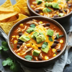 - 1 lb boneless, skinless chicken breasts - 1 can (15 oz) black beans, drained and rinsed - 1 can (15 oz) corn, drained - 1 can (10 oz) red enchilada sauce - 1 can (14.5 oz) diced tomatoes with green chilies - 1 teaspoon ground cumin - 1 teaspoon chili powder - 1 medium onion, diced - 2 cloves garlic, minced - 4 cups chicken broth - Salt and pepper to taste - Toppings: shredded cheddar cheese, diced avocado, fresh cilantro, tortilla chips The ingredients for slow cooker chicken enchilada soup are simple yet packed with flavor. You start with boneless, skinless chicken breasts. This lean meat cooks well and absorbs the spices and sauces. Black beans add protein and fiber, while corn brings a sweet crunch. Red enchilada sauce is the heart of this dish. It gives the soup its rich flavor and vibrant color. The diced tomatoes with green chilies add a nice kick. Ground cumin and chili powder elevate the flavor profile, bringing warmth and depth. Onion and garlic are key. They create a savory base. Chicken broth ties everything together, making the soup hearty. Season with salt and pepper to enhance every bite. For toppings, I love to use shredded cheddar cheese, diced avocado, fresh cilantro, and crunchy tortilla chips. They add texture and freshness to each serving. With these ingredients, you can create a comforting and flavorful meal that warms the soul. Make sure to gather everything before you start for a smooth cooking experience! - Step 1: Add ingredients to slow cooker Start by placing the following items in your slow cooker: - 1 lb boneless, skinless chicken breasts - 1 can (15 oz) black beans, drained and rinsed - 1 can (15 oz) corn, drained - 1 can (10 oz) red enchilada sauce - 1 can (14.5 oz) diced tomatoes with green chilies - 1 teaspoon ground cumin - 1 teaspoon chili powder - 1 medium onion, diced - 2 cloves garlic, minced - 4 cups chicken broth - Step 2: Mix and season Use a wooden spoon to stir all the ingredients together. Make sure they mix well. Then, season with salt and pepper to taste. This step is key for great flavor. - Step 3: Cook on low or high Cover your slow cooker with its lid. Cook on low for 6-8 hours or on high for 3-4 hours. The chicken needs to be cooked through and tender. - Step 4: Shred chicken Once the cooking time is up, carefully take the chicken out of the slow cooker. Use two forks to shred the chicken into bite-sized pieces. Return the shredded chicken back into the soup. This adds great texture. - Step 5: Stir in cheese Take half of the shredded cheddar cheese and mix it into the soup. Stir until the cheese melts and blends in. This adds creaminess to the soup. - Step 6: Serve with garnishes Ladle the soup into bowls. Top each bowl with diced avocado, fresh cilantro, and the remaining cheddar cheese. Don't forget the tortilla chips on the side for that perfect crunch! - Using fresh ingredients: Fresh ingredients bring the best taste to your soup. Try using fresh chicken, ripe tomatoes, and fresh herbs. They add a burst of flavor that canned or frozen items cannot match. - Adjusting spice levels: If you want more heat, add extra chili powder or diced jalapeños. For a milder soup, reduce the spices. You control the heat! - Optimal cooking times: Cook on low for 6-8 hours for the best flavor. If you’re short on time, high for 3-4 hours works too. - Avoiding overcooking: Keep an eye on the time. Overcooking can dry out the chicken. Check for doneness after 6 hours on low. - Plating suggestions for aesthetic appeal: Ladle the soup into bowls. Top with a few tortilla chips, diced avocado, and cilantro. This makes the dish look appealing and colorful. - Enhancing flavors with garnishes: A sprinkle of cheese adds richness. A lime wedge gives a fresh zest. These simple touches elevate your soup to new heights! {{image_2}} You can switch up the protein in this soup. Try using turkey instead of chicken for a leaner option. If you prefer a plant-based choice, tofu works great as well. Both options keep the soup tasty and filling. For those avoiding dairy, you can skip the cheese or use a nut-based cheese. This keeps the soup creamy without the lactose. To boost flavor, add spices like paprika or oregano. These spices give the soup a nice kick. You can also try adding a little cayenne pepper for extra heat. When it comes to toppings, the options are endless! Consider adding a dollop of sour cream or a squeeze of lime juice. These toppings brighten the dish and add a fresh twist. This soup is perfect on its own but pairs well with side dishes too. Cornbread or a fresh salad complements the soup nicely. You can serve it as a main dish or an appetizer at a gathering. Ladle it into small bowls for a fun starter. Don’t forget to add those tortilla chips for some crunch! To store your leftover soup, let it cool first. Use an airtight container. This helps keep the soup fresh. In the fridge, the soup lasts about three to four days. To freeze soup, let it cool completely before packing it. Use freezer-safe bags or containers. Leave space at the top for expansion. This step keeps the texture nice. When ready to eat, thaw the soup overnight in the fridge. You can reheat soup in the microwave or on the stove. For the microwave, use a microwave-safe bowl. Heat in short bursts, stirring often. On the stove, use a pot over low heat. Stir regularly to keep the soup from sticking. This method helps maintain the flavor and consistency. Now, you can enjoy your Slow Cooker Chicken Enchilada Soup anytime! Yes, you can use frozen chicken in this recipe. Just add the frozen chicken directly to the slow cooker. The cooking time will be the same, but it may take a bit longer for the soup to get hot. You can still enjoy the same rich flavor and texture. To spice up your soup, you can add more chili powder or some diced jalapeños. You could also try a splash of hot sauce or some crushed red pepper flakes. Adjust the spice level based on your taste to create your perfect bowl. Yes, you can make this soup in a regular pot. Just follow the same steps on the stove. Cook over medium heat and let it simmer for about 30-40 minutes. This way, you’ll still get that delicious flavor without the slow cooker. Tortilla chips make a great side for this soup. You can also serve it with a fresh salad or some warm cornbread. For extra flavor, top with avocado, cilantro, and cheese right before serving. The soup can last in the fridge for about 3-4 days. Store it in an airtight container to keep it fresh. Just reheat when you're ready to enjoy another bowl! In this blog post, we explored a tasty and easy slow-cooker chicken soup. We covered the ingredients, step-by-step instructions, and helpful tips for flavor and storage. You can customize your soup with different proteins and spices for variety. Remember to use fresh ingredients for the best taste. Whether served as a main dish or an appetizer, this soup is a great choice. Enjoy making it your own and sharing it with friends and family!