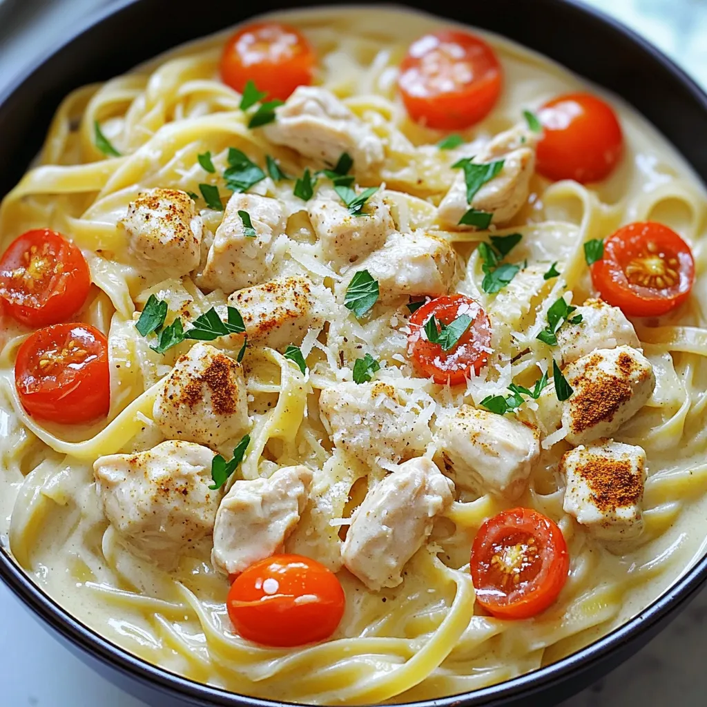 For this creamy Cajun chicken Alfredo, you will need: - 2 chicken breasts, diced - 1 tablespoon Cajun seasoning - 2 tablespoons olive oil - 3 cloves garlic, minced - 1 cup heavy cream - 1 cup chicken broth - 8 ounces fettuccine pasta - 1 cup grated Parmesan cheese - Salt and pepper to taste These main ingredients create a rich and flavorful base. The Cajun seasoning gives a nice kick. The heavy cream and chicken broth blend well for a smooth sauce. To enhance the taste, add: - 1 cup cherry tomatoes, halved These tomatoes add a burst of freshness. They balance the creaminess of the sauce. You can also adjust the seasoning as needed, based on your taste. For a beautiful finish, consider these garnishes: - Fresh parsley, chopped Chopped parsley adds color and a fresh flavor. A sprinkle of extra Parmesan on top is also a great touch. Serve this dish in shallow bowls to highlight the creamy sauce. This meal is sure to impress your family and friends! Start by heating 2 tablespoons of olive oil in a large pot. Use medium heat for best results. Next, add 2 diced chicken breasts to the pot. Sprinkle them with 1 tablespoon of Cajun seasoning. Sauté the chicken for about 5 to 7 minutes until it's fully cooked and lightly browned. Make sure to stir it well. Once done, remove the chicken from the pot and set it aside. In the same pot, add 3 minced garlic cloves. Sauté the garlic for about 1 minute. Be careful not to let it burn. Now, pour in 1 cup of chicken broth and 1 cup of heavy cream. Bring this mixture to a gentle simmer. Stir in 8 ounces of fettuccine pasta. Cook the pasta for 10 to 12 minutes. Stir it often to keep it from sticking together. Once the pasta is cooked, add the chicken back into the pot. Stir in 1 cup of grated Parmesan cheese. Mix until the cheese melts and creates a creamy sauce. Season with salt and pepper to taste. Finally, gently fold in 1 cup of halved cherry tomatoes. Cook for another 2 to 3 minutes until the tomatoes warm up. Remove the pot from heat and let it sit a couple of minutes to thicken if you want. Enjoy your meal! To cook chicken well, start by cutting it into small pieces. This helps it cook faster and evenly. Use a hot pot with olive oil. Add Cajun seasoning to boost flavor. Cook until the chicken is golden and fully cooked. This takes about 5-7 minutes. Always check that the chicken is no longer pink inside. For a creamy sauce, you need heavy cream and Parmesan cheese. Mix these in with the chicken broth. Heat them gently to avoid burning. Stir often to blend the flavors. The sauce will thicken as it cooks. If it seems too thick, add a splash of chicken broth. This keeps it smooth and rich. To cook pasta just right, read the package instructions. For fettuccine, it usually takes 10-12 minutes. Stir the pasta often while it cooks. This stops it from sticking together. Test a piece for doneness. It should be firm but not hard. Drain the pasta quickly once it's ready to keep it from cooking more. {{image_2}} You can easily make a vegetarian twist on this dish. Instead of chicken, use mixed veggies. Bell peppers, zucchini, and mushrooms work great. Sauté the veggies with Cajun seasoning until soft. Then, follow the same steps as the original recipe. The creamy sauce pairs well with these veggies, giving you a tasty meatless option. If you like heat, amp up the spice! Use extra Cajun seasoning on your chicken. You can even add sliced jalapeños or red pepper flakes while cooking. This will make your dish really spicy. Just remember to balance the heat with the creamy sauce. It will create a deliciously fiery meal. Don't worry if you don't have fettuccine. You can use any pasta you like. Penne, rigatoni, or even spaghetti work well. Just cook the pasta according to package directions. The sauce will coat any shape nicely. This way, you can enjoy Cajun flavor in your favorite pasta style. To store your creamy Cajun chicken Alfredo, let it cool first. Place the leftovers in an airtight container. Make sure to store it in the fridge. It stays fresh for about 3 to 4 days. If you want to save it longer, consider freezing. When you are ready to enjoy your leftovers, you can reheat them easily. Place the Alfredo in a pot over low heat. Stir often to avoid burning. If the sauce is too thick, add a splash of chicken broth or cream. You can also use a microwave. Heat in short bursts, stirring in between. This helps keep the dish creamy and tasty. Freezing this dish is a great way to save it for later. First, let it cool completely. Then, transfer it to a freezer-safe container. Be sure to leave some space at the top, as the sauce may expand. It can last up to 2 to 3 months in the freezer. When ready to eat, thaw it overnight in the fridge. Reheat as mentioned above for the best results. You can use milk with cornstarch to thicken it. Mix 1 cup of milk with 2 tablespoons of cornstarch. Heat it until it thickens. Another option is using almond milk or coconut milk with a thickener. These choices give a different taste but still work well. To make this dish gluten-free, swap the fettuccine pasta for gluten-free pasta. Many brands offer great options. Always check the label for gluten-free status. You can also use rice noodles as a tasty alternative. Cook them just like regular pasta for best results. Yes, you can use frozen chicken. Just make sure to thaw it first. You can do this overnight in the fridge or use the microwave. Cook it fully before adding it to the pot. This keeps the flavors rich and delicious. In this post, I shared how to make a delicious Cajun Chicken Alfredo. We covered key ingredients, step-by-step cooking, and tips for the best results. I also explored tasty variations and storage tips. Remember, cooking should be fun and easy. Don't stress about perfection; enjoy the process. With practice, you'll master this dish and impress your friends and family. Happy cooking!