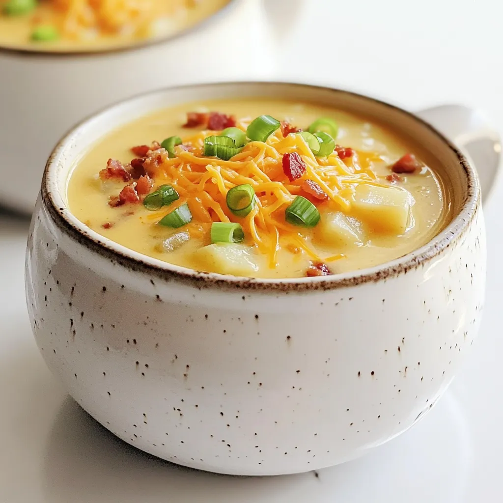 - 6 medium russet potatoes, peeled and diced - 1 medium onion, chopped - 3 cloves garlic, minced - 4 cups vegetable broth The heart of this soup is the russet potatoes. Their creamy texture makes the soup rich. I love to peel and dice them into small pieces for even cooking. The onion and garlic add depth and warmth. Use fresh ingredients for the best flavor. Pouring vegetable broth over these veggies brings everything together, creating a warm base. - 1 cup heavy cream - 1 cup shredded cheddar cheese (plus extra for topping) - 1/2 cup sour cream These dairy ingredients add a smooth, creamy touch. Heavy cream makes the soup indulgent. Cheddar cheese melts in, giving that classic baked potato flavor. I often sprinkle extra cheese on top for a tasty finish. Sour cream adds a tangy zest and enhances the overall flavor. - 1 teaspoon smoked paprika - Salt and pepper to taste - Optional toppings: crispy bacon bits, diced tomatoes, extra shredded cheese, and chives Smoked paprika brings a hint of smokiness to the soup. Salt and pepper are key for balancing flavors. You can customize the toppings to your liking. Crispy bacon bits add crunch, while diced tomatoes give freshness. I enjoy adding chives for a pop of color and flavor. Each topping enhances the soup, making it even more exciting to eat. - First, combine the diced potatoes, chopped onion, and minced garlic in your slow cooker. - Next, pour the vegetable broth over the vegetables, submerging them well. - Now, season with smoked paprika, salt, and pepper. Stir gently to mix. - Cover the slow cooker and cook on low for 6-7 hours or on high for 3-4 hours. The goal is for the potatoes to be tender. - Once cooked, use a potato masher or an immersion blender to mash the potatoes to your desired texture. - Stir in the heavy cream, shredded cheddar cheese, and sour cream. Mix well until everything is melted and combined. - Taste your soup and adjust the seasoning if needed. If the soup feels too thick, add more vegetable broth or water to get the texture you like. Garnishing makes your soup pop. Here are some fun ideas: - Add crispy bacon bits for crunch. - Top with diced tomatoes for a fresh taste. - Use extra shredded cheese for a cheesy finish. - Sprinkle chives for a hint of onion flavor. For a rustic look, serve in deep bowls. A sprinkle of green onions on top adds color. Pair the soup with crusty bread for dipping. It looks great and tastes even better! To cook evenly, cut potatoes into similar sizes. This helps them cook at the same rate. Stir the soup halfway through cooking to mix flavors. Adjust seasoning after cooking. Taste before serving and add more salt or pepper if you want. Remember, you can always add, but you can’t take away! For a creamy soup, use a potato masher to lightly mash the potatoes. This keeps some chunks for texture. If you want a smoother soup, use an immersion blender. If the soup is too thick, add more vegetable broth or water. Start with a little and stir. Keep adding until you reach your preferred thickness. {{image_2}} You can spice up your loaded baked potato soup. Try adding chopped jalapeños or a dash of hot sauce for a kick. This simple change can make your soup exciting and fun. For a different taste, use fresh herbs like thyme or rosemary. These herbs add a lovely aroma and depth to the dish. Just toss in a few sprigs while it cooks, and enjoy the freshness. If you need gluten-free options, this soup can still shine. Use gluten-free vegetable broth and check your cream and cheese for gluten-free labels. For vegan adaptations, swap the heavy cream with plant-based cream. You can also use dairy-free cheese to keep the flavor rich while making it vegan-friendly. This way, everyone can enjoy the warmth of this soup, no matter their diet. Toppings can take your soup from good to great. Consider adding roasted garlic for a rich flavor or pickled jalapeños for a zesty kick. You can also go classic with crispy bacon bits or extra shredded cheese. Pair your soup with crusty bread or soft rolls for a hearty meal. This combo makes for a cozy dinner that warms both the body and soul. To keep your loaded baked potato soup fresh, follow these tips: - Refrigerating: Place your soup in airtight containers. Let it cool first before sealing. This helps prevent moisture buildup. - Freezing: If you want to freeze the soup, use freezer-safe containers. Leave some space at the top. Soup expands when it freezes. I recommend glass containers for both storage types. They are durable and do not hold smells. To reheat your loaded baked potato soup, use these methods: - Stovetop: Pour the soup into a pot. Heat it over medium-low heat. Stir often to avoid sticking. - Microwave: Place the soup in a microwave-safe bowl. Heat in short bursts of 1-2 minutes, stirring in between. When reheating, add a splash of cream or broth. This keeps the texture creamy and smooth. Your loaded baked potato soup can last: - In the fridge: 3 to 4 days. Store it in airtight containers to maintain freshness. - In the freezer: Up to 3 months. Just thaw overnight in the fridge before reheating. Watch for signs of spoilage. If the soup smells off or has a strange color, it’s best to toss it. To make this soup without a slow cooker, follow these steps: 1. Start by peeling and dicing six medium russet potatoes. 2. Chop one medium onion and mince three cloves of garlic. 3. In a large pot, add the potatoes, onion, and garlic. 4. Pour four cups of vegetable broth into the pot. 5. Season with salt, pepper, and one teaspoon of smoked paprika. 6. Cook over medium heat for about 20 to 25 minutes. Stir occasionally until the potatoes are soft. 7. Use a potato masher to mash the potatoes to your liking. 8. Stir in one cup of heavy cream, one cup of shredded cheddar cheese, and half a cup of sour cream. 9. Mix until well combined. Adjust seasoning as needed. 10. Serve hot, topped with your favorite garnishes. If you want a lighter or dairy-free option, try these alternatives: - Use one cup of coconut cream for a rich, dairy-free texture. - One cup of cashew cream works well for a nutty flavor. - You can also mix one cup of unsweetened almond milk with a tablespoon of cornstarch for creaminess. - For a lighter option, use one cup of Greek yogurt or low-fat sour cream. Absolutely! Adding vegetables boosts flavor and nutrition. Here are some great options: - Carrots: Dice and add them for a sweet touch. - Celery: Chop and stir in for extra crunch and flavor. - Broccoli: Add small florets for color and nutrients. - Spinach or kale: Toss in some greens for freshness. - Peas: Sweet peas add a fun pop of color and taste. Experiment with these veggies to make your soup even more delicious! This blog post covers how to make delicious Loaded Baked Potato Soup. You learned about key ingredients, clear steps, and helpful tips for perfecting the dish. Flavor variations and dietary options also enhance its appeal. Remember, small changes can make this soup your own. Try different toppings or spices to fit your taste. With a bit of creativity, you'll enjoy a comforting and rich meal. Happy cooking!