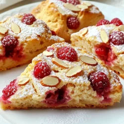 To make these raspberry almond scones, you will need: - 2 cups all-purpose flour - 1/2 cup granulated sugar - 1 tablespoon baking powder - 1/2 teaspoon salt - 1/4 cup cold unsalted butter, cubed - 1/2 cup heavy cream - 1/4 cup almond milk - 1 large egg - 1 teaspoon almond extract - 1 cup fresh raspberries - 1/4 cup sliced almonds (plus extra for topping) - 1 tablespoon coarse sugar for sprinkling (optional) Fresh ingredients make a big difference in your baking. They enhance flavor and texture. For example, fresh raspberries provide bright bursts of taste. The flavor from stale items will not shine through. Always use fresh almonds, butter, and milk. This ensures the best results for your scones. You can make some easy swaps if you need to. Here are a few ideas: - Use whole wheat flour for a nuttier taste. - Swap granulated sugar for brown sugar for more depth. - If you lack heavy cream, try using whole milk. It may change the texture slightly. - For a dairy-free version, use coconut cream instead of heavy cream. - You can use any berry, like blueberries, for a different flavor. These substitutions will keep your scones delicious while fitting your needs! Start by preheating your oven to 400°F (200°C). Line a baking sheet with parchment paper. This step helps the scones bake evenly and not stick. Next, take a large bowl. Add 2 cups of all-purpose flour, 1/2 cup of granulated sugar, 1 tablespoon of baking powder, and 1/2 teaspoon of salt. Use a whisk to mix these dry ingredients well. In another bowl, combine 1/2 cup of heavy cream, 1/4 cup of almond milk, 1 large egg, and 1 teaspoon of almond extract. Whisk these ingredients until they blend smoothly. Now, pour the wet mixture into the dry ingredients. Stir gently until just combined. Remember, don’t overmix! This keeps the scones light and fluffy. Now, turn the dough out onto a floured surface. Shape it into a circle about 1 inch thick. Then, use a sharp knife to cut the dough into 8 equal wedges. This makes it easy to separate them for baking. Transfer the cut scones to your prepared baking sheet, leaving about 2 inches between each one. For a lovely finish, sprinkle the tops with sliced almonds and coarse sugar. This adds a nice crunch. Bake the scones in your preheated oven for 18-20 minutes. They should turn golden brown. To check if they’re done, insert a toothpick into the center. If it comes out clean, they are ready. Let the scones cool on the baking sheet for 5 minutes. After that, move them to a wire rack to cool completely. Enjoy your delicious raspberry almond scones! To get a nice texture in your scones, keep your butter cold. Cold butter helps create flaky layers. I cut the butter into small cubes. This way, it mixes better with the flour. Use your fingers or a pastry cutter to blend the butter. Stop when the mix looks like coarse crumbs. Overmixing will make the scones tough, so stir gently. For more flavor, always use fresh ingredients. Choose ripe raspberries for a sweet burst in every bite. Almond extract adds a lovely nutty taste. I also like to sprinkle coarse sugar on top before baking. This gives a crunchy finish that contrasts nicely with the soft scone. Many people overmix the dough. This leads to dense scones instead of light ones. Also, avoid skipping the chilling time. If your dough is warm, the scones will spread too much. Lastly, watch the baking time. Each oven is different. Start checking your scones at 18 minutes to ensure they don't overbake. {{image_2}} You can change the flavor of your raspberry almond scones easily. Try adding lemon zest for a bright taste. You can also mix in dark chocolate chips for a rich twist. If you want some crunch, add chopped walnuts or pecans. Each of these choices adds a new layer of flavor and fun. If you need a gluten-free option, use a gluten-free flour blend. This blend should work well in place of all-purpose flour. Make sure it contains xanthan gum, which helps give the scones a nice texture. You can also add a bit of almond flour for a nutty taste. Frozen raspberries work great in this recipe. They save you time and avoid waste. When using frozen raspberries, do not thaw them first. Just fold them directly into the dough. This will keep the scones from turning too mushy. You might want to bake them a few minutes longer, as they can add extra moisture. To keep your baked raspberry almond scones fresh, store them in an airtight container. They will stay good for about two days at room temperature. If you want to keep them longer, place them in the fridge. They will last up to a week when chilled. To enjoy warm scones again, preheat your oven to 350°F (175°C). Place the scones on a baking sheet. Heat for about 5 to 10 minutes. You can also use a microwave. Just warm them for about 15-20 seconds. Be careful not to overheat them, or they may become tough. For longer storage, you can freeze the scones. First, let them cool completely. Then, wrap each scone in plastic wrap. Place the wrapped scones in a zip-top bag. They can stay in the freezer for up to three months. When you are ready to eat them, simply thaw in the fridge overnight, then reheat as needed. Yes, you can! Blueberries, strawberries, or blackberries work well. Just ensure the fruit is fresh or thawed if frozen. Cut larger fruits into smaller pieces to mix evenly. This way, every bite bursts with flavor. Serve them warm for the best taste. A dusting of powdered sugar adds sweetness. Pair with clotted cream or whipped butter for a rich touch. You can also enjoy them with jam or even a fruit spread. Look for a golden brown color on top. Insert a toothpick into the center; it should come out clean. If the toothpick has wet dough, bake a few minutes longer. The scones should feel firm yet soft. Yes, you can prepare the dough a day in advance. Wrap it tightly in plastic wrap and store it in the fridge. When ready to bake, shape it and cut the scones. This saves time and still gives you fresh scones! In this blog post, we covered how to make delicious raspberry almond scones. We discussed the fresh ingredients needed and why they matter. You learned step-by-step how to prepare the dough, mix, shape, and bake the scones. We also shared tips to get the best texture and flavor. You explored variations, including gluten-free options and how to store leftovers. Keep these key points in mind for a tasty treat, and don't be afraid to try new flavors. Happy baking!