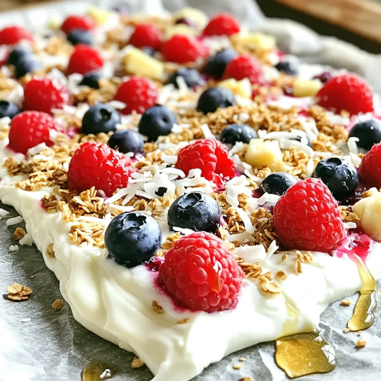 - 2 cups plain Greek yogurt - 2 tablespoons honey or maple syrup - 1 teaspoon vanilla extract - 1 cup mixed fresh berries (strawberries, blueberries, raspberries) - 1/2 cup shredded coconut (sweetened or unsweetened) - 1/4 cup granola or nuts (almonds or walnuts) - A pinch of sea salt To make Greek Yogurt Breakfast Bark, gather these fresh and tasty items. Start with 2 cups of plain Greek yogurt. This creamy base gives your bark a lovely texture and loads of protein. Next, choose your sweetener: honey or maple syrup. You need 2 tablespoons for a hint of sweetness. Add 1 teaspoon of vanilla extract for a warm flavor boost. Fresh mixed berries are a must! Use 1 cup of strawberries, blueberries, and raspberries. They add color and flavor. For extra crunch, grab 1/2 cup of shredded coconut. You can pick sweetened or unsweetened based on your taste. Then, choose 1/4 cup of granola or nuts like almonds or walnuts. They will add a nice crunch. Lastly, don't forget a pinch of sea salt. It enhances all the flavors. With these ingredients, you are set to create a delicious and healthy treat! First, get a mixing bowl. Add 2 cups of plain Greek yogurt. Then, add 2 tablespoons of honey or maple syrup. Next, pour in 1 teaspoon of vanilla extract. Finally, sprinkle in a pinch of sea salt. Mix all these together. Keep mixing until you have a smooth and creamy texture. Grab a baking sheet and line it with parchment paper. You can make a rectangle or square shape. Once lined, pour the yogurt mixture onto the sheet. Use a spatula to spread it evenly. Aim for about a 1/2 inch thickness. Now it’s time to add toppings. Start by sprinkling 1 cup of mixed fresh berries over the yogurt. Use strawberries, blueberries, and raspberries. Next, add 1/2 cup of shredded coconut. You can use sweetened or unsweetened based on what you like. Then, sprinkle in 1/4 cup of granola or nuts, like almonds or walnuts. Gently press the toppings into the yogurt to help them stick. Place your baking sheet in the freezer. Let it freeze for at least 4 hours. This allows the yogurt to set and become firm. Check it after a few hours to see if it has hardened enough. Once frozen solid, take the bark out of the freezer. Remove it from the baking sheet. Break it into pieces. You can serve it right away or store it in an airtight container in the freezer. Enjoy it for breakfast or as a tasty snack! To make your Greek yogurt breakfast bark smooth, focus on mixing. Combine the yogurt, sweetener, and vanilla well. This step helps avoid ice crystals. Ice crystals can ruin the smooth bite you want. For that creamy consistency, stick to full-fat Greek yogurt. Full-fat yogurt freezes better than low-fat. When you spread it thinly, it sets up nicely. Aim for about half an inch thick. Taste is key when it comes to sweetness. Start with the recipe's two tablespoons of honey or maple syrup. If it's not sweet enough, add a bit more. Always mix well after adding. If you prefer a sugar-free option, use stevia or monk fruit sweetener. Both give a nice sweetness without the extra calories. Serving your bark can be fun and creative. Break it into different shapes—squares or fun triangles. This makes it look more appealing. Add some fresh mint leaves on top for color. You can also drizzle a bit of honey or melted dark chocolate over it. These garnishes add not just taste, but also a pop of color. {{image_2}} You can mix things up by using different fruits. Try seasonal fruits like peaches in summer or apples in fall. Each fruit adds its own taste. Berries are great, but don't stop there! Experiment with flavor extracts too. Almond or coconut extract adds a nice twist. Just a drop changes the whole bark. Want to boost your nutrition? Add protein powder to your yogurt mix. It makes the bark more filling. You can use any flavor you like. Also, try incorporating seeds like chia or flaxseed. They add crunch and are full of good fats. These small changes make your treat even better. If you need dairy-free options, use coconut yogurt instead of Greek yogurt. It works well and tastes great. For a vegan version, swap honey for maple syrup. You can also make it gluten-free. Just choose gluten-free granola or nuts for toppings. These swaps keep everyone happy at the table. To keep your Greek Yogurt Breakfast Bark fresh, use an airtight container. This helps prevent freezer burn. I recommend wrapping each piece in plastic wrap before placing it in the container. This extra step keeps it safe and tasty. For long-term storage, you can freeze the bark for up to three months. Just remember to label your container with the date. To thaw your yogurt bark safely, move it from the freezer to the fridge. Let it sit there for about 30 minutes. This method keeps it cool and safe. If you need it quickly, you can leave it out for 10-15 minutes at room temperature. For serving, cut the bark into pieces while still slightly frozen. This makes it easier to handle and enjoy. In the freezer, Greek Yogurt Breakfast Bark lasts about three months. After this, it may lose flavor and texture. Always check for signs of spoilage. If you see ice crystals or a strange smell, it’s best to toss it out. Freshness is key to enjoying this treat! Greek Yogurt Breakfast Bark stays fresh in the freezer for about three months. To keep it at its best, store it in an airtight container. This way, it won’t get freezer burn. Yes, you can customize the toppings. Use any fruit you like, such as bananas, peaches, or even kiwi. You can also swap granola for nuts or seeds. This gives you a chance to create your favorite mix! Greek Yogurt Breakfast Bark is a healthy choice. It provides protein from the yogurt, fiber from the fruit, and healthy fats from nuts. The natural sweetness from honey or maple syrup keeps it tasty without added sugars. Absolutely! You can make Greek Yogurt Breakfast Bark ahead of time. Just freeze it for at least four hours. This makes it easy to grab a piece when you need a quick breakfast or snack. The best fruits for Greek Yogurt Breakfast Bark are mixed fresh berries. Strawberries, blueberries, and raspberries work great. You can also try seasonal fruits like peaches or cherries. They add color and flavor! Greek yogurt breakfast bark is easy to make and great for snacks or breakfast. In this post, we covered the main ingredients, step-by-step instructions, and ways to customize your bark. You can use different fruits and sweeteners for variety. Storing it correctly keeps it fresh, and knowing how to thaw it helps when you're ready to enjoy. Experiment with flavors and toppings to make it your own. This fun treat can fit into any diet or lifestyle, so give it a try!