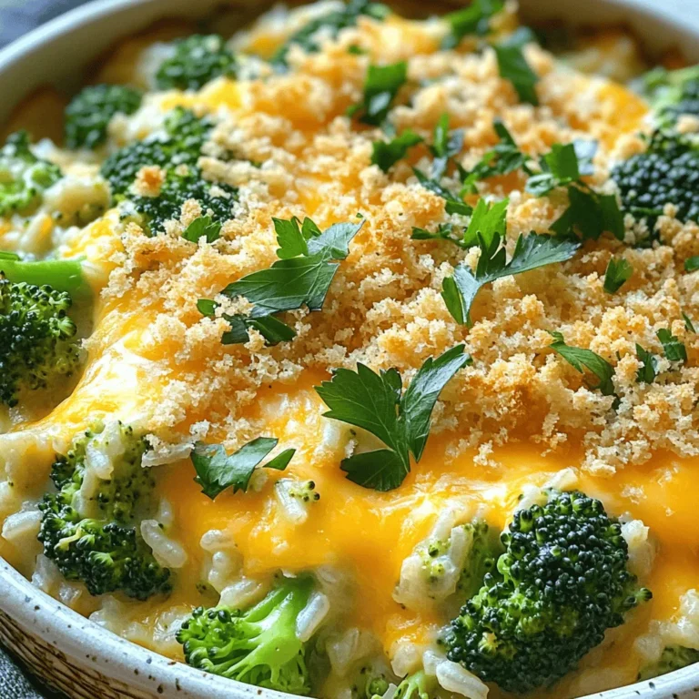 - 1 cup long-grain white rice - 2 cups fresh broccoli florets - 1 cup shredded sharp cheddar cheese - 2 cups vegetable broth - 1 cup milk - 1 medium onion, diced - 2 cloves garlic, minced - 1 teaspoon garlic powder - 1 teaspoon onion powder - 1 teaspoon paprika - Salt and pepper to taste The main ingredients of this dish are simple but vital. Long-grain white rice serves as the base. It cooks well and absorbs flavors. Fresh broccoli florets add color and nutrition. They also bring a nice crunch. Sharp cheddar cheese delivers that creamy, cheesy goodness we crave. Next, we need the additional ingredients. Vegetable broth adds depth and flavor. Milk makes the dish creamy. The onion and garlic give it a fragrant base. They work together to create a savory aroma as they cook. Finally, we have our spices and seasonings. Garlic powder and onion powder enhance the flavor. Paprika adds a hint of smokiness. Salt and pepper balance the taste, making this casserole a delight. Each ingredient plays a key role in creating a rich and satisfying dish. Start by heating olive oil in a large pot over medium heat. Add diced onion and sauté until it turns clear, about 3 to 4 minutes. This step builds flavor. Next, add minced garlic and cook it for one minute until you smell its rich aroma. Then, toss in the uncooked rice. Toast it lightly for 2 minutes while stirring. This step gives the rice a lovely nutty taste. Pour in 2 cups of vegetable broth and 1 cup of milk. Stir in garlic powder, onion powder, and paprika. Don't forget to season with salt and pepper. Bring the mixture to a gentle boil, then reduce the heat to low. Cover the pot with a lid and let it simmer for about 15 minutes. The rice will soak up most of the liquid and become tender. After 15 minutes, add the fresh broccoli florets. Stir gently to mix them in, then cover again. Cook for an additional 5 to 7 minutes. The broccoli should turn bright green and become tender. Once done, take the pot off the heat. Stir in 1 cup of shredded cheddar cheese until it melts and creates a creamy texture. Preheat your oven to 350°F (175°C). If you like a crunchy topping, sprinkle 1/2 cup of breadcrumbs evenly over the casserole. Transfer the pot to the oven or pour the mixture into a baking dish. Bake for 10 to 15 minutes until the top is golden and bubbly. Once baked, let it cool for a few minutes. You can garnish it with chopped parsley before serving. Enjoy your one-pot cheesy broccoli rice casserole! To get the best texture for your casserole, pay attention to cooking times. You can adjust the simmering time based on your stovetop. If your rice seems a bit hard, let it cook a few more minutes. Avoiding mushy rice is key. Make sure you follow the liquid ratios closely. If you add too much broth or milk, the rice can turn mushy. Keep an eye on it and stir gently. You can easily boost the flavor with some optional spices and herbs. Adding a pinch of cayenne or Italian seasoning can really make a difference. Fresh herbs, like thyme or basil, also add a lovely touch. Using different cheese varieties can change the taste too. Try mixing in mozzarella or gouda for a creamy twist. Each cheese brings its own flavor profile, so feel free to experiment. Choosing the right pot is important for one-pot cooking. A large, heavy-bottomed pot or Dutch oven works best. It helps heat evenly and prevents sticking. If you plan to bake the casserole, an oven-safe dish is a must. Look for glass or ceramic options. They distribute heat well and make serving easy. {{image_2}} You can easily add protein to your casserole. Adding cooked chicken or turkey gives it a hearty touch. Simply shred or dice the meat and mix it in before baking. If you're looking for a plant-based option, try adding tofu or legumes. Chickpeas or black beans work well and boost the protein content. Feel free to swap out the broccoli for other veggies. Cauliflower is a great choice; it has a similar texture and absorbs flavors well. You can also use spinach or kale. These greens add a nice color and extra nutrients. Just make sure to add them during the last few minutes of cooking to keep them vibrant. For gluten-free options, use gluten-free breadcrumbs. You can also replace regular broth with a gluten-free version. If you're looking for vegan adaptations, swap out the cheese and milk for plant-based alternatives. Nutritional yeast can add a cheesy flavor without dairy. This way, everyone can enjoy this tasty dish! Store your one-pot cheesy broccoli rice casserole in the fridge. Use an airtight container to keep it fresh. This helps stop moisture loss and prevents odors. Let the casserole cool before sealing it. Try to eat it within three to four days for the best taste. To freeze the casserole, let it cool completely. Transfer it to a freezer-safe container, leaving some space at the top. This space allows for expansion as it freezes. You can also divide it into smaller portions. When you're ready to eat, thaw it in the fridge overnight. Reheat it in the oven or microwave until it's hot all the way through. In the fridge, your casserole lasts about four days. Look for signs of spoilage like off smells or mold. If you see any of these, it's best to toss it. If frozen, it can last up to three months. Always check for quality before eating leftovers. Yes, you can make this casserole ahead of time. To prepare in advance, cook the casserole as directed. Once it's cool, cover it and place it in the fridge. You can keep it for up to three days. When ready to eat, reheat it in the oven until warm. This will keep the cheese melty and the rice fluffy. You can also assemble it without baking. Just cover the dish and store it in the fridge. Bake it when you are ready to serve. If you want to swap out cheddar cheese, there are great options. You can use mozzarella for a milder taste. Monterey Jack adds creaminess without being too sharp. For a tangy twist, try feta cheese. Vegan cheese is also a good choice for a dairy-free option. Just ensure it melts well. Each cheese will change the flavor slightly, but they all work well in this casserole. This dish is perfect for meal prep. You can make a big batch and divide it into portions. Store each portion in airtight containers. This makes it easy to grab and go during the week. For best quality, eat it within four days. You can also freeze portions for later. Just thaw overnight in the fridge before reheating. It’s a tasty and convenient meal option for busy days. This casserole recipe uses simple ingredients like rice, broccoli, and cheese. You learned how to prepare, cook, and bake the dish. Tips on texture and flavor help make it even better. You can add proteins or swap veggies to fit your taste. Remember to store leftovers properly to enjoy them later. Embrace this easy meal for family nights or meal prep adventures. It’s tasty, satisfying, and simple. Dig in and enjoy a dish made with love!