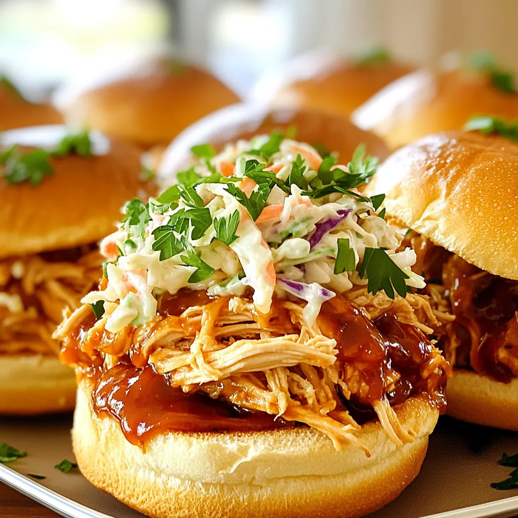 To make these tasty pulled chicken sliders, you will need: - 2 lbs boneless, skinless chicken breasts - 1 cup chicken broth - 1 cup barbecue sauce (your choice) - 1 tablespoon Worcestershire sauce - 1 teaspoon garlic powder - 1 teaspoon onion powder - 1/2 teaspoon smoked paprika - Salt and pepper to taste - 12 slider buns - Coleslaw (for topping) - Fresh parsley (for garnish) When picking chicken, look for fresh, high-quality cuts. Choose boneless and skinless breasts for the best texture. Check the color; it should be pink and moist. Avoid chicken that looks gray or smells off. If you can, buy organic or free-range chicken for better flavor. The sauce makes a big difference in flavor. You can use a sweet sauce like Kansas City style for a rich taste. A tangy vinegar-based sauce works well if you like a little bite. For spice, try a chipotle barbecue sauce. Don't be afraid to experiment with flavors. Pick one that excites your taste buds! To start, take 2 pounds of boneless, skinless chicken breasts. Season each piece well. Use salt, pepper, garlic powder, onion powder, and smoked paprika. Coat both sides. This seasoning adds flavor and depth. Now, place the seasoned chicken in your slow cooker. Pour in 1 cup of chicken broth. Add 1 tablespoon of Worcestershire sauce. Drizzle half of your barbecue sauce over the chicken. This keeps it moist and flavorful during cooking. Cover your slow cooker. Set it to low for 6 to 8 hours. If you're short on time, you can set it to high for 4 hours. The chicken should be tender and easy to shred. After cooking, take out the chicken. Use a cutting board for this. With two forks, shred the chicken into small pieces. Shredding makes it easier to mix with sauce later. Return the shredded chicken to the slow cooker. Add the remaining barbecue sauce. Stir well to coat the chicken. Let it warm on low for another 15 minutes. This step makes everything tasty and saucy. Time to build your sliders! Cut the slider buns in half. Place a generous amount of pulled chicken on the bottom half. Top it with coleslaw for some crunch. Finish with the bun top. You can also sprinkle fresh parsley for color. Enjoy your tasty sliders! For pulled chicken, boneless, skinless chicken breasts are best. They cook evenly and shred easily. You can also use thighs for more flavor. Thighs have a bit more fat, which adds richness to your sliders. Seasoning makes all the difference. I use garlic powder, onion powder, and smoked paprika. These spices add depth. Don’t forget salt and pepper! Taste the chicken once it's cooked. You can adjust the seasoning if needed. If you like heat, add some cayenne pepper too. Always check the slow cooker’s lid. A tight lid keeps moisture in. This helps the chicken stay tender. Set the cooker on low for best results. If you’re pressed for time, high works too. Just remember, low gives better texture! Sliders shine with toppings. Coleslaw adds crunch and freshness. You can also use pickles for tang. For extra flavor, drizzle more barbecue sauce on top. Fresh parsley brings color and a hint of taste. Serve warm, and your guests will love them! {{image_2}} You can switch up the flavor of your pulled chicken by using different sauces. Try a spicy chipotle sauce for a kick. Or use a honey mustard sauce for a sweet touch. A teriyaki sauce gives an Asian twist. The key is to choose what you enjoy. Each sauce changes the taste and feel of the sliders. Toppings can make a big difference. Coleslaw is classic, but you can get creative. Try adding sliced pickles for crunch. Avocado slices add creaminess. For a tangy bite, use jalapeños. You can even add cheese like cheddar or pepper jack. Mix and match toppings to find your favorite combo. If you like heat, add cayenne pepper to the chicken mix. For milder flavors, use less barbecue sauce. You can also serve hot sauce on the side. This way, everyone can spice their sliders as they like. Adjust the spice levels to suit your taste buds. Enjoy the process of finding the right balance for your meal! To keep your pulled chicken fresh, store leftovers in an airtight container. Make sure the chicken is cool before sealing. This helps prevent sogginess. Leftover chicken can stay good in the fridge for up to 3 days. For best taste, try to eat it sooner. Reheating is easy. You can use the microwave or the stovetop. If using a microwave, place the chicken in a bowl. Add a splash of broth or barbecue sauce to keep it moist. Heat in short bursts, stirring between, until warm. If on the stovetop, use a pan over low heat. Stir often and add a bit of sauce as needed. Freezing is a great way to save pulled chicken for later. First, let the chicken cool completely. Then, place it in a freezer-safe bag or container. Remove as much air as possible before sealing. You can freeze it for up to 3 months. When ready to eat, thaw it in the fridge overnight before reheating. Yes, you can use frozen chicken. Just add an extra hour to cooking time. Make sure to check that the chicken is fully cooked before shredding. This helps keep the chicken juicy and tasty. Leftovers last about three to four days in the fridge. Store them in an airtight container to keep them fresh. You can also freeze the pulled chicken for up to three months. Just thaw it in the fridge before reheating. These sliders go great with coleslaw or potato chips. You can also serve them with pickles or a fresh salad. Feel free to add extra barbecue sauce for dipping. This makes the meal even more fun. Yes, you can make this recipe ahead of time. Cook the chicken and store it in the fridge. You can assemble the sliders right before serving. This makes it easy for parties or busy weeknights. In this blog post, we explored how to make pulled chicken sliders step by step. We covered ingredient choices, slow cooker tips, and ways to serve them. Remember, picking the right chicken and sauce can elevate your dish. Don't forget to try different toppings and sauces for variety. Storage tips ensure your leftovers stay fresh. With these methods, you can enjoy delicious sliders anytime. So, gather your ingredients and start cooking your flavorful pulled chicken sliders today!