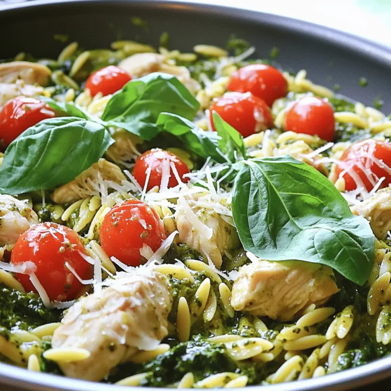 - 2 tablespoons olive oil - 1 pound boneless, skinless chicken breasts, diced - Salt and pepper to taste - 1 small onion, finely chopped - 3 cloves garlic, minced - 1 cup orzo pasta - 4 cups chicken broth - 1 cup heavy cream - 1/2 cup pesto (store-bought or homemade) - 1 cup cherry tomatoes, halved - 1 cup spinach, roughly chopped - 1/2 cup grated Parmesan cheese - Fresh basil leaves for garnish - Olive Oil: This is your cooking fat. It adds flavor and helps cook the chicken. - Chicken Breasts: Boneless and skinless chicken is easy to cook and very tender. - Orzo Pasta: This small pasta cooks quickly and absorbs flavors well. - Heavy Cream: This makes the dish rich and creamy, adding a nice texture. - Pesto: This sauce gives your dish a fresh, herby taste. You can use store-bought or make your own. - Spinach: This adds color and nutrition. It wilts down but keeps its flavor. - Parmesan Cheese: This cheese adds a salty kick and enhances the dish's creaminess. - Olive Oil: You can use canola oil or butter if you prefer. - Chicken: Swap chicken for tofu or chickpeas for a vegetarian dish. - Orzo: Try small pasta shapes like rice or quinoa for a different texture. - Heavy Cream: Use coconut cream or a milk alternative for a lighter option. - Pesto: If you want a different flavor, try sun-dried tomato spread instead. - Spinach: Kale or Swiss chard can also work well in this dish. Start by gathering all your ingredients. You need: - 2 tablespoons olive oil - 1 pound boneless, skinless chicken breasts, diced - Salt and pepper to taste - 1 small onion, finely chopped - 3 cloves garlic, minced - 1 cup orzo pasta - 4 cups chicken broth - 1 cup heavy cream - 1/2 cup pesto - 1 cup cherry tomatoes, halved - 1 cup spinach, roughly chopped - 1/2 cup grated Parmesan cheese - Fresh basil leaves for garnish Make sure to wash your veggies and slice them. This makes cooking faster and easier. In a large pot, heat the olive oil on medium-high. Add the diced chicken. Season it with salt and pepper. Cook until it is browned and no longer pink, about 5 to 7 minutes. Once done, take the chicken out and set it aside. In the same pot, toss in the chopped onion and minced garlic. Sauté them for 2 to 3 minutes until the onion is soft and clear. This adds great flavor to your dish. Next, add the orzo pasta to the pot. Stir it for a minute until it looks a bit toasted. Then, pour in the chicken broth. Bring it to a boil and lower the heat to a simmer. Cook for about 8 to 10 minutes, stirring now and then, until the orzo is just right. Once the orzo is cooked, stir in the heavy cream and pesto until everything blends well. Add the chicken back to the pot along with the cherry tomatoes, spinach, and grated Parmesan cheese. Mix it all until the spinach wilts and everything is warm. Taste your dish. If needed, add more salt and pepper. Serve hot, topped with fresh basil leaves and extra Parmesan if you like. Enjoy your creamy pesto chicken orzo! To get that rich creaminess, use heavy cream. It blends well with pesto. Stir it in slowly to keep it smooth. If you want a lighter version, try half-and-half. This keeps the dish creamy but reduces fat. Cook the orzo until it is al dente, about 8-10 minutes. Stir it often to prevent sticking. If overcooked, it can turn mushy. Check the pasta a minute early. This way, you ensure the perfect bite. Add vegetables like spinach and cherry tomatoes towards the end. This helps them stay bright and fresh. Cook them just enough to wilt or soften. For extra flavor, sauté garlic with the onions first. This adds depth without overpowering the dish. {{image_2}} You can easily make this dish gluten-free. Swap the orzo for gluten-free pasta. Many brands offer options that work well. Just check the cooking time on the package. You might need to adjust the broth slightly for the best texture. For a vegetarian twist, leave out the chicken. Use chickpeas or tofu instead for protein. Cook them in the pot with the garlic and onion. You can also add more veggies, like bell peppers or zucchini, for added flavor. Want to boost the flavor? Add lemon juice for brightness. A sprinkle of red pepper flakes gives heat. For a smoky touch, include sun-dried tomatoes. Fresh herbs like parsley or thyme can add depth, too. Mix and match these ideas to create your perfect dish! To store leftover One Pot Creamy Pesto Chicken Orzo, let it cool first. Transfer the dish to an airtight container. Make sure to seal it well to keep out air. Store it in the fridge for up to three days. This will help keep the flavors fresh and tasty. If you want to save it for longer, consider freezing. When you’re ready to eat the leftovers, you can reheat them easily. Place the orzo in a pot over low heat. Add a splash of chicken broth or water to help it warm up. Stir it gently to heat evenly. You can also use a microwave. Just cover the bowl and heat in short bursts, stirring in between. This will keep your dish creamy and delicious. If you want to freeze One Pot Creamy Pesto Chicken Orzo, it’s simple. Portion the dish into freezer-safe containers. Leave some space at the top for expansion. You can freeze it for up to three months. When you’re ready to enjoy it, thaw it in the fridge overnight. Then, reheat it using the instructions above. This way, you’ll have a quick meal ready whenever you want! Yes, you can use other pasta types. I recommend small shapes like ditalini or fusilli. They cook well and mix nicely with the sauce. Just ensure to adjust the cooking time. The cooking time may vary based on the pasta you choose. You can replace heavy cream with half-and-half or whole milk. For a lighter version, use Greek yogurt mixed with a little water. This gives creaminess while cutting the fat. Another option is coconut milk for a dairy-free choice. This dish stays good in the fridge for about 3-4 days. Store it in an airtight container. When you reheat, add a splash of broth to keep it creamy. Enjoy your leftovers for a quick meal! This blog post covered the main steps to create a delicious dish, from ingredients to storage. We explored key ingredients, discussed cooking methods, and shared helpful tips. You now have options for variations and answers to common questions. Every cook can find joy in this recipe. Whether you need to store leftovers or swap ingredients, you have the tools. Experiment and make this dish your own. Happy cooking!