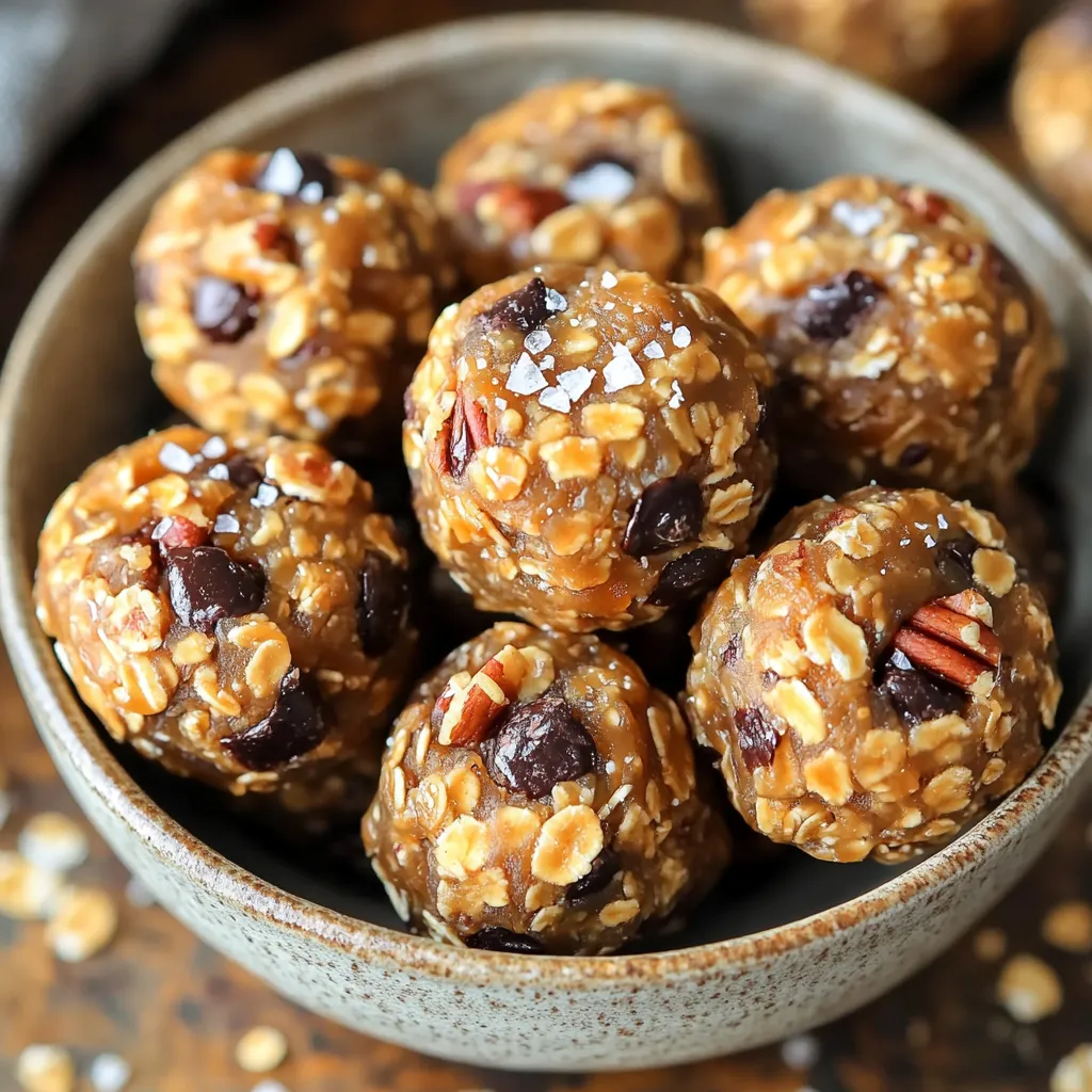 - 1 cup pitted Medjool dates - 1 cup rolled oats - 1/2 cup almond butter (or any nut butter of choice) - 1/4 cup maple syrup - 1 teaspoon vanilla extract - 1/2 teaspoon sea salt (plus extra for topping) - 1/4 cup dark chocolate chips (optional) - 1/4 cup chopped pecans (or your choice of nuts) These ingredients are simple but pack a punch! Medjool dates give a sweet caramel taste. Rolled oats add great texture and fiber. Almond butter or any nut butter brings creaminess and healthy fats. Maple syrup adds a natural sweetness. Vanilla extract enhances all the flavors. Sea salt balances the sweetness and gives that salted caramel touch. Dark chocolate chips add a fun twist, while pecans or your favorite nuts provide crunch. Caloric Breakdown Each energy bite has about 100 calories. This makes them a great snack for energy without overload. Macronutrient Content - Protein: 3g - Carbohydrates: 12g - Fats: 5g These bites are tasty and nutritious. They offer a mix of carbs for energy, protein for muscle support, and healthy fats. Enjoy them as a snack or quick boost before a workout! Soaking the Medjool dates is the first step. Start by placing the pitted dates in hot water for about 10 minutes. This softens them, making them easier to blend. After soaking, drain the water and set the dates aside. Next, measure all your ingredients accurately. You will need: - 1 cup pitted Medjool dates - 1 cup rolled oats - 1/2 cup almond butter (or any nut butter of choice) - 1/4 cup maple syrup - 1 teaspoon vanilla extract - 1/2 teaspoon sea salt (plus extra for topping) - 1/4 cup dark chocolate chips (optional) - 1/4 cup chopped pecans (or your choice of nuts) Having everything ready saves time and makes cooking fun. Now it's time to mix. Grab your food processor and add the soaked dates, rolled oats, almond butter, maple syrup, vanilla extract, and sea salt. Pulse the mixture until it becomes a sticky dough. If it looks too crumbly, you can fix it. Just add one more tablespoon of almond butter or maple syrup. Then, include the dark chocolate chips and chopped pecans. Pulse a few more times to mix them in evenly. Next, form the energy bites. Use your hands to scoop out small amounts of the mixture. Roll each portion into a ball about 1 inch wide. Place the rolled bites on a parchment-lined baking sheet. They should have some space between them. Finally, sprinkle a tiny pinch of sea salt on top of each bite. This adds that delicious salted caramel taste. After forming the bites, refrigerate them for at least 30 minutes. This helps them firm up and makes them easier to eat. To get the right dough, you may need to adjust the consistency. If your mix is too dry, add a tablespoon of almond butter or maple syrup. This helps bind the ingredients better. If your dough is too wet, just add more oats. It’s all about balance! Sticky hands can be a problem when rolling the bites. To help, wet your hands with a little water. This simple trick makes rolling easier and keeps the mixture from sticking. You can also use a small scoop to form the bites. It makes the process cleaner and faster. To boost the flavor, think about adding spices. A pinch of cinnamon or a dash of nutmeg can add warmth. If you want a richer taste, try adding a splash of almond extract. Each option can change the taste and make it special. Using different nut butters can also change the flavor. Swap almond butter for peanut butter to add a bit of saltiness. Cashew butter offers a creamy taste, while sunflower seed butter works for nut allergies. Each choice gives you a unique twist on these bites. When it comes to serving, think outside the box! Place the energy bites in a small bowl or on a colorful plate. For a chic look, sprinkle extra sea salt on top of each bite. This not only looks nice but adds a nice salty crunch. You can also arrange the bites on a wooden board for a rustic vibe. Pair them with fresh fruit or dark chocolate pieces for added flair. This makes your snack table more inviting and fun! {{image_2}} You can change the nuts in these bites. Use cashews, walnuts, or sunflower seeds. Each nut gives a different taste and texture. If you need a nut-free option, use seeds like pumpkin or hemp instead. They add protein and crunch without allergens. Try different sweeteners to change the taste. Honey or agave syrup can work well instead of maple syrup. For a health boost, add superfoods like chia seeds or hemp hearts. Protein powder can also add nutrition. Choose your favorite flavor to make these bites even better. Adjust the ingredients based on the season. In fall, add pumpkin spice or dried cranberries. For summer, try fresh berries or coconut flakes. You can even make them festive with peppermint extract around the holidays. Tailor your bites to fit any occasion or mood! Keep your energy bites in the fridge for the best flavor. Use an airtight container. This helps them stay fresh longer. They last about one week in the fridge. If you see any signs of spoilage, toss them out. You can freeze these energy bites for later. To freeze, place them in a single layer on a tray. After they freeze solid, move them to a freezer bag. This keeps them fresh and easy to grab. When you're ready to eat, take out a few bites. Let them thaw in the fridge for a few hours. They taste great chilled or at room temperature. Use glass or plastic containers with tight lids. This helps keep moisture out. Avoid using paper bags or loose containers. They can let air in and cause spoilage. For extra protection, line your container with parchment paper. Enjoy your tasty snacks anytime you need a quick energy boost! Yes, you can use other dates. Medjool dates are soft and sweet. If you can't find them, try Deglet Noor dates. They are drier but still work well. You may need to soak them longer to soften. Always check for pits and remove them before using. Absolutely! All the ingredients in these bites are vegan. Medjool dates, oats, almond butter, and maple syrup are plant-based. You can swap almond butter with any nut or seed butter. Just make sure they are also vegan. This recipe is perfect for anyone following a vegan diet. These energy bites stay fresh for about one week in the fridge. Store them in an airtight container. For longer storage, you can freeze them for up to three months. Just let them thaw in the fridge before eating. This way, you always have a tasty snack on hand! This blog post shared a simple recipe for energy bites, focusing on easy ingredients and clear steps. You learned how to make delicious snacks using dates, oats, and nut butter. We also covered ways to customize flavors and store your bites for freshness. In conclusion, these energy bites offer a tasty and healthy option for snacks. Experiment with your favorite ingredients and enjoy the benefits of a homemade treat. Keep them on hand, and you’ll always have a quick boost when you need it.