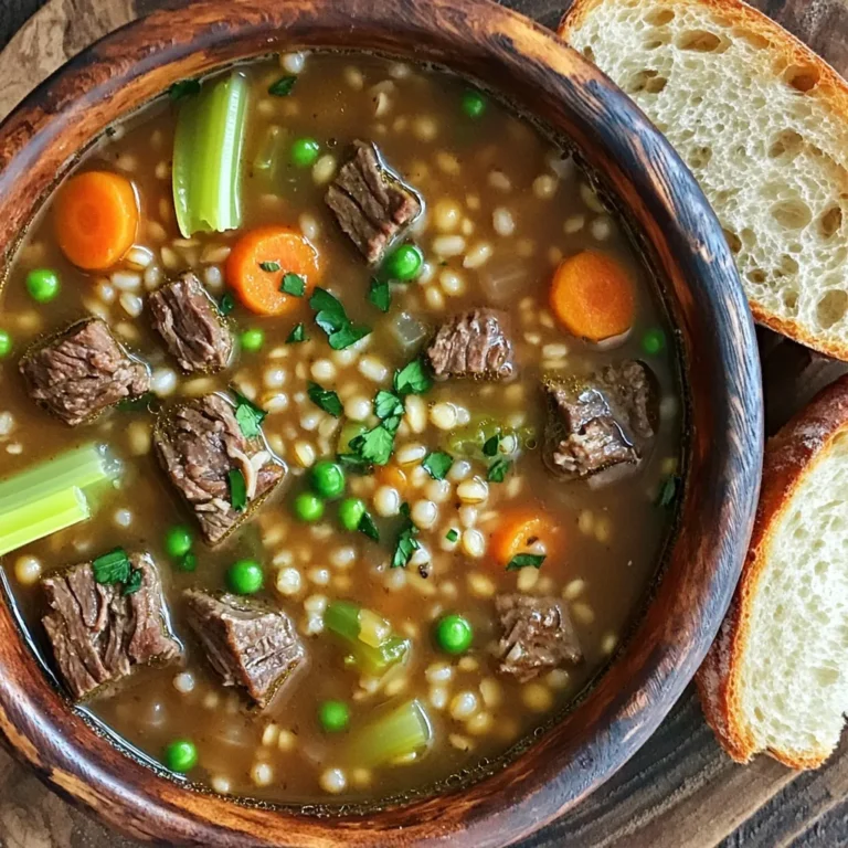 - 1 pound beef chuck, cut into 1-inch cubes - 4 cups beef broth - 2 cups water - 1 medium onion, diced - 2 carrots, sliced - 2 celery stalks, sliced - 3 cloves garlic, minced - 1 cup pearl barley - 1 teaspoon dried thyme - 1 teaspoon dried rosemary - 1 bay leaf - Salt and pepper to taste - 1 tablespoon olive oil - 1 cup frozen peas (optional for added freshness) - Chopped fresh parsley for garnish When I create this soup, I focus on the quality of the ingredients. I choose beef chuck because it's tender and flavorful. The beef broth provides a rich taste, while the water helps balance the flavors. The pearl barley adds a hearty texture that makes this soup filling. For the vegetables, I like to use fresh onion, carrots, and celery. They add sweetness and depth. Garlic is a must for that savory kick. Fresh herbs bring brightness to the dish, so I always include thyme and rosemary. The bay leaf enhances the taste even more. I finish the soup with a sprinkle of fresh parsley. It adds color and freshness. If I want some extra sweetness, I stir in frozen peas right at the end of cooking. This soup is all about layers of flavor, and each ingredient plays a key role in making it special. Browning the Beef To start, heat one tablespoon of olive oil in a large skillet over medium-high heat. Cut your beef chuck into 1-inch cubes. Once the oil is hot, add the beef cubes. Sear them for about 5-6 minutes until they are brown on all sides. This step makes the beef taste rich and adds great flavor to the soup. Transferring to the Slow Cooker After browning the beef, transfer it directly to your slow cooker. This keeps the tasty bits and juices that will enhance your soup. Adding the Vegetables Next, it’s time to add your vegetables. Dice one medium onion and slice two carrots and two celery stalks. Place all these veggies in the slow cooker with the beef. They will add sweetness and texture to the soup. Incorporating Seasonings and Barley Now, add 1 cup of pearl barley, 1 teaspoon of dried thyme, 1 teaspoon of dried rosemary, and a bay leaf. Don’t forget to sprinkle in salt and pepper to taste. Stir everything gently to mix the flavors well. Setting the Cooker Pour in 4 cups of beef broth and 2 cups of water. This creates a rich base for your soup. Cover the slow cooker with its lid. Set it to low heat for 6-8 hours or high heat for 3-4 hours. Timing for Tender Beef and Barley The goal is to cook until the beef is tender and the barley is soft. Keep an eye on the time. You want those flavors to meld together perfectly. Adding Frozen Peas About 15 minutes before serving, stir in 1 cup of frozen peas if you want an extra pop of color and freshness. This adds a nice crunch and a bright flavor. Adjusting Seasoning Finally, taste your soup. If it needs more flavor, adjust with extra salt and pepper. This ensures every bowl is packed with deliciousness. Alternatives to Fresh Herbs If you don’t have fresh herbs, use dried ones. They work great in this soup. Dried thyme and rosemary add depth. Use about one-third of the amount of dried herbs compared to fresh. This change keeps the flavor strong. Searing Tips for Better Depth Searing the beef is key. It creates a rich flavor in the soup. Heat your skillet over medium-high heat. Add olive oil and then the beef. Brown the meat for about 5-6 minutes. This step makes your soup taste amazing. Slow Cooker vs. Instant Pot Using a slow cooker gives you rich flavors. It cooks low and slow for 6-8 hours. An Instant Pot cooks faster, about 1 hour at high pressure. Both methods work well. The slow cooker is best for deep flavor. How to Know When It’s Done Check the beef and barley. The beef should be tender, and the barley should be soft. If you can easily break the beef with a fork, it’s ready. Taste the soup before serving. Adjust salt and pepper if needed. {{image_2}} You can easily switch the beef chuck for other meats. Try using chicken thighs or turkey. Both work great and add a lighter flavor. For a hearty twist, use lamb or pork. Each meat brings its own taste to the soup. Seasonal vegetables can also change your soup. In spring, add fresh asparagus or peas. Summer is perfect for zucchini or bell peppers. In fall, use squash or sweet potatoes. Winter vegetables like root veggies can add warmth and depth, too. For gluten-free options, swap pearl barley with quinoa or rice. Both add texture and keep the soup hearty. Ensure you use gluten-free broth as well. If you want low-sodium soup, choose low-sodium broth. You can control the salt by adding it later. Fresh herbs can also add flavor without the salt. This keeps your soup tasty and healthy. - Best Practices for Refrigeration: Let the soup cool first. Pour it into an airtight container. Store it in the fridge for up to three days. This keeps flavors fresh and safe to eat later. - Freezing Tips for Longer Storage: You can freeze this soup too! Use freezer-safe containers. Leave some space at the top for expansion. It will stay good for about three months. Thaw it in the fridge before reheating. - Methods to Reheat Without Compromising Flavor: For the best taste, reheat on the stove over medium heat. Stir often until it’s hot. If you use a microwave, heat in short bursts. Stir between each burst to warm evenly. This way, your soup stays creamy and rich! You can use other cuts of meat. Here are some options: - Brisket: This cut adds a rich flavor. - Round Roast: It is leaner but still works well. - Short Ribs: These will give you a tender bite. If you're looking for vegetarian options, try these: - Mushrooms: They add a nice umami flavor. - Beans: Use black beans or kidney beans for protein. - Tofu: Firm tofu can soak up the soup's flavors. Yes, you can make this soup ahead of time. Here are some meal prep tips: - Cook the Soup: Follow the recipe and let it cool. - Store in Containers: Use airtight containers to keep it fresh. - Refrigerate: It will last in the fridge for up to 3 days. - Freeze for Later: You can freeze it for up to 3 months. Just thaw it overnight before reheating. You can use a few techniques for a heartier consistency: - Cornstarch Slurry: Mix cornstarch with water and stir it in while cooking. - Blend Some Soup: Use an immersion blender to puree a portion and mix it back. - Add More Barley: This will absorb more liquid and thicken the soup. - Mash Vegetables: After cooking, mash some of the carrots or potatoes for added thickness. This article covered key steps to make a hearty beef soup. We discussed essential ingredients, including beef, veggies, and seasonings. You learned how to prep the beef and layer in the other ingredients. I shared tips for enhancing flavor and storage advice to keep leftovers fresh. Remember, you can make variations based on your diet or ingredients on hand. Making soup is simple and rewarding. Enjoy crafting your dish with the methods we explored. Happy cooking!