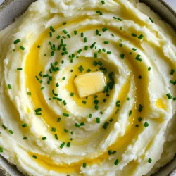 - 2 pounds Russet potatoes - 4 cloves garlic - 1/2 cup unsalted butter - 1 cup heavy cream - 1/2 cup sour cream - Salt and pepper - 1/4 cup fresh chives What is the best type of potatoes for mashing? I recommend using Russet potatoes. They have a high starch content. This helps them become fluffy and creamy when mashed. You can also use Yukon Gold for a buttery flavor. Why is it important to use unsalted butter? Unsalted butter gives you control over the salt in your dish. It allows you to season your mashed potatoes just right. This way, you can adjust salt to your taste. What are some alternatives to heavy cream and sour cream? You can use half-and-half instead of heavy cream. For sour cream, plain Greek yogurt works well. Both options will still keep your potatoes creamy. Start by placing the quartered potatoes in a large pot. Cover them with cold water. Add a pinch of salt to enhance the flavor. Bring the pot to a boil over medium-high heat. Once the water boils, reduce the heat to medium-low. Let the potatoes simmer for about 15 to 20 minutes, or until they are fork-tender. To check for doneness, simply pierce a potato with a fork. If it goes in easily, the potatoes are ready. Drain the potatoes in a colander, then return them to the pot. This helps steam off any extra water. Now, let’s make the garlic butter. In a small saucepan, melt the unsalted butter over low heat. Once the butter melts, add the minced garlic. Sauté the garlic for about 2 to 3 minutes. You want it to be fragrant but not browned. This step releases the garlic's full flavor. Remove the saucepan from heat and set it aside. Next, we will mash the potatoes. Use a potato masher or a ricer for a smooth texture. Mash the potatoes until they are creamy. Pour in the melted garlic butter, heavy cream, and sour cream. Mix everything gently until fully combined. For the best results, be careful not to over-mix. This can make the potatoes gummy. Season with salt and pepper to taste, adjusting as needed. Finally, transfer the mashed potatoes to a serving bowl. Garnish with freshly chopped chives for a burst of color. Enjoy your creamy garlic butter mashed potatoes! To get the best creamy texture for your mashed potatoes, use a potato ricer or a traditional masher. A ricer makes them super smooth. If you use a masher, be sure to mash gently. Over-mashing can make them gummy. To avoid gummy potatoes, choose the right potatoes. Russet potatoes are the best choice. They have a high starch content, which gives a light and fluffy texture. Always start with cold water when boiling them. This helps cook them evenly. For added flavor, consider mixing in fresh herbs or spices. Chives, garlic powder, or even a hint of nutmeg can make a big difference. Start with small amounts and taste as you go. Adjust the seasoning to suit your palate. Salt and pepper should enhance the taste, not overpower it. When serving your mashed potatoes, use a large bowl for a beautiful display. Create a small well in the center and drizzle melted butter inside. This adds a nice touch. Sprinkle fresh chives over the top for color and freshness. This simple garnish makes your dish look inviting. {{image_2}} You can easily change the taste of creamy garlic butter mashed potatoes. One simple way is to add cheese. Cheddar or Parmesan can give a rich, savory touch. Just fold in a cup of shredded cheese before serving. It melts in beautifully. Roasted garlic is another tasty twist. Instead of raw garlic, roast whole cloves until soft and sweet. Mash them into the potatoes for a deeper flavor. This method adds richness and makes the dish even more special. If you want a vegan version, swap out the butter and cream. Use plant-based butter and coconut cream instead. They work well and still taste great. You can also find dairy-free sour cream for extra creaminess. For a gluten-free version, you’re in luck! This recipe is already gluten-free. Just make sure to check your ingredient labels. Some butter brands may add gluten for flavor. Try adding fresh herbs for a fun twist. Chives give a light onion flavor, but you can also use rosemary or thyme. These herbs bring unique tastes from different cultures. You can mix in local favorites too. In the South, adding some crispy bacon gives a smoky touch. In Italy, a sprinkle of truffle oil can elevate the dish to gourmet status. Each change makes the mashed potatoes a unique experience. To store your creamy garlic butter mashed potatoes, place them in an airtight container. This keeps them fresh. Make sure they cool completely before sealing. In the fridge, they last about three to five days. Always reheat them well before serving. You can freeze mashed potatoes for future meals. Use a freezer-safe container, leaving some space at the top. This allows for expansion as they freeze. To thaw, move them to the fridge overnight. Reheat in a pot over low heat or use a microwave. Add a splash of cream or milk to help restore texture and flavor. Leftover mashed potatoes can be very useful. You can turn them into potato pancakes or croquettes. Mix in some cheese and herbs for added taste. Another fun idea is to use them as a topping for shepherd’s pie. The options are endless, and they help reduce food waste! Russet potatoes are the best choice. They are starchy and fluffy when cooked. This texture makes them perfect for creamy mashed potatoes. Yukon Gold potatoes also work well, giving a richer flavor. Yes, you can prepare them ahead. Make the mashed potatoes and keep them warm in a slow cooker. You can also store them in the fridge for up to two days. Just reheat gently with a bit of milk or cream. If your mashed potatoes are too dense, add more liquid. You can use milk, cream, or even broth. Stir gently until you achieve the desired creaminess. Avoid overmixing, as this can make them gummy. You can use whole milk or half-and-half for a lighter option. For a dairy-free choice, try unsweetened almond milk or coconut cream. These will still give a nice texture but with fewer calories. In this blog post, we explored how to create the perfect garlic mashed potatoes. We discussed essential ingredients, including potatoes, garlic, butter, and cream. You learned step-by-step instructions for preparing, mashing, and maximizing flavor. I shared tips for achieving creaminess and presented various ways to customize your dish. Remember, perfecting mashed potatoes takes practice. Adjust recipes to fit your taste and enjoy the process. With these guidelines, you can impress anyone at your table!